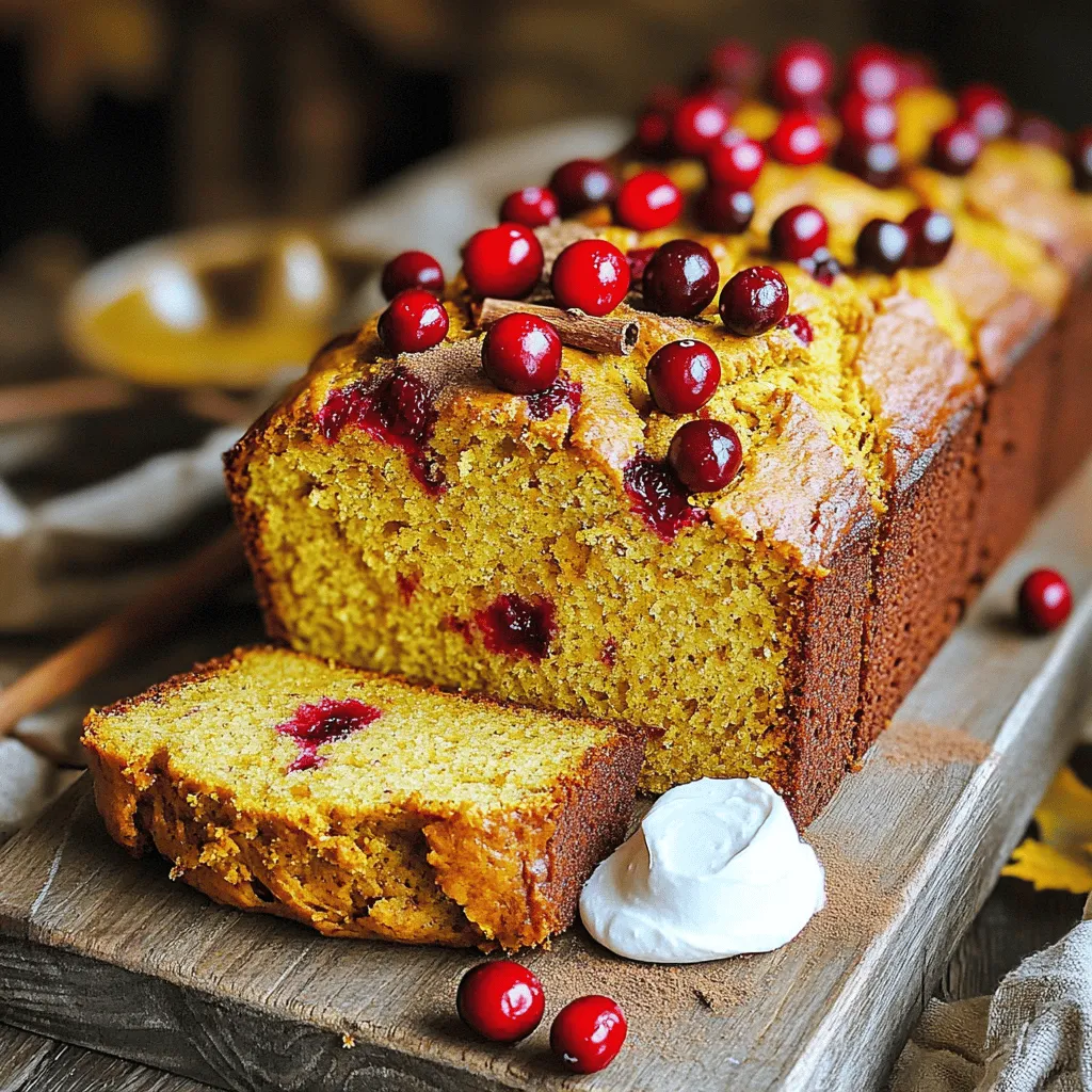 - 1 ½ cups all-purpose flour - 1 teaspoon baking powder - 1 teaspoon baking soda - ½ teaspoon salt - 1 teaspoon ground cinnamon - ½ teaspoon ground nutmeg - ½ cup granulated sugar - ½ cup packed brown sugar - ½ cup vegetable oil - 2 large eggs - 1 cup canned pumpkin puree - 1 teaspoon vanilla extract - 1 cup fresh or dried cranberries - ½ cup chopped walnuts or pecans (optional) You can add chopped apples or pears for a fruity twist. A touch of maple syrup can enhance the sweetness. You might also consider adding a pinch of ginger for a warm spice kick. When selecting cranberries, look for bright, firm berries. Avoid any that are soft or shriveled. For pumpkin puree, choose a brand without added sugars or spices. If using fresh nuts, make sure they are unsalted and not stale for the best taste. First, preheat your oven to 350°F (175°C). This step warms the oven and prepares it for baking. Next, grease a 9x5 inch loaf pan. Use butter or non-stick spray to prevent sticking. This will help keep our bread intact after baking. Now, gather your dry ingredients. In a medium bowl, whisk together the flour, baking powder, baking soda, salt, cinnamon, and nutmeg. Mix until everything is well combined. Set this bowl aside for later. In a large mixing bowl, combine the granulated sugar, brown sugar, and vegetable oil. Use a whisk or electric mixer to blend these until smooth. This creates a rich base for our bread. Next, add the eggs, one at a time. Make sure to mix well after each egg. This helps create a light texture. Once the eggs are mixed in, add the pumpkin puree and vanilla extract. Stir gently to combine these wet ingredients. Now, it’s time to combine our mixtures. Gradually fold the dry ingredients into the wet mixture. Stir gently until just combined. Avoid overmixing, as this can lead to dense bread. Finally, fold in the cranberries and nuts if you choose to use them. Make sure they are evenly spread throughout the batter without overworking it. Pour the batter into your prepared loaf pan. Smooth the top with a spatula for an even surface. Place the pan in the preheated oven. Bake for 60 to 70 minutes. The bread is ready when a toothpick inserted in the center comes out clean. If the top browns too fast, cover it loosely with aluminum foil. Once baked, let the bread cool in the pan for about 10 minutes. After that, carefully remove it from the pan. Place it on a wire rack to cool completely. This step helps the bread maintain its texture and flavor. Enjoy your baking adventure! When making pumpkin cranberry bread, avoid these common pitfalls: - Overmixing the batter: This can lead to tough bread. Mix until just combined. - Skipping the greasing step: Always grease your pan. This prevents sticking. - Not measuring ingredients correctly: Use measuring cups for accuracy. This affects texture and taste. To achieve a light and fluffy texture, follow these tips: - Use room temperature eggs: This helps them mix better with your wet ingredients. - Fold gently: When adding dry ingredients, fold carefully. This keeps air in the batter. - Check your oven temperature: Use an oven thermometer. An accurate temp ensures even baking. If you have extra ingredients, try these ideas: - Pumpkin puree: Add it to smoothies or oatmeal for a tasty boost. - Cranberries: Use them in salads or mix them into yogurt for a sweet treat. - Nuts: Chop leftover walnuts or pecans for topping on salads or adding to granola. These tips will help you create a delicious pumpkin cranberry bread that everyone will love! {{image_4}} If you have dietary needs, you can modify this recipe. Here are some easy swaps: - Flour: Use gluten-free flour if you need it gluten-free. - Sugar: Substitute coconut sugar or a sugar alternative for a lower-calorie option. - Eggs: Replace eggs with flaxseed meal mixed with water for a vegan choice. - Oil: Use applesauce instead of oil for a lighter bread. These changes keep the delicious flavor while meeting your needs. Want to make this bread unique? Try these flavor ideas: - Chocolate Chips: Add ½ cup of dark chocolate chips for a sweet twist. - Zest: Mix in orange or lemon zest for a bright flavor kick. - Spices: Experiment with ginger or allspice for more warmth. - Nuts: Use pecans or hazelnuts instead of walnuts for different textures. These options can turn your pumpkin cranberry bread into a new favorite. You can adapt this bread for any holiday. Here are some festive ideas: - Thanksgiving: Add a pinch of clove or cardamom for a warm, spiced touch. - Christmas: Mix in chopped dried fruits like apricots or figs for a holiday feel. - Easter: Include lemon or lime zest to brighten up the flavor for spring. These variations keep your pumpkin cranberry bread fresh and exciting all year round. Store your pumpkin cranberry bread in a cool, dry place. Wrap it tightly in plastic wrap or foil. This keeps it fresh and moist. You can also place it in an airtight container. Avoid storing it in the fridge, as this can make it dry out faster. To freeze pumpkin cranberry bread, let it cool completely. Wrap the loaf in plastic wrap tightly. Then, wrap it again in aluminum foil. This two-layer method prevents freezer burn. You can freeze it for up to three months. When ready to eat, thaw it in the fridge overnight. Then, enjoy it at room temperature or toast slices. Pumpkin cranberry bread lasts about 4 to 5 days at room temperature. If you see mold or it smells off, it is time to toss it. If the crust feels hard or the bread seems dry, it may not taste good. Always check for these signs before enjoying another slice. Yes, you can use fresh cranberries! Fresh cranberries give a tart flavor to the bread. They also add a nice pop of color. Just wash them and chop them in half before adding to the batter. If you use fresh cranberries, your bread will taste a bit more tangy. You might want to add a bit more sugar to balance the flavors. To make this recipe gluten-free, swap the all-purpose flour for a gluten-free flour blend. Use a blend that includes xanthan gum, which helps the bread rise and stay together. You may need to adjust the liquid slightly, as gluten-free flour can absorb more moisture. Be sure to check the baking powder, as some brands are not gluten-free. Pumpkin cranberry bread pairs well with many things! You can enjoy it with cream cheese or butter. A drizzle of honey or maple syrup adds sweetness. For a special touch, serve it with a hot cup of tea or coffee. You could also add some fruit or yogurt for a lovely breakfast. This blog post covered essential tips for making delicious pumpkin cranberry bread. You learned about the main ingredients and how to choose fresh produce. I laid out detailed steps for mixing and baking, plus tips to avoid common mistakes. We also explored variations for dietary needs and seasonal flavors. Finally, I shared best practices for storage and answers to common questions. With these insights, you're ready to create a tasty treat. Enjoy your baking and feel free to experiment!