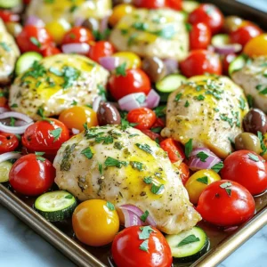 - 4 boneless, skinless chicken breasts - 2 cups cherry tomatoes, halved - 1 red bell pepper, sliced into strips - 1 medium zucchini, sliced into half-moons - 1 medium red onion, chopped into bite-sized pieces - ¼ cup Kalamata olives, pitted and halved These main ingredients create a colorful and tasty meal. The chicken is the star. The veggies add crunch and flavor. Kalamata olives bring a savory touch, making each bite special. - 3 tablespoons extra virgin olive oil - 2 teaspoons dried oregano - 1 teaspoon garlic powder The marinade makes the chicken juicy and full of flavor. Olive oil keeps the chicken moist. Oregano gives it that classic Greek taste. Garlic powder adds depth and warmth. - Salt and pepper - Juice of 1 fresh lemon - Fresh parsley, chopped, for garnish Salt and pepper enhance all the flavors. Fresh lemon juice brightens the dish. Chopped parsley adds a fresh look and taste. This mix makes every bite feel special. 1. First, preheat your oven to 400°F (200°C). This will help cook the chicken evenly. 2. Line a large baking sheet with parchment paper. This makes cleanup easier. 3. In a small bowl, mix together extra virgin olive oil, lemon juice, dried oregano, garlic powder, salt, and pepper. Whisk until smooth. This is your marinade. 4. Place the chicken breasts on the baking sheet. Pour half of the marinade over them. Make sure each piece is coated well. 1. Next, cut the cherry tomatoes in half, slice the red bell pepper into strips, and slice the zucchini into half-moons. Also, chop the red onion into bite-sized pieces. 2. In a large bowl, add the cut vegetables and Kalamata olives. Drizzle the remaining marinade over them. Toss gently to coat. This adds great flavor. 1. Arrange the marinated vegetables around the chicken on the baking sheet. Spread them out evenly for nice roasting. 2. Slide the baking sheet into the preheated oven. Bake for 25-30 minutes. The chicken is ready when it reaches 165°F (75°C). The vegetables should be tender and colorful. 3. When done, take the sheet pan out of the oven. Let it rest for about 5 minutes. This helps the flavors blend. 4. Before serving, sprinkle fresh parsley on top. This adds a lovely touch! - How to ensure chicken stays juicy To keep your chicken juicy, marinate it well. Use the marinade for at least 30 minutes. This helps the flavors soak in. Also, check the chicken’s internal temperature. It should reach 165°F (75°C). Rest it for five minutes before slicing. This allows the juices to spread out. - Best practices for vegetable roasting Cut your veggies into similar sizes. This helps them cook evenly. Spread them out on the sheet pan. Don’t crowd them. Give them room to roast and get crispy. Toss them in the marinade well. This adds flavor and helps them caramelize. - Additional spices or herbs to use Try adding thyme or rosemary for extra flavor. Both herbs pair well with chicken. You can also add a pinch of red pepper flakes for some heat. It adds a nice kick without being too spicy. - Optional ingredient swaps Swap chicken for fish or tofu if you like. Both cook well on a sheet pan. You can also change the veggies. Try asparagus, eggplant, or carrots. They work great with the marinade too. - Serving suggestions Serve your dish with a side of couscous or quinoa. These grains soak up the flavors well. You can also add a fresh green salad for balance. - Plating tips for visual appeal Use a large platter to showcase your meal. Arrange the chicken in the center. Surround it with the colorful veggies. Garnish with fresh parsley for a pop of color. This makes the dish look inviting and fresh. {{image_4}} You can easily swap proteins in this recipe. Fish or tofu works well instead of chicken. For fish, I recommend salmon or cod. They cook quickly and add great flavor. Tofu absorbs the marinade, making it tasty and satisfying. You can also change the vegetables. Try adding broccoli, asparagus, or carrots. These veggies roast well and add color. You can even use sweet potatoes for a different twist. Just remember to cut veggies into similar sizes for even cooking. Adjusting the herbs can change the flavor of the dish. If you want a different vibe, try using thyme or rosemary. These herbs bring a fresh taste and pair well with lemon. You can also mix in some cumin for a warm twist. If you like heat, add spices or fresh peppers. Red pepper flakes give a nice kick. You can also use jalapeños or banana peppers for extra flavor. Just be careful with the amount, so it doesn’t overpower the dish. Serving this dish with grains makes it more filling. Couscous or quinoa works great and adds a nice texture. Both grains soak up the tasty juices from the chicken and veggies. Side dishes also enhance the meal. A fresh salad with greens and a light dressing is perfect. You can also serve it with warm bread to soak up those delicious flavors. These pairings create a balanced and satisfying dinner. To store leftovers, let the dish cool first. Place the chicken and veggies in an airtight container. This helps keep them fresh. You can keep them in the fridge for up to three days. When you're ready to eat, reheat in the oven or microwave. For the oven, cover the dish with foil to retain moisture. Heat until warmed through. Yes, you can freeze this dish! It’s a great way to save extra servings. Let the food cool completely before freezing. Use a freezer-safe container or bag. Make sure to remove as much air as possible. This will help prevent freezer burn. To reheat, let it thaw overnight in the fridge. Then, bake it at 350°F (175°C) until hot. For best taste, eat the dish within three days if refrigerated. If frozen, try to eat it within three months for the best flavor. Signs of spoilage include off smells or changes in color. If the chicken looks dry or the veggies seem mushy, it’s best to toss them. Always trust your senses when it comes to food safety. The ideal internal temperature for chicken is 165°F (75°C). This ensures the chicken is safe to eat. Use a meat thermometer to check. Insert it into the thickest part of the breast. If it reads 165°F, your chicken is done. This temperature also keeps the chicken juicy and tender. You can use frozen chicken, but it takes longer to cook. If using frozen, thaw it in the fridge overnight. For a quick meal, cook frozen chicken at 400°F for about 40-50 minutes. Make sure to check the internal temperature as well. Use the same 165°F rule for safety. Signs of properly roasted vegetables include a soft texture and vibrant color. They should be tender when pierced with a fork. Look for a bit of caramelization on the edges. If the veggies are lightly browned, they are likely done. Enjoy that lovely roasted flavor! This blog post covered a simple and tasty dish with chicken, fresh veggies, and olives. You learned the main ingredients, marinade tips, and baking steps. I shared ideas for swapping ingredients and enhancing flavors. Remember, you can store leftovers properly for future meals. Cooking should be fun and easy. With these tips, you can create a meal that’s not just good but great. Enjoy your cooking journey!