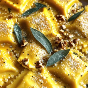 To make the pasta dough, you need: - 2 cups all-purpose flour - 3 large eggs - 1 teaspoon salt The flour is the base. It gives the dough structure. The eggs add richness and help bind the dough. Salt enhances flavor and helps with texture. For the delicious filling, gather: - 1 cup canned pumpkin puree - 1/2 cup ricotta cheese - 1/4 cup grated Parmesan cheese - 1 teaspoon ground nutmeg - 1/2 teaspoon black pepper Canned pumpkin makes it easy to get that sweet, earthy flavor. Ricotta adds creaminess, while Parmesan gives a nice sharp taste. Nutmeg and black pepper add warmth and depth to the filling. To create the brown butter sauce, you will need: - 1/2 cup unsalted butter - 10 fresh sage leaves - Extra Parmesan cheese for serving - Chopped walnuts (optional, for garnish) Unsalted butter is key for making brown butter. You want to control the salt level. Fresh sage gives an aromatic touch. Serve with extra Parmesan and walnuts for a crunch! To start, grab 2 cups of all-purpose flour. Create a mound on a clean surface. Make a well in the center. Crack in 2 large eggs and add 1 teaspoon of salt. With a fork, stir the eggs, slowly mixing in the flour. Keep mixing until a shaggy dough forms. Transfer this dough to a floured surface. Knead it for 8 to 10 minutes until smooth. Wrap the dough in plastic wrap. Let it rest for 30 minutes. This step helps the gluten relax for easy rolling. In a bowl, mix 1 cup of canned pumpkin puree, 1/2 cup of ricotta cheese, and 1/4 cup of grated Parmesan cheese. Add 1 teaspoon of ground nutmeg and 1/2 teaspoon of black pepper. Stir well until smooth. Taste the filling and adjust the spices as needed. This filling brings warmth and flavor to the ravioli. After resting, divide the dough into four equal pieces. Roll each piece thin with a pasta machine or rolling pin. Aim for a thickness of about 1/16 inch. Lay one sheet of pasta flat. Place a teaspoon of filling every 2 inches apart. Use a brush to wet the area around each mound. Lay another sheet of pasta on top. Press down gently to seal. Cut into squares using a sharp knife or pizza cutter. Repeat with the rest of the dough and filling. Bring a large pot of salted water to a gentle boil. Carefully drop the ravioli into the pot. Cook them for 4 to 5 minutes. They are done when they float to the top. Use a slotted spoon to remove them. Transfer the ravioli to a colander to drain. In a skillet over medium heat, melt 1/2 cup of unsalted butter. When it bubbles, add 10 fresh sage leaves. Stir often, browning the butter slightly. Let the sage crisp without burning. This sauce adds a nutty flavor that pairs well with the ravioli. Once the ravioli are cooked, transfer them to the skillet with the brown butter sauce. Gently toss the ravioli, coating them well. Plate the ravioli and sprinkle with more grated Parmesan cheese. For extra crunch, add chopped walnuts if you like. Serve this dish in shallow bowls, drizzling more sauce on top. Enjoy your delicious pumpkin sage brown butter ravioli! To achieve perfect pasta, use good flour. I recommend all-purpose flour for its balance. Knead the dough well. This builds gluten, helping the pasta hold its shape. Let it rest before rolling. This relaxes the gluten, making it easier to work with. Roll the dough thin, but not too thin. Aim for about 1/16 inch to get the right bite. For a richer filling, taste as you mix. You can add a pinch of cinnamon for warmth. A dash of maple syrup can enhance the sweetness. If you want it savory, try adding garlic powder or sautéed onions. Fresh herbs can also boost the flavor. Experiment until you find the blend you love. Serve the ravioli in shallow bowls. Drizzle extra brown butter sauce over the top. Add a generous sprinkle of grated Parmesan cheese. For crunch, top with chopped walnuts. Fresh sage leaves make a lovely garnish. Pair this dish with a light salad or roasted veggies. A crisp white wine also complements the flavors well. Enjoy your meal! {{image_4}} You can change the filling for fun flavors. Try using sweet potato instead of pumpkin. It brings a creamy texture and a mild sweetness. Another option is spinach with ricotta. This mix gives a fresh taste and a nice color. For a savory twist, use mushrooms and goat cheese. This combo adds earthiness and depth. You can explore different sauces to pair with your ravioli. A simple garlic butter sauce adds rich flavor. Just melt butter and sauté minced garlic until golden. You can also try a creamy Alfredo sauce. It brings a smooth texture that coats the ravioli well. For a fresh touch, use a light tomato sauce. It balances the richness of the filling perfectly. If you need gluten-free options, use rice flour for the dough. It creates a nice texture without gluten. For the filling, you can blend pumpkin with silken tofu. This makes a creamy and vegan-friendly filling. You can also try using cashew cheese instead of ricotta for a nutty flavor. This keeps your dish plant-based and tasty. You can keep cooked ravioli in the fridge. Place them in an airtight container. They will stay fresh for about three days. If you want to avoid sogginess, do not mix them with sauce. Store the sauce separately. Freezing uncooked ravioli is a great way to save some for later. First, lay them out on a baking sheet. Make sure they do not touch each other. Freeze them for about 30 minutes until firm. Then, transfer them to a freezer bag. They will keep well for up to two months. Reheating leftovers is simple. You can use a microwave or stovetop. If you use a microwave, heat them for about one minute. Check and stir to ensure even heating. For the stovetop, add a splash of water in a pan and cover it. Heat on low until warm, usually about five minutes. Enjoy your ravioli hot! Making Pumpkin Sage Brown Butter Ravioli takes about 45 minutes to prep and 15 minutes to cook. In total, you need around one hour. Yes, you can use store-bought pasta. It saves time and still tastes great. Look for fresh or frozen pasta for the best results. I suggest serving it with a simple side salad or garlic bread. Both add a nice touch to the meal. You can also pair it with roasted vegetables for extra flavor. Absolutely! You can prepare the ravioli a day in advance. Store them in the fridge and cook them just before serving. Yes, fresh pumpkin works well too! Just peel, cook, and puree it. This option offers a fresh taste, but it takes more time to prepare. In this blog post, we explored how to make delicious Pumpkin Sage Brown Butter Ravioli. We covered the main ingredients needed for dough, filling, and sauce. I provided step-by-step instructions, helpful tips, and variations to try. You also learned how to store and reheat ravioli for future meals. Cooking ravioli is fun and rewarding. With practice, you can impress friends and family with your tasty dishes. Enjoy making, serving, and savoring your homemade ravioli!