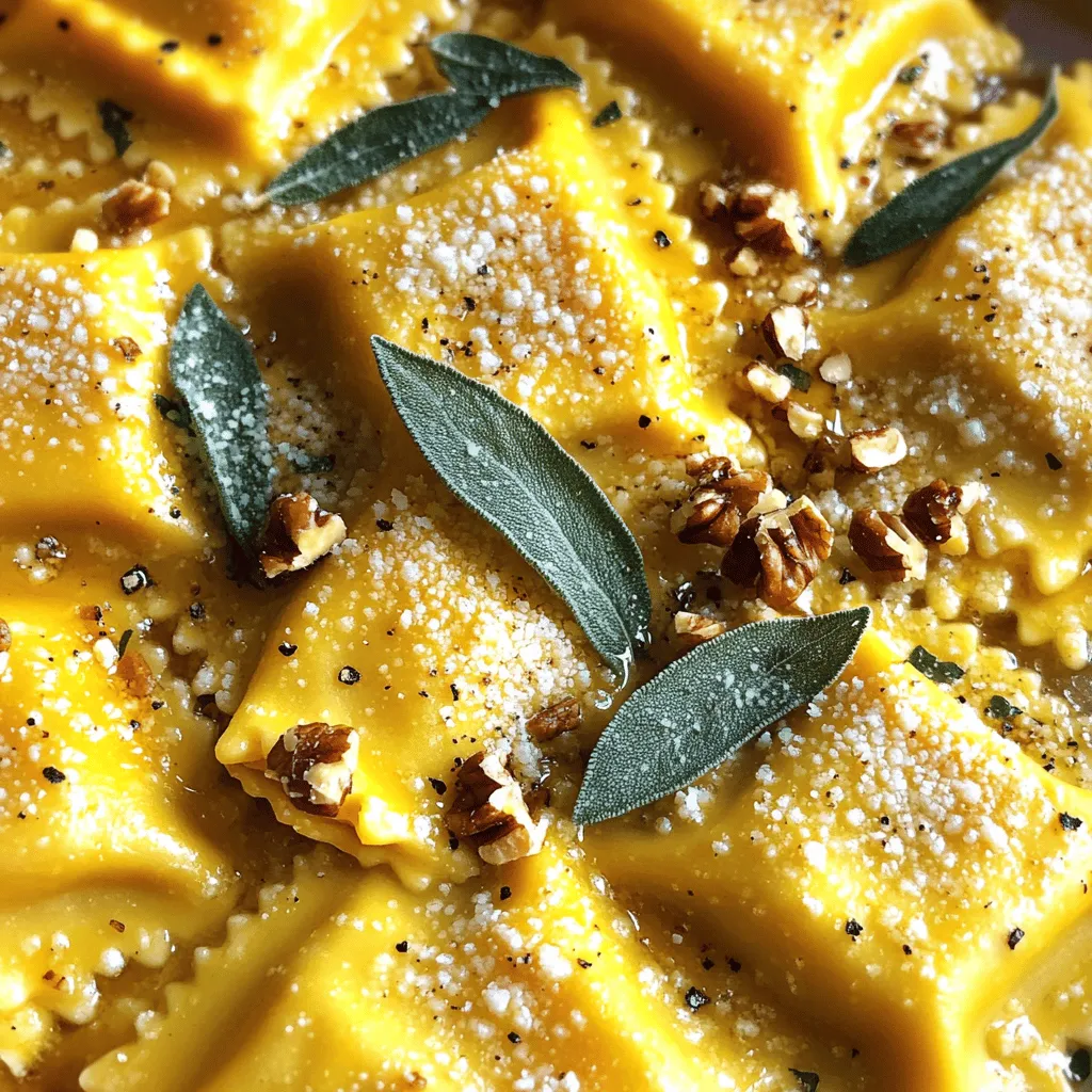 To make the pasta dough, you need: - 2 cups all-purpose flour - 3 large eggs - 1 teaspoon salt The flour is the base. It gives the dough structure. The eggs add richness and help bind the dough. Salt enhances flavor and helps with texture. For the delicious filling, gather: - 1 cup canned pumpkin puree - 1/2 cup ricotta cheese - 1/4 cup grated Parmesan cheese - 1 teaspoon ground nutmeg - 1/2 teaspoon black pepper Canned pumpkin makes it easy to get that sweet, earthy flavor. Ricotta adds creaminess, while Parmesan gives a nice sharp taste. Nutmeg and black pepper add warmth and depth to the filling. To create the brown butter sauce, you will need: - 1/2 cup unsalted butter - 10 fresh sage leaves - Extra Parmesan cheese for serving - Chopped walnuts (optional, for garnish) Unsalted butter is key for making brown butter. You want to control the salt level. Fresh sage gives an aromatic touch. Serve with extra Parmesan and walnuts for a crunch! To start, grab 2 cups of all-purpose flour. Create a mound on a clean surface. Make a well in the center. Crack in 2 large eggs and add 1 teaspoon of salt. With a fork, stir the eggs, slowly mixing in the flour. Keep mixing until a shaggy dough forms. Transfer this dough to a floured surface. Knead it for 8 to 10 minutes until smooth. Wrap the dough in plastic wrap. Let it rest for 30 minutes. This step helps the gluten relax for easy rolling. In a bowl, mix 1 cup of canned pumpkin puree, 1/2 cup of ricotta cheese, and 1/4 cup of grated Parmesan cheese. Add 1 teaspoon of ground nutmeg and 1/2 teaspoon of black pepper. Stir well until smooth. Taste the filling and adjust the spices as needed. This filling brings warmth and flavor to the ravioli. After resting, divide the dough into four equal pieces. Roll each piece thin with a pasta machine or rolling pin. Aim for a thickness of about 1/16 inch. Lay one sheet of pasta flat. Place a teaspoon of filling every 2 inches apart. Use a brush to wet the area around each mound. Lay another sheet of pasta on top. Press down gently to seal. Cut into squares using a sharp knife or pizza cutter. Repeat with the rest of the dough and filling. Bring a large pot of salted water to a gentle boil. Carefully drop the ravioli into the pot. Cook them for 4 to 5 minutes. They are done when they float to the top. Use a slotted spoon to remove them. Transfer the ravioli to a colander to drain. In a skillet over medium heat, melt 1/2 cup of unsalted butter. When it bubbles, add 10 fresh sage leaves. Stir often, browning the butter slightly. Let the sage crisp without burning. This sauce adds a nutty flavor that pairs well with the ravioli. Once the ravioli are cooked, transfer them to the skillet with the brown butter sauce. Gently toss the ravioli, coating them well. Plate the ravioli and sprinkle with more grated Parmesan cheese. For extra crunch, add chopped walnuts if you like. Serve this dish in shallow bowls, drizzling more sauce on top. Enjoy your delicious pumpkin sage brown butter ravioli! To achieve perfect pasta, use good flour. I recommend all-purpose flour for its balance. Knead the dough well. This builds gluten, helping the pasta hold its shape. Let it rest before rolling. This relaxes the gluten, making it easier to work with. Roll the dough thin, but not too thin. Aim for about 1/16 inch to get the right bite. For a richer filling, taste as you mix. You can add a pinch of cinnamon for warmth. A dash of maple syrup can enhance the sweetness. If you want it savory, try adding garlic powder or sautéed onions. Fresh herbs can also boost the flavor. Experiment until you find the blend you love. Serve the ravioli in shallow bowls. Drizzle extra brown butter sauce over the top. Add a generous sprinkle of grated Parmesan cheese. For crunch, top with chopped walnuts. Fresh sage leaves make a lovely garnish. Pair this dish with a light salad or roasted veggies. A crisp white wine also complements the flavors well. Enjoy your meal! {{image_4}} You can change the filling for fun flavors. Try using sweet potato instead of pumpkin. It brings a creamy texture and a mild sweetness. Another option is spinach with ricotta. This mix gives a fresh taste and a nice color. For a savory twist, use mushrooms and goat cheese. This combo adds earthiness and depth. You can explore different sauces to pair with your ravioli. A simple garlic butter sauce adds rich flavor. Just melt butter and sauté minced garlic until golden. You can also try a creamy Alfredo sauce. It brings a smooth texture that coats the ravioli well. For a fresh touch, use a light tomato sauce. It balances the richness of the filling perfectly. If you need gluten-free options, use rice flour for the dough. It creates a nice texture without gluten. For the filling, you can blend pumpkin with silken tofu. This makes a creamy and vegan-friendly filling. You can also try using cashew cheese instead of ricotta for a nutty flavor. This keeps your dish plant-based and tasty. You can keep cooked ravioli in the fridge. Place them in an airtight container. They will stay fresh for about three days. If you want to avoid sogginess, do not mix them with sauce. Store the sauce separately. Freezing uncooked ravioli is a great way to save some for later. First, lay them out on a baking sheet. Make sure they do not touch each other. Freeze them for about 30 minutes until firm. Then, transfer them to a freezer bag. They will keep well for up to two months. Reheating leftovers is simple. You can use a microwave or stovetop. If you use a microwave, heat them for about one minute. Check and stir to ensure even heating. For the stovetop, add a splash of water in a pan and cover it. Heat on low until warm, usually about five minutes. Enjoy your ravioli hot! Making Pumpkin Sage Brown Butter Ravioli takes about 45 minutes to prep and 15 minutes to cook. In total, you need around one hour. Yes, you can use store-bought pasta. It saves time and still tastes great. Look for fresh or frozen pasta for the best results. I suggest serving it with a simple side salad or garlic bread. Both add a nice touch to the meal. You can also pair it with roasted vegetables for extra flavor. Absolutely! You can prepare the ravioli a day in advance. Store them in the fridge and cook them just before serving. Yes, fresh pumpkin works well too! Just peel, cook, and puree it. This option offers a fresh taste, but it takes more time to prepare. In this blog post, we explored how to make delicious Pumpkin Sage Brown Butter Ravioli. We covered the main ingredients needed for dough, filling, and sauce. I provided step-by-step instructions, helpful tips, and variations to try. You also learned how to store and reheat ravioli for future meals. Cooking ravioli is fun and rewarding. With practice, you can impress friends and family with your tasty dishes. Enjoy making, serving, and savoring your homemade ravioli!
