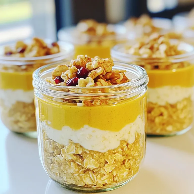To make pumpkin pie overnight oats, you need a few key ingredients. These are: - 1 cup rolled oats - 1 cup unsweetened almond milk - 1/2 cup pumpkin puree - 1 scoop vanilla protein powder These ingredients work together to give your oats a creamy texture and rich flavor. The rolled oats serve as the base, while the almond milk helps soften them overnight. Pumpkin puree adds a nice autumn flavor and nutrition. The vanilla protein powder boosts the protein content, making this dish filling and nutritious. You can also add some fun extras to enhance flavor and texture. Here are some optional ingredients and toppings: - Maple syrup for sweetness - Chia seeds for added texture - Pumpkin pie spice - Vanilla extract - Pinch of salt - Chopped nuts (walnuts or pecans) - Dried cranberries - Greek yogurt These optional ingredients allow you to customize your oats. A drizzle of maple syrup adds sweetness, while chia seeds give a nice crunch. Pumpkin pie spice enhances the seasonal taste, and chopped nuts provide a satisfying crunch. You can also add Greek yogurt for creaminess and extra protein. Enjoy mixing and matching these ingredients to fit your taste! To make the base, grab a medium mixing bowl. Next, add the rolled oats, almond milk, pumpkin puree, vanilla protein powder, chia seeds, maple syrup (if you want it sweeter), pumpkin pie spice, vanilla extract, and a pinch of salt. Now, take a whisk and mix all the ingredients well. You want a smooth consistency, so keep mixing until there are no lumps. This step is key for the best texture. Once the mix is ready, it’s time to store it. Evenly distribute the mixture into two airtight containers or jars. This helps with easy storage and makes it portable for busy mornings. Seal the containers tightly and place them in the refrigerator. Let them chill overnight or for at least 4 hours. This time allows the oats to absorb the flavors and soften for a creamy bite. When you’re ready to enjoy your oats, take them out of the fridge and give them a good stir. If the mix seems too thick, add a splash of almond milk. This helps you reach your desired creaminess. Now for the fun part—toppings! You can add crunchy, chopped nuts like walnuts or pecans. Dried cranberries can add a touch of sweetness. For an extra creamy texture, try a dollop of Greek yogurt. Enjoy your delicious and nutritious pumpkin pie overnight oats! How to avoid clumping To keep your oats smooth, mix well. Use a whisk to blend all ingredients. Make sure to break any lumps of pumpkin puree. This ensures a creamy texture. Using chia seeds effectively Chia seeds absorb liquid and help thicken your oats. Add them to the mix and stir well. They will swell overnight, creating a nice creamy feel. If you want more thickness, add a bit more chia seeds. Additional spices to try While pumpkin pie spice is great, you can try other spices too. Cinnamon adds warmth, while nutmeg provides depth. A dash of ginger can brighten up the flavor. Experiment to find your favorite mix. Natural sweeteners and their benefits Maple syrup is a tasty choice, but there are others. Honey or agave syrup can add sweetness. These options provide flavor without refined sugar. They also carry some health benefits, like antioxidants. Batch cooking strategies To save time, make a big batch. Double the recipe and store in jars. You can enjoy quick breakfasts all week. Just make sure to stir before eating. Variation ideas for multiple servings Switch things up with different toppings. Try dried fruits, nuts, or yogurt. You can even change flavors by adding cocoa powder or berries. This keeps your breakfast exciting and delicious. {{image_4}} You can choose different types of milk for your overnight oats. Dairy milk gives a rich taste. Non-dairy options, like almond or oat milk, are great for many diets. Each milk adds its own flavor. You can even try flavored milk, like vanilla or chocolate, to change it up. This can make the oats taste even better. While protein powder is a common choice, it's not the only option. You can add Greek yogurt for extra protein and creaminess. Nuts like almonds or walnuts also pack a protein punch. Seed butters, like peanut or almond butter, can boost protein and add flavor. Mix and match to find your favorite combo. You can change your oats with the seasons. In fall, add apples or pears for sweetness. In winter, spices like nutmeg or cinnamon can warm you up. Spring and summer let you use fresh berries or peaches. Each season brings new flavors to enjoy in your oats. Experiment to keep your breakfast exciting! I recommend using airtight containers or jars for storing your oats. These keep the oats fresh and prevent any odors from mixing in. If you use jars, choose ones that seal tightly. This way, you can enjoy your oats without worry. When storing your oats, always keep them in the fridge. The cold helps maintain their texture and flavor. Avoid leaving them out at room temperature, as this can lead to spoilage. Pumpkin pie overnight oats can last up to five days in the fridge. You’ll want to check for any signs of spoilage before eating. If the oats smell sour or if you see mold, it’s best to throw them away. Freshness is key for both taste and safety. Yes, you can freeze overnight oats! This is a great way to save them for later. Just put the oats in a freezer-safe container. Make sure to leave some space at the top for expansion. To enjoy frozen oats, take them out and let them thaw in the fridge overnight. You can also warm them in the microwave if you prefer them hot. Just add a splash of almond milk to restore some creaminess. Enjoy your oats anytime! Pumpkin pie overnight oats need to chill for at least 4 hours. This time allows the oats to soak up the almond milk and flavors. You can even leave them overnight for a tastier meal. The longer they sit, the creamier they become. Yes, you can make these oats vegan! Simply use plant-based milk, like almond or coconut milk. For the protein powder, choose a vegan option made from peas or brown rice. You can skip the maple syrup for sweetness or use agave syrup instead. To make your oats gluten-free, use certified gluten-free rolled oats. Regular oats may contain traces of gluten from processing. Check the label to be sure. Other ingredients in the recipe, like almond milk and pumpkin puree, are naturally gluten-free. Absolutely! If you prefer fresh pumpkin, roast it first. Cut the pumpkin in half, remove seeds, and bake until soft. Puree the flesh until smooth. This gives your oats a fresh taste. Just make sure to measure out 1/2 cup for the recipe. Overnight oats are packed with nutrients. They contain fiber, which helps with digestion. Oats also provide slow-release energy, keeping you full longer. Adding protein powder boosts your protein intake, helping with muscle repair. Chia seeds add omega-3 fatty acids. Enjoying these oats can support overall health. Pumpkin pie overnight oats are easy to make, tasty, and healthy. You learned the necessary ingredients, tips for texture, and ways to add flavor. You can customize your oats for any season and prep them ahead of time. Storing your oats correctly will keep them fresh. I hope this guide inspires you to try this fun recipe. Enjoy your delicious and nutritious pumpkin pie overnight oats!