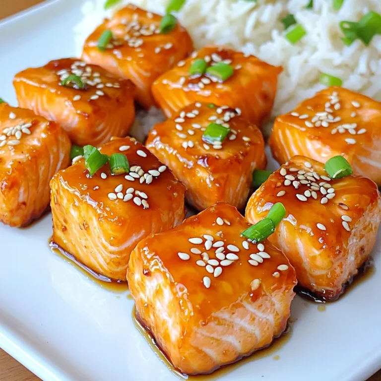 - 1 lb salmon fillet, skin removed and cut into bite-sized cubes - 1/4 cup teriyaki sauce - 1 tablespoon sesame oil - 1 tablespoon honey - 1 teaspoon freshly grated ginger - 1 garlic clove, finely minced - 1 tablespoon sesame seeds - 2 green onions, thinly sliced - Cooked jasmine rice or steamed vegetables To make the marinade, I start by grabbing a mixing bowl. I add 1/4 cup of teriyaki sauce, which gives a sweet and savory taste. Then, I pour in 1 tablespoon of sesame oil for a nutty flavor. Next, I add 1 tablespoon of honey to enhance the sweetness. I also grate 1 teaspoon of fresh ginger and mince 1 garlic clove, adding both to the bowl. Finally, I whisk everything together until it blends well. Now, I take 1 pound of salmon fillet, cut into bite-sized cubes. I gently toss these salmon cubes into the marinade. It’s important to coat each piece well. I cover the bowl and let it sit for at least 15 minutes. This time allows the salmon to soak up all those delicious flavors. While the salmon marinates, I preheat my air fryer to 400°F (200°C). This usually takes about 5 minutes. I lightly spray the air fryer basket with cooking spray to prevent sticking. Once preheated, I carefully arrange the marinated salmon bites in a single layer in the basket. I ensure they are not crowded, as this helps them cook evenly. Next, I air fry the salmon bites for 8-10 minutes. I flip them halfway through cooking to get a golden-brown color on all sides. After cooking, I remove the salmon bites and place them on a serving plate. - Avoid overcrowding the basket: If you pack too much salmon in, it won't cook well. Give each piece space to crisp up and cook evenly. - Adjust cooking time based on cube size: Smaller cubes cook faster. If your salmon pieces are larger, add an extra minute or two. - Use homemade teriyaki sauce: Making your own sauce gives you control over the taste. You can adjust the sweetness or add spices. - Marinate longer for deeper flavor: If you can, let the salmon sit in the marinade for up to an hour. This helps the flavors soak in more. - Carefully remove salmon with tongs: The pieces will be hot. Use tongs to avoid burns when taking them out of the fryer. - Let the air fryer cool before cleaning: This keeps you safe. Wait until it cools down to avoid any burns while cleaning. {{image_4}} You can switch up the flavor by using different marinades. Try an orange glaze for a citrusy kick. Just mix orange juice, soy sauce, and honey. Honey mustard is another great option. Combine honey, mustard, and a splash of vinegar for a sweet and tangy treat. Want to add some veggies to your meal? Bell peppers, broccoli, and snap peas work great with salmon. Chop them into bite-sized pieces. Toss them in the same marinade or season lightly with salt and pepper. Cook them in the air fryer alongside the salmon. This way, you’ll have a full meal in one go. If you need a gluten-free option, make sure your teriyaki sauce is gluten-free. Many brands offer gluten-free soy sauce. You can also make your own. Just mix tamari sauce, honey, and ginger for a tasty, gluten-free teriyaki sauce. This keeps your meal safe and full of flavor. To keep your teriyaki salmon bites fresh, cool them first. Then, transfer the bites to airtight containers. This helps to lock in moisture and flavor. Store them in the fridge for up to three days. When it's time to enjoy leftovers, reheating is key. I recommend using the air fryer. It keeps the salmon bites crispy. Just set it to 350°F (175°C) and heat for 5-7 minutes. If you use a microwave, the salmon might get soggy. For longer storage, you can freeze the salmon bites. Place them in a single layer on a baking sheet. Once frozen, move them to freezer bags. Seal tightly. They can last for up to three months. To defrost, place them in the fridge overnight before reheating. Yes, you can use frozen salmon. Thaw it first for the best results. To thaw, place the salmon in the fridge overnight. If you're short on time, seal it in a bag and run it under cold water for about 30 minutes. After thawing, dry the salmon well before marinating. This helps the marinade stick better. Cooking from frozen may lead to uneven cooking, so thawing is best. You can marinate the salmon for at least 15 minutes. For deeper flavor, marinate it for up to 2 hours. If you marinate too long, the texture might change. Always keep marinating salmon in the fridge to ensure it stays fresh. Teriyaki salmon bites pair well with several sides. I recommend fluffy jasmine rice for a classic touch. Steamed vegetables also add color and nutrients to your plate. For a crunchy contrast, try a fresh salad. You can also serve it with a drizzle of extra teriyaki sauce for more flavor. To sum up, we explored a delicious teriyaki salmon recipe. This dish uses fresh ingredients like salmon, teriyaki sauce, and sesame oil, with a tasty marinade of honey, ginger, and garlic. You learned how to marinate, cook, and serve the salmon perfectly. Remember to use fresh veggies or alternate sauces for fun twists. Store extras properly for later enjoyment. With these tips, you can make a meal that impresses. Enjoy your cooking adventure!