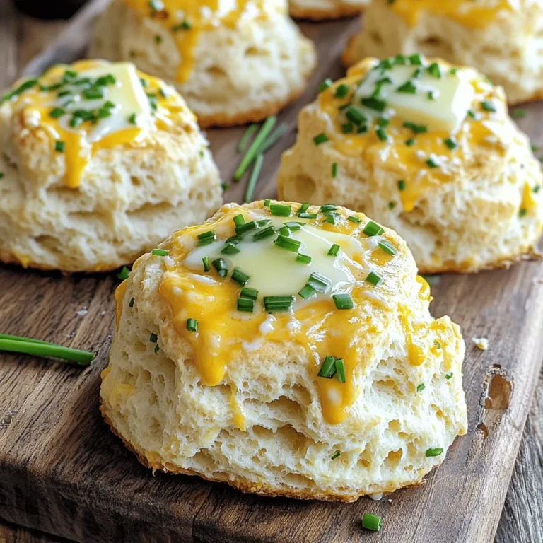- 2 cups all-purpose flour - 1 tablespoon baking powder - 1 teaspoon salt - 1/2 teaspoon garlic powder - 1 cup shredded sharp cheddar cheese - 1/4 cup fresh chives, finely chopped - 1/4 cup cold butter, cut into small cubes - 3/4 cup buttermilk (or substitute with 3/4 cup milk plus 1 tablespoon vinegar) I love using these simple ingredients for my cheddar chive drop biscuits. The all-purpose flour gives the biscuits a nice base. Baking powder helps them rise and get fluffy. Salt adds flavor, while garlic powder brings a savory touch. Sharp cheddar cheese is my favorite for its bold taste. Fresh chives add a sweet onion flavor and a pop of color. Using cold butter makes the biscuits light and flaky. Buttermilk is key for moisture. If you don’t have buttermilk, mix milk with vinegar as a quick substitute. Gather all these ingredients, and you're ready to create something delicious! - Preheat the oven to 425°F (220°C). - Prepare your baking sheet with parchment paper. - Combine 2 cups all-purpose flour, 1 tablespoon baking powder, 1 teaspoon salt, and 1/2 teaspoon garlic powder in a large bowl. - Use a whisk to mix well. This ensures even flavor throughout the dough. - Fold in 1 cup of shredded sharp cheddar cheese and 1/4 cup of finely chopped fresh chives. - Toss gently so the cheese and chives spread evenly in the dry mix. - Cut in 1/4 cup of cold butter, cut into small cubes. You can use a pastry cutter or your fingers for this. - Mix until it looks like coarse crumbs. You want small butter chunks for a light biscuit. - Create a well in the center of the mix. Pour in 3/4 cup of buttermilk. - Stir gently until just combined. Be careful not to overmix; the dough should still be sticky. - Use a spoon to scoop and drop dough onto the prepared baking sheet. Space them a couple of inches apart. - Aim for about 10-12 mounds, based on how big you want your biscuits. - Place the baking sheet in the oven. Bake for 12-15 minutes until golden brown. - A toothpick should come out clean when inserted in the center. Enjoy your warm, cheesy biscuits! Using cold butter is key to great biscuits. Cold butter creates steam when baking. This steam lifts the dough, making the biscuits flaky. If the butter is warm, the dough will flatten out. Always keep the butter cold until you mix it in. Do not overmix the dough. Mixing too much can make the biscuits tough. You want a gentle hand. Stir until the ingredients just come together. A little stickiness is okay. This helps keep the biscuits soft and tender. Present these biscuits with style. Serve them warm on a rustic wooden board. You can also use a charming basket lined with a cloth napkin. For a nice touch, drizzle the warm biscuits with melted butter. Sprinkle some extra chopped chives on top. This adds color and flavor. Pair these biscuits with soup or salad for a complete meal. They also work well with jams or honey. The cheesy and savory taste makes them versatile. Enjoy them as a snack or at breakfast too! {{image_4}} You can change the chives if you want. Green onions or parsley work well as swaps. Both add a nice flavor and color. If you like more zest, try dill or basil. Each herb gives your biscuits a unique twist. For cheese, cheddar shines, but you can mix it up. Try mozzarella for a milder taste. Parmesan adds a rich flavor, while pepper jack will spice things up. Use your favorite cheese to create a fun flavor profile. Want more flavor? Add spices! A pinch of cayenne pepper brings heat. Paprika adds smokiness. You can also blend in Italian seasoning for a herby touch. Each spice gives your biscuits a new life. Incorporating veggies is a great idea too. Finely chopped bell peppers or spinach can work wonders. They add color and nutrition. Just make sure to chop them small so they blend well in the dough. This step gives your biscuits a tasty and healthy upgrade. To keep your leftover cheddar chive drop biscuits fresh, store them in an airtight container. This helps prevent moisture loss and keeps them soft. If you have a lot left, you can wrap them in plastic wrap, then place them in a container. You can also use a resealable plastic bag. Be sure to squeeze out the air before sealing. Store them at room temperature for up to two days. For longer storage, move them to the fridge for about a week. To reheat biscuits without losing their texture, use the oven. Preheat it to 350°F (175°C). Place the biscuits on a baking sheet and cover them loosely with foil. This keeps them from getting too dry. Heat for about 10 minutes or until warmed through. You can also use a microwave, but be careful. Heat them in short bursts of 10-15 seconds to avoid making them tough. Enjoy your biscuits warm and fluffy! Can I make these biscuits ahead of time? Yes, you can! Prepare the dough and store it in the fridge. This keeps it fresh for 1-2 days. When ready, drop the dough onto a baking sheet and bake. What can I substitute for buttermilk? You can use regular milk mixed with vinegar. Just add 1 tablespoon of vinegar to 3/4 cup of milk. Let it sit for a few minutes, and it’s ready to use. How do I know when the biscuits are done baking? Look for a golden brown color on top. You can also check with a toothpick. If it comes out clean, your biscuits are ready! Can I freeze the dough? Yes, freezing the dough works well! Scoop the dough onto a baking sheet and freeze until firm. Then, transfer the mounds to a container. They can last up to 3 months. Just bake straight from the freezer, adding a few extra minutes to the baking time. How to customize the recipe for dietary preferences? You can swap the cheese for a dairy-free option. Use plant-based butter instead of regular butter. If you want gluten-free biscuits, replace all-purpose flour with a gluten-free blend. These biscuits are easy to make and delicious. We covered the ingredients, step-by-step instructions, and tips for success. You learned about variations and how to store them properly. With these guidelines, you can impress anyone with your skills. Enjoy serving your biscuits with favorites like butter or jam. Don’t hesitate to experiment with flavors and ingredients. Happy baking!