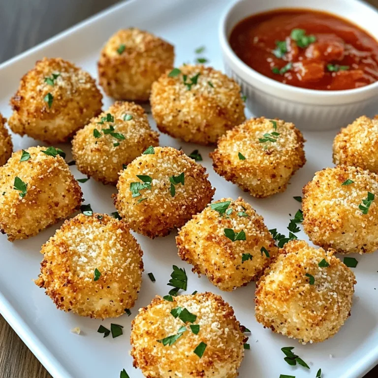 - 1 pound boneless, skinless chicken breasts - 1 cup freshly grated Parmesan cheese - 1 cup breadcrumbs (preferably panko) - 2 large eggs - 1 teaspoon garlic powder - 1 teaspoon onion powder - 1 teaspoon Italian seasoning - Salt and freshly cracked black pepper - Cooking spray or extra virgin olive oil Gathering these ingredients is key for great flavor. I love using fresh Parmesan cheese. It gives the chicken bites a nice taste and texture. Panko breadcrumbs are my go-to for that crunchy finish. You want to keep your chicken bites juicy inside while getting a crispy outside. Make sure to have your spices ready too. Garlic powder and onion powder add depth. Italian seasoning brings warmth to the dish. Don't forget salt and pepper; they really boost the flavors. You’ll also need cooking spray or olive oil. This helps prevent the chicken from sticking in the air fryer. Always choose good quality olive oil for added flavor. By prepping these ingredients, you set yourself up for success. Each bite will be full of flavor and texture. Happy cooking! Start by mixing the cheese and breadcrumbs. In a medium bowl, combine these two key ingredients. Use freshly grated Parmesan and panko breadcrumbs for the best crunch. Next, add garlic powder, onion powder, and Italian seasoning. Mix well until everything is evenly combined. This blend will give your chicken bites a tasty crust. Now, let’s coat the chicken. Take your bite-sized cubes of chicken and dip each piece into a bowl of beaten eggs. Make sure each cube is fully coated. This step helps the breadcrumb mixture stick. After that, roll the egg-coated chicken into the breadcrumb mixture. Press gently to ensure each piece is fully covered. Repeat this process until all chicken cubes are coated. Before cooking, preheat your air fryer to 400°F (200°C) for about five minutes. This step is key for that crispy finish. Lightly spray the air fryer basket with cooking spray or brush it with olive oil. This prevents sticking and helps get a nice golden brown color. Place the chicken bites in a single layer in the basket. Make sure they aren't crowded. You may need to cook in batches for best results. For extra crispiness, spray the tops of the chicken bites with cooking spray again. Cook them for 10-12 minutes. Shake the basket halfway through cooking. This helps the chicken cook evenly. They are ready when golden brown and crispy, with an internal temperature of 165°F (75°C). After cooking, let them cool for a few minutes before serving. Enjoy your crispy treats! To make your Air Fryer Parmesan Chicken Bites super crispy, preheat your air fryer. Preheating helps lock in moisture and creates a golden crust. Set it to 400°F (200°C) for about five minutes. This step is key. Avoid overcrowding the basket. If you place too many bites at once, they will steam instead of crisp. Work in batches if needed. Each piece should have space around it. This allows hot air to circulate well, ensuring even cooking. When coating chicken, ensure full coverage with the egg. Dip each piece into the egg mixture, making sure it is fully coated. This helps the breadcrumbs stick better. If you miss a spot, the coating might fall off. If you want an egg-free option, try using buttermilk or milk. You can also use a mixture of flour and water. These alternatives work well and can still give you a nice crunch. Experiment to find what you like best! {{image_4}} You can make these chicken bites even better by adding your favorite spices or herbs. For instance, try mixing in a teaspoon of smoked paprika or cayenne pepper for a kick. You can also add dried herbs like thyme or rosemary to the breadcrumb mix. This gives the bites a new flavor twist that can impress your guests. Another fun idea is to switch up the cheese. While Parmesan is classic, you can use Pecorino Romano for a sharper taste. Cheddar or mozzarella can also work if you're aiming for a different flavor profile. Each type of cheese creates a unique taste that keeps things exciting. If you want to change the protein, you can swap chicken for ground turkey or even tofu. Turkey has a similar texture and works well with the same cooking method. Just remember to cut the cooking time slightly since turkey cooks faster than chicken. For tofu, use extra-firm blocks. Cut it into cubes and press to remove excess moisture. Adjust the cook time to about 8-10 minutes. You want the tofu to be golden and crispy. These options make this dish versatile and suitable for everyone. To store your chicken bites, let them cool first. Place them in an airtight container. This keeps them fresh and avoids moisture. You can store them in the fridge for up to three days. If you want to keep them longer, consider freezing. They can last in the freezer for about two months. For the best texture, reheat your chicken bites in the air fryer. Set it to 350°F (175°C) and cook for about 5-7 minutes. This method keeps them crispy. If you use a microwave, place them on a plate and cover with a damp paper towel. Heat in short bursts, checking often. This can make them soft, but it's quick and easy. Yes, you can prepare the chicken bites ahead of time. After coating the chicken, place the bites in a single layer on a baking sheet. Cover them tightly with plastic wrap and store in the fridge. This keeps them fresh for up to 24 hours. When you're ready to cook, just pop them in the air fryer. You may need to add a couple of extra minutes to the cooking time. To check if the chicken is done, use a meat thermometer. The safe internal temperature for chicken is 165°F (75°C). Insert the thermometer into the thickest part of a chicken bite. If it reads 165°F, your chicken is fully cooked. If you don’t have a thermometer, look for a golden brown color and juicy texture. Several sauces go great with Parmesan chicken bites. Here are a few tasty options: - Marinara sauce - Honey mustard - Ranch dressing - Spicy aioli - Barbecue sauce These sauces add a fun twist to your meal and enhance the flavor of the chicken bites. Enjoy exploring your favorites! This blog covered how to make delicious Air Fryer Parmesan Chicken Bites. You learned about the key ingredients and steps for coating and frying. I shared tips for crispiness, storage, and meal options. Try different cheeses or spices for fun flavors. Cooking is about creativity, so explore your tastes. Enjoy your crisp chicken bites and make them your own!