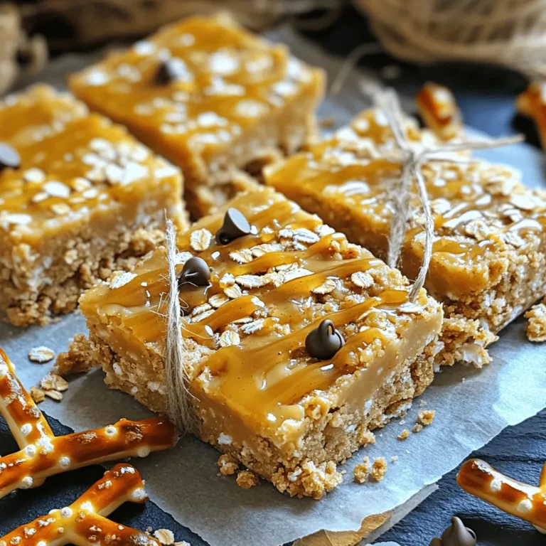 To make these tasty bars, you need just a few simple ingredients. Here’s what you will need: - 1 cup pretzel sticks, finely crushed - 1 cup rolled oats - 1/2 cup creamy peanut butter - 1/4 cup honey or pure maple syrup - 1/4 cup packed brown sugar - 1/2 teaspoon pure vanilla extract - 1/2 cup mini chocolate chips (optional) - A pinch of sea salt These ingredients come together to create a crunchy and sweet treat. The pretzels add a nice salty crunch, while peanut butter brings richness. Oats give a hearty texture that makes these bars filling. I often use specific brands that I trust for quality. For peanut butter, I like brands that use just peanuts and salt. Some good choices are Smucker's or Jif. For honey, local raw honey is best, but any pure honey works great. If you prefer maple syrup, look for 100% pure options. For chocolate chips, mini chips from Ghirardelli or Nestlé are tasty and melt well. If you have allergies or dietary needs, there are easy swaps. You can use crunchy peanut butter if you like a bit more texture. For a vegan option, replace honey with agave syrup or maple syrup. If you’re gluten-free, choose gluten-free pretzels and oats. You can also skip the chocolate chips if you want to keep it simple. These bars are very flexible, so feel free to get creative! First, gather a large mixing bowl. Add 1 cup of finely crushed pretzel sticks and 1 cup of rolled oats. Use a spoon to stir them well. You want them mixed evenly. This step adds crunch and flavor. The oats give you fiber, making these bars more filling. Next, take a small saucepan. Add 1/2 cup of creamy peanut butter, 1/4 cup of honey or maple syrup, and 1/4 cup of packed brown sugar. Add 1/2 teaspoon of pure vanilla extract too. Heat over low heat. Stir the mix for 2-3 minutes. You want it smooth and melted. This mixture binds everything together. Now, pour the warm peanut butter mix over the dry ingredients. Gently fold everything together. Make sure all the dry bits are coated. If you like, add 1/2 cup of mini chocolate chips and a pinch of sea salt. This adds extra sweetness and flavor. Line an 8x8 inch baking dish with parchment paper. Press the mixture into the dish firmly. This helps the bars hold their shape. Chill in the fridge for at least 2 hours. Once set, cut into squares or bars. Enjoy your tasty treat! To get the best texture in your bars, use finely crushed pretzel sticks. This helps create a nice crunch without big chunks. When mixing dry ingredients, stir well to combine them fully. You want every bite to have that salty-sweet flavor. Press the mixture firmly into the pan. A tight pack helps the bars hold together well after chilling. Once your bars are chilled, it's time to cut them. Use a sharp knife for clean edges. If you have trouble cutting through, warm the knife slightly under hot water. This makes slicing much easier. Cut them into squares or rectangles, depending on your preference. Serve them fresh or store them for later snacking. Make your bars look special with simple touches. Wrap each bar in parchment paper. Tie it with twine for a nice gift. Arrange them in a decorative tin or on a platter for a fun treat. You can even add a sprinkle of mini chocolate chips on top for a pop of color. These small details make your no-bake peanut butter pretzel bars stand out! {{image_4}} You can change the flavor of these bars easily. Swap out the peanut butter for almond or cashew butter. Each nut butter gives a unique taste. For a sweet twist, try adding a bit of cocoa powder. Just two tablespoons can add a rich chocolate flavor. You could also use flavored extracts, like almond or coconut, to change things up. Mix-ins can add texture and taste. You might add chopped nuts like almonds or walnuts. They add crunch and healthy fats. Seeds like chia or flaxseed work well too. Dried fruits such as cranberries or raisins can add sweetness. Just make sure to chop them small for even mixing. A chocolate drizzle can make these bars even better. Melt some chocolate chips in a bowl over hot water. Use a spoon to drizzle the melted chocolate over the bars before you chill them. Let it harden for a pretty finish. You can also sprinkle some sea salt on top for extra flavor. This contrast makes each bite special. To keep your no-bake peanut butter pretzel bars fresh, wrap each bar in parchment paper. You can also place them in an airtight container. This method helps avoid moisture loss and keeps the bars crunchy. Make sure to store them in a cool, dry place, or in the fridge for longer freshness. These bars can last up to two weeks when stored properly at room temperature. If you want to keep them longer, you can freeze them. To freeze, wrap each bar tightly in plastic wrap and then place them in a freezer-safe bag. They can last up to three months in the freezer. Just thaw them in the fridge overnight before enjoying. - Avoid heat and humidity: Store the bars away from direct sunlight and heat sources. - Use parchment paper: This helps absorb moisture and keeps the bars from sticking together. - Check for signs of spoilage: If they smell off or have a weird texture, it’s best to toss them. By following these tips, you can enjoy your no-bake peanut butter pretzel bars at their best! Yes, you can use crunchy peanut butter. It adds a nice texture. The bars will still hold together well. Just be sure to mix it well with the other ingredients. You can use agave syrup or brown rice syrup. Both options work well and keep the bars sweet. Adjust the amount based on your taste. These bars need to chill for at least 2 hours. This time helps them set properly. If you can wait longer, they will be even firmer and easier to cut. Yes, these bars can be gluten-free. Use gluten-free pretzel sticks and oats. Always check labels to ensure all ingredients meet your needs. No-bake peanut butter pretzel bars are simple and tasty. We discussed key ingredients, brands, and substitutions. I walked you through each step from mixing to serving. You learned tips for the perfect texture and ways to present your bars. We explored fun variations and how to store them well. Now, you can create your own bars with ease and confidence. Enjoy making these treats for friends and family!