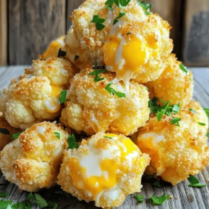 - Cauliflower florets - Sharp cheddar cheese - Breadcrumbs - Garlic powder - Onion powder - Smoked paprika - Eggs - Salt and pepper - Fresh parsley for garnish To make Cheddar Cauliflower Bites, you need a few key ingredients. Start with a head of cauliflower. Cut it into small florets. This helps them cook well and get crispy. Next, use sharp cheddar cheese. It gives a bold flavor and melts nicely. Shredded cheese works best for even coating. You also need breadcrumbs for a crunchy texture. They can be regular or gluten-free, depending on your needs. For flavor, garlic powder, onion powder, and smoked paprika are essential. They add depth and a warm taste to each bite. Don’t forget salt and pepper to enhance all the flavors. Finally, you need eggs to help the breadcrumbs stick. Fresh parsley adds a nice touch for garnish. It brightens up the dish and makes it look appealing. With these ingredients, you’re on your way to crispy, cheesy bites that everyone will love! - Preheat your air fryer to 400°F (200°C). This step is key for the perfect crunch. - Take your medium head of cauliflower and cut it into bite-sized florets. - Place the florets in a large bowl. Add garlic powder, onion powder, smoked paprika, salt, and pepper. Toss everything until the florets are well-coated. - In a separate bowl, crack two large eggs. Whisk them until they're frothy. This helps the breadcrumbs stick. - Dip each cauliflower floret into the egg mixture. Make sure to shake off any extra egg. - Roll the egg-coated florets in breadcrumbs. Ensure they are fully covered for a nice crunch. - Sprinkle shredded sharp cheddar cheese over the breaded florets. This gives them a cheesy kick. - Arrange the cauliflower bites in a single layer in the air fryer basket. Don’t overcrowd them; this helps them stay crispy. - Cook the bites for 10-12 minutes. Check for a golden brown color and a crispy texture. - Shake the basket halfway through to cook evenly. - Carefully take out the cauliflower bites. Garnish with freshly chopped parsley for a touch of color. - Serve hot with your favorite dipping sauces. Creamy ranch or spicy aioli work wonders! To get those Cheddar Cauliflower Bites super crispy, start by setting your air fryer to 400°F (200°C). Preheat it for about 5 minutes. This heats the air fryer evenly, giving you great results. Shaking the basket halfway through cooking helps. It ensures that all sides of your bites get that golden brown color. If you skip this step, some bites may cook unevenly. For dipping sauces, creamy ranch is a classic choice. It pairs well with the cheesy flavor of the bites. You can also try a zesty spicy aioli for a kick. When serving, use a large platter. Arrange the bites in a circle and place small bowls of dips around them. This not only looks great but also makes it easy for everyone to grab a bite. To prevent burning, keep an eye on the cooking time. If your air fryer runs hot, check them a minute or two early. Adjust cooking time based on your air fryer model. Some cook faster than others. If you notice they are not browning, add a minute or two. Always check for that nice golden color before taking them out. {{image_4}} For those needing gluten-free options, swap regular breadcrumbs with gluten-free ones. You can find these at any major grocery store. They work just as well and keep the bites crispy. If you follow a vegan diet, use flax eggs instead of regular eggs. Mix 1 tablespoon of ground flaxseed with 2.5 tablespoons of water. Let it sit for 5 minutes to thicken. This works great in binding the cauliflower bites. You can easily enhance the flavor of your bites. Add spices like cayenne pepper for heat or Italian herbs for freshness. Mixing in fresh herbs like basil or thyme can also brighten the dish. For cheese lovers, try using pepper jack or mozzarella instead of cheddar. Each cheese brings its own unique taste. If you want a twist, swap cauliflower for broccoli or zucchini. Both options add a different flavor and texture. For coatings, try using panko breadcrumbs. They give an even crunchier bite. You can also coat the bites in crushed cornflakes for a fun crunch. Each change lets you make the recipe your own. To keep your cheddar cauliflower bites fresh, store them properly. - Refrigeration tips: Place the bites in an airtight container. They will stay good for up to 3 days in the fridge. Make sure they cool completely before sealing the container. This prevents moisture from making them soggy. - Freezing cauliflower bites: If you want to save some for later, freeze them. Lay the bites on a baking sheet in a single layer. Freeze them for about 1-2 hours. Once firm, transfer them to a freezer-safe bag. They can last for up to 3 months in the freezer. For the best texture, reheating is key. - Best methods to reheat for optimal texture: The air fryer works best. Preheat it to 350°F (175°C). Place the bites in the basket and heat for about 5-7 minutes. This will help restore their crispy outside. You can also use an oven at 375°F (190°C) for about 10 minutes. Knowing how long your bites last is important. - How long they last in the fridge or freezer: In the fridge, they are good for 3 days. In the freezer, they can last up to 3 months. Just remember, the sooner you eat them, the better they taste! To make these tasty bites, follow these steps: 1. Preheat your air fryer to 400°F (200°C) for about 5 minutes. 2. In a bowl, mix cauliflower florets with garlic powder, onion powder, smoked paprika, salt, and pepper. Toss well. 3. In another bowl, whisk two eggs until frothy. 4. Dip each cauliflower piece in the egg, letting excess egg drip off. 5. Roll the coated florets in breadcrumbs, covering them fully. 6. Sprinkle shredded cheddar cheese on top of the breaded florets. 7. Place the bites in a single layer in the air fryer basket. Do not overcrowd. 8. Air fry for 10-12 minutes, shaking the basket halfway through for even cooking. 9. Once golden and crispy, remove the bites and garnish with fresh parsley. Yes, you can use frozen cauliflower. Here are some tips: - Thaw the cauliflower before using it. This helps with even cooking. - Pat the florets dry with a towel to remove excess moisture. This step prevents sogginess. - Cooking time may vary slightly. Check for doneness and adjust as needed. Here are some great sauces to pair with your bites: - Creamy ranch: A classic choice that balances the cheese flavor. - Zesty spicy aioli: Adds a kick and complements the smoky spices. - Honey mustard: Sweet and tangy, it pairs well with the cheesy bites. - Buffalo sauce: For those who love heat, this sauce adds a spicy twist. Enjoy your Cheddar Cauliflower Bites with these sauces for extra flavor! In this article, I shared how to make delicious Cheddar Cauliflower Bites in the air fryer. We covered the key ingredients, step-by-step instructions, and useful tips to achieve perfect crispiness. I also highlighted different variations and provided storage information. With these ideas, you can enjoy a tasty snack that fits your needs. Try it out, and let the flavors shine! Your air fryer can make healthy eating fun and simple.