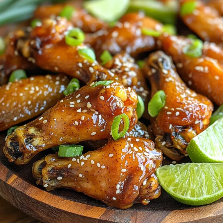 - 2 pounds chicken wings - 1 teaspoon baking powder - 1 teaspoon salt - ½ teaspoon black pepper - ½ teaspoon garlic powder - ½ teaspoon paprika - ½ cup honey - 4 cloves garlic, minced - 2 tablespoons soy sauce - 1 tablespoon rice vinegar - 1 tablespoon sesame oil - 1 tablespoon green onions, finely sliced - Sesame seeds For this recipe, we start with fresh chicken wings. Their size and shape are perfect for air frying. Baking powder helps the skin get extra crispy. Salt, black pepper, garlic powder, and paprika create a tasty seasoning mix. Next, we make the honey garlic sauce. Honey adds sweetness, while minced garlic brings a punch. Soy sauce gives depth, and rice vinegar adds a slight tang. Lastly, sesame oil gives a rich flavor. Garnishing with green onions and sesame seeds makes the dish pop. These ingredients together ensure a delicious and crispy wing experience. Drying the wings First, take two pounds of chicken wings. Use paper towels to pat them dry. This step helps make the wings crispy. Wet wings will not cook well. Drying is key to success. Seasoning process Next, place the dried wings in a large bowl. Add one teaspoon of baking powder. Sprinkle in one teaspoon of salt, half a teaspoon of black pepper, half a teaspoon of garlic powder, and half a teaspoon of paprika. Toss the wings well to coat every piece evenly. This mix gives great flavor and texture. Air fryer preheating Now, preheat your air fryer to 400°F (200°C). This ensures the wings cook evenly and get nice and crispy. Cooking technique and time Arrange the seasoned wings in the air fryer basket. Make sure they are in a single layer. Cook the wings for 25 minutes. Flip them halfway through. This way, they will cook evenly and be crispy on all sides. Making the honey garlic sauce While the wings cook, let’s make the honey garlic sauce. In a small saucepan, mix half a cup of honey, four minced garlic cloves, two tablespoons of soy sauce, one tablespoon of rice vinegar, and one tablespoon of sesame oil. Simmering instructions Heat the mix over medium heat. Stir it often until it starts to simmer. Reduce the heat and let it simmer for 3 to 5 minutes. Stir occasionally until the sauce thickens slightly. This sauce will add a sweet and savory kick to your wings. To get crispy wings, start by drying them well. Use paper towels to pat the wings dry. This step is key. Moisture can make wings soggy. A dry surface allows for better crispiness when cooking. Adding baking powder makes a big difference. It helps the wings get that golden crunch. Baking powder raises the pH level of the skin. This change breaks down protein, leading to a crispier texture. Just one teaspoon is enough to boost your wings’ crispiness. Garnishing makes your wings look even better. I like to sprinkle finely sliced green onions on top. They add a fresh flavor and a pop of color. Sesame seeds also make a great addition. They offer a nice crunch and enhance the dish's look. For presentation, use a rustic wooden platter or a bright serving plate. This choice highlights the wings beautifully. Add lime wedges for a zesty kick. It gives a fun twist and brightens the dish visually. Finish with more green onions for a vibrant touch. {{image_4}} You can change the flavor of your wings in many fun ways. Try different sauces to mix things up. Here are a few ideas: - Buffalo Sauce: Mix hot sauce with melted butter for a spicy kick. - BBQ Sauce: Use your favorite BBQ sauce for a sweet and smoky taste. - Teriyaki Sauce: This adds a sweet and savory twist with soy sauce and sugar. You can also add spices and herbs to make your wings unique. Consider these options: - Cayenne Pepper: Add this for heat. - Smoked Paprika: This gives a nice smoky flavor. - Fresh Herbs: Try parsley or cilantro for a fresh touch. If you need to make your wings healthier or fit special diets, there are easy swaps. Here are some tips: - Gluten-Free Modifications: Use tamari instead of soy sauce. This keeps your wings gluten-free and just as tasty. - Lower Calorie Options: You can use less honey or a sugar-free substitute. This keeps the sweet taste but cuts calories. These simple changes let you enjoy crispy honey garlic wings while fitting your diet needs. After enjoying your crispy honey garlic wings, you may have some left. To store them, let the wings cool down first. Place them in a shallow, airtight container. You can also wrap them tightly in plastic wrap or aluminum foil. This keeps the wings fresh and tasty. They will stay good in the fridge for about 3 to 4 days. If you want to save wings for later, freezing is a great option. First, let the wings cool completely. Then, place them in a freezer-safe bag or container. Make sure to squeeze out as much air as you can. This prevents freezer burn. You can freeze the wings for up to 3 months. When you are ready to eat the frozen wings, take them out and thaw them in the fridge overnight. To reheat, you can use the air fryer again. Preheat it to 350°F (175°C). Place the thawed wings in a single layer and heat for about 10 to 15 minutes. This will make them crispy again. To check if your wings are done, use a meat thermometer. Insert it into the thickest part of the wing. The internal temperature should be at least 165°F (74°C). This ensures they are safe to eat. You can also look for visual signs. The skin should be golden and crispy. The meat should be tender and juicy. If the wings look dry or burnt, they may be overcooked. Yes, you can use other methods to cook wings. Oven baking is a common choice. Preheat your oven to 425°F (220°C). Arrange the wings on a baking sheet and bake for about 40-45 minutes. Flip them halfway through for even cooking. Stovetop frying is another option. Heat oil in a deep pan. Fry the wings for about 10-12 minutes, until they are golden. However, this method adds more oil and calories. To make your wings extra crispy, follow a few tips. First, always dry the wings well with paper towels. This helps remove moisture that can make them soggy. Adding baking powder to the seasoning mix also helps. It raises the pH level and promotes crispiness. Spacing is key in the air fryer. Make sure the wings are in a single layer. If they are too close, they will steam instead of crisp. Cook in batches if needed. We covered how to make chicken wings that are delicious and crispy. You learned about ingredients, step-by-step cooking methods, and helpful tips to enhance flavor. Remember, drying wings and using baking powder makes them extra crispy. Explore different sauces and dietary options for variety. Store leftovers properly and follow easy reheating steps. With these insights, you'll impress everyone with your tasty wings. Enjoy making and sharing them with friends and family.