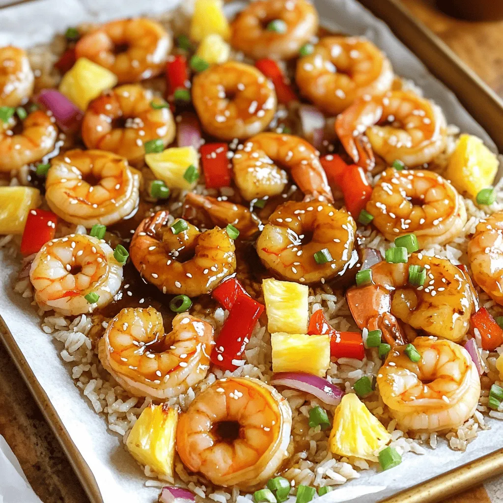 - 1 lb large shrimp, peeled and deveined - 1 cup fresh pineapple, diced into bite-sized chunks - 1 bell pepper (red or green), sliced into thin strips - 1 red onion, sliced into wedges - 1/2 cup teriyaki sauce (store-bought or homemade) - 2 tablespoons extra virgin olive oil - 2 cloves garlic, finely minced - 1 teaspoon fresh ginger, grated - Sliced green onions and sesame seeds - Cooked jasmine rice, for serving Gather all these ingredients before you start cooking. The shrimp offers a sweet, tender bite. Fresh pineapple gives a bright flavor and juicy texture. Bell peppers add crunch and color. Red onions bring a mild sweetness. The marinade combines teriyaki sauce, olive oil, garlic, and ginger for a rich taste. The garnishes of green onions and sesame seeds add a nice touch. Serving this dish over jasmine rice rounds out the meal. You can easily adjust the veggies to your taste or what you have at home. Enjoy the mix of flavors and textures in this simple, yet delicious dish. - Preheat oven to 400°F (200°C). - Line the sheet pan with parchment paper. - Whisk together teriyaki sauce, olive oil, garlic, and ginger. - Season with salt and pepper to taste. - Marinate the shrimp for 15 minutes. - Chop pineapple into bite-sized pieces. - Slice the bell pepper into thin strips. - Cut the red onion into wedges. - Spread the shrimp in a single layer on the pan. - Arrange the diced pineapple, sliced bell pepper, and onion around the shrimp. - Ensure even distribution for even cooking. - Transfer the sheet pan to the oven. - Bake for 10 to 12 minutes. - Monitor closely until shrimp turn pink and opaque. - Allow cooling for a couple of minutes after baking. - Serve over jasmine rice with the remaining teriyaki sauce. - Garnish with sliced green onions and sesame seeds. - Choosing the right shrimp size: I recommend using large shrimp for this dish. They hold up well during cooking and absorb the flavor nicely. Medium shrimp can work too but may cook faster. - Tips for marinating effectively: Marinate the shrimp for at least 15 minutes. This allows the flavors to soak in. You can marinate longer, but avoid more than an hour. The acids in the marinade can change the shrimp's texture. - Additional spices for extra kick: If you like heat, add a pinch of red pepper flakes. You can also include a splash of lime juice for extra zest. - Substituting teriyaki sauce: If you want a twist, use soy sauce or hoisin sauce. Both add depth. You can mix them with honey for sweetness if desired. - Plating suggestions for a stunning display: Serve the dish in a large shallow bowl. Layer the shrimp and veggies over the rice. This creates a colorful and inviting look. - Garnishing ideas for visual appeal: Finish with sliced green onions and sesame seeds. They add crunch and a pop of color. You might also add fresh cilantro for a fragrant touch. {{image_4}} You can easily swap shrimp for chicken or tofu. If you use chicken, cut it into bite-sized pieces. For tofu, choose firm or extra-firm tofu for the best texture. - Cooking times for chicken: Bake for about 15-20 minutes, or until the chicken is cooked through. - Cooking times for tofu: Bake for about 10-12 minutes, flipping halfway through for even cooking. You can add more veggies to your sheet pan. Broccoli, snap peas, or carrots work well. They add color and crunch to the dish. - Seasonal variations: Use seasonal vegetables like zucchini in summer or butternut squash in fall. Fresh veggies make each meal special and tasty. You can create your own teriyaki sauce. Combine soy sauce, mirin, sugar, and cornstarch for a thick sauce. - Adjusting sweetness or spice levels: Add honey for more sweetness or chili flakes for heat. Tailor the sauce to match your taste. After enjoying your meal, you can store leftovers easily. Place shrimp and veggies in a sealed container. Store them in the fridge for up to three days. If you want to keep leftovers longer, freeze them. Use an airtight container or a freezer bag. In the freezer, they last for up to three months. When it’s time to reheat, you have a few options. The microwave is quick but may make the shrimp a bit rubbery. Heat for 1-2 minutes, checking often. The oven is best for texture. Preheat to 350°F (175°C). Spread leftovers on a baking sheet and heat for about 10 minutes. This keeps everything tasty. Shrimp in the fridge is safe for 1-2 days after cooking. If frozen, shrimp can last up to three months. Pineapple and veggies stay fresh for about three days in the fridge. Teriyaki sauce can last in the fridge for about a week after opening. If homemade, it’s best to use it within a week. Yes, you can prep ingredients ahead. Chop your veggies and pineapple early. Store them in the fridge. You can also marinate shrimp up to two hours before baking. This saves time on busy nights. Just keep them covered in the fridge. When ready, spread everything on the pan and bake. Most store-bought teriyaki sauces contain soy sauce, which has gluten. However, there are gluten-free options available. Look for tamari, a gluten-free soy sauce. You can also make your teriyaki sauce at home. Mix soy sauce (or tamari), honey, garlic, and ginger. This way, you can enjoy the dish worry-free. This dish pairs great with jasmine rice. The rice absorbs the teriyaki sauce well. You could also serve it with steamed broccoli or snap peas. A crisp salad adds a fresh touch, too. Try a simple cucumber salad. It balances the sweet and savory flavors nicely. Perfectly cooked shrimp turn pink and opaque. They should curl slightly but not be tight. Check the center for any gray color. If it looks white and firm, it’s ready. Cooking time is usually about 10 to 12 minutes. Don’t overcook, or they can become tough. Enjoy your meal! This blog post covered a flavorful sheet pan shrimp recipe. We explored the key ingredients like fresh shrimp, pineapple, and teriyaki marinade. You learned step-by-step instructions for perfect baking and garnishing ideas to impress. The tips and variations offered ways to customize your dish. Remember, cooking shrimp is quick; don’t overdo it. Enjoy experimenting with flavors and ingredients. Happy cooking!