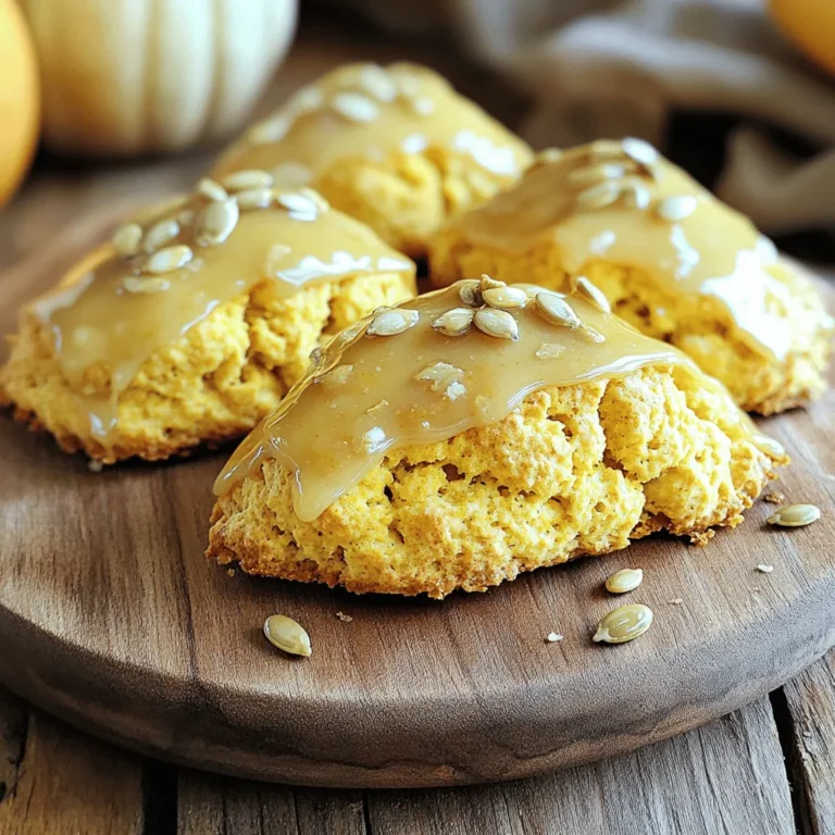 To make Maple Glazed Pumpkin Scones, you need the right mix of ingredients. Here’s what you'll gather: - 2 cups all-purpose flour - 1/2 cup packed brown sugar - 1 tablespoon baking powder - 1/2 teaspoon baking soda - 1/2 teaspoon ground cinnamon - 1/4 teaspoon ground nutmeg - 1/4 teaspoon ground ginger - 1/2 teaspoon salt - 1/2 cup unsalted butter, chilled and cut into cubes - 1/2 cup pumpkin puree (fresh or canned) - 1/4 cup milk - 1 large egg - 1 teaspoon vanilla extract - 1/2 cup powdered sugar (for glaze) - 2 tablespoons maple syrup (for glaze) Each ingredient plays an important role in making these scones tasty and fluffy. The spices like cinnamon, nutmeg, and ginger add warmth and flavor, making you feel cozy. The pumpkin gives the scones moisture and a lovely color. Using chilled butter helps create a flaky texture, which is key for great scones. Make sure to have all these ingredients ready before you start. This way, your baking process will go smoothly, and you’ll enjoy every step. Happy baking! - Preheat the oven to 400°F (200°C). - Line the baking sheet with parchment paper. Start by preheating your oven. This helps the scones bake evenly. Lining your baking sheet makes cleanup easy. It also helps the scones not stick. - Whisking together the dry ingredients. - Blending in the butter. - Combining wet ingredients separately. In a large bowl, whisk together the flour, brown sugar, baking powder, baking soda, cinnamon, nutmeg, ginger, and salt. Mix them well to spread the flavors. Next, add the chilled butter cubes. Use your fingers or a pastry cutter to blend until the mix looks crumbly. It should feel like coarse sand with small bits of butter. In another bowl, mix the pumpkin puree, milk, egg, and vanilla extract. Stir until smooth. This mix will moisten the dry ingredients. - Shaping the dough. - Baking instructions and tips. - Testing for doneness. Transfer the dough to a floured surface. Pat it down to form a circle about 1 inch thick. Cut it into 8 wedges or use a biscuit cutter for round shapes. Place the scones on the baking sheet, spaced 2 inches apart. Bake for 15 to 20 minutes until they are lightly golden. To check for doneness, insert a toothpick in the center. If it comes out clean, they are ready. To achieve the perfect texture in your scones, focus on a few key steps. First, use cold butter. Chilled butter gives the scones a flaky crumb. Cut the butter into small cubes before mixing it into the flour. Next, do not overmix the dough. Gently combine the wet and dry ingredients until just mixed. It’s okay if some lumps remain. This keeps the scones light and airy. The temperature of your ingredients matters too. Using cold milk and eggs helps create a nice rise. If possible, keep your wet ingredients in the fridge until ready. This small step can make a big difference in the final product. When preparing your maple glaze, ensure it is lump-free. Whisk the powdered sugar and maple syrup together slowly. Take your time to avoid clumps. If your glaze is too thick, add a tiny bit of milk to thin it out. For a beautiful presentation, drizzle the glaze over the scones. Use a spoon or a small squeeze bottle for control. Start in the center and move outward. Let the glaze cascade down the sides for that inviting look. Serve your maple glazed pumpkin scones warm. They pair well with butter or cream cheese. A cup of hot tea or coffee makes the perfect drink. For a tea party, these scones shine. Arrange them on a rustic wooden board. Add a small jug of extra maple syrup for those who love more sweetness. Scatter some roasted pumpkin seeds around for texture and color. This adds charm and a festive feel to your gathering. {{image_4}} You can add fun twists to your Maple Glazed Pumpkin Scones. Incorporating chocolate chips or nuts gives them a new flair. The rich chocolate pairs well with pumpkin. Nuts like pecans or walnuts add crunch and flavor. Adding dried fruits like cranberries or raisins also works well. These fruits bring a sweet tartness that balances the pumpkin. Try mixing in a half cup of your favorite dried fruit. This small change makes a big difference! If you need a gluten-free option, don't worry! You can use gluten-free flour like almond or coconut flour. Just swap it in for the all-purpose flour. Your scones will still be tasty and soft. Make sure to check the baking powder for gluten-free labels. This small step helps you adapt the recipe for your dietary needs. You can enjoy these scones without worry! You can make seasonal twists to your scones too! Adding fall-inspired herbs like rosemary or thyme can give a savory note. Just a pinch can elevate the flavor. For holiday variations, think about adding spices like allspice or cardamom. These spices add warmth and depth. You can create a unique twist that fits the season perfectly! To keep your scones fresh, store them in an airtight container. This helps seal in moisture and flavor. You can keep them at room temperature for up to two days. If you want them to last longer, consider refrigerating them. Just remember that refrigeration can change the texture slightly, making them a bit denser. You can freeze both unbaked and baked scones. To freeze unbaked scones, shape the dough and place them on a baking sheet. Freeze them until solid, then transfer to a freezer bag. For baked scones, let them cool completely before wrapping them tightly in plastic wrap. Store them in a freezer bag to protect against freezer burn. When it’s time to enjoy your frozen scones, reheat them directly from the freezer. Bake unbaked scones at 400°F for an extra five minutes. For baked scones, heat at 350°F for about 10 minutes. This will help restore their fresh-baked texture. Enjoy the warm, cozy flavors! You can prepare the dough a day in advance. Mix the dry and wet ingredients. Then, shape the dough into a circle and wrap it tightly in plastic wrap. Keep it in the fridge until you're ready to bake. When you’re ready, simply cut and bake the scones. This saves time and makes your morning easier. Yes! You can use mashed sweet potatoes or butternut squash. Both options work well and add a unique taste. Make sure to use the same amount as pumpkin puree. This keeps the moisture level right. If you see a smooth and wet dough, you may have overmixed. Scones should be slightly lumpy and crumbly. If the dough is too smooth, they will not be fluffy. Remember, less mixing is key for perfect scones. Absolutely! You can freeze both unbaked and baked scones. For unbaked, shape them and place them on a baking sheet. Freeze until firm, then transfer to a bag. For baked scones, cool them first. Then wrap them well and freeze. They last for about three months. Yes, you can use whole wheat flour or gluten-free flour. Keep in mind that whole wheat flour may make the scones denser. If using gluten-free flour, look for a blend that works well for baking. Adjusting the liquid may be needed for the best texture. You now have the tools to make delicious pumpkin scones. We covered all the key steps, from choosing the right ingredients to baking tips and storage options. Remember, the secret to great scones lies in the texture and timing. Don't shy away from adding your favorite flavors or twists. Whether you're hosting a tea party or enjoying a quiet afternoon, these scones will impress. Baking is a fun way to share joy and creativity. Start experimenting today and enjoy your tasty creations!