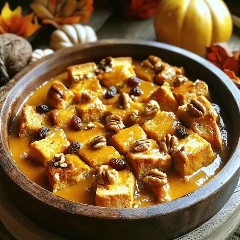To make slow cooker pumpkin spice bread pudding, you will need: - 6 cups of stale bread (French or challah works best), cut into 1-inch cubes - 1 cup pumpkin puree (canned or homemade) - 1 cup heavy cream - 2 cups whole milk - 3 large eggs, lightly beaten - 3/4 cup packed light brown sugar - 1 tablespoon pure vanilla extract - 2 teaspoons pumpkin pie spice blend - 1/2 teaspoon ground cinnamon - 1/4 teaspoon fine sea salt - 1/2 cup chopped walnuts or pecans (optional) - 1/2 cup raisins, cranberries, or a mix (optional) If you have dietary needs, you can substitute some ingredients easily: - Bread: Use gluten-free bread for a gluten-free option. - Pumpkin puree: Applesauce can replace pumpkin puree for a different flavor. - Heavy cream: Substitute with coconut cream for a dairy-free choice. - Eggs: Use flax eggs (1 tablespoon ground flaxseed mixed with 2.5 tablespoons water) for a vegan option. - Brown sugar: Coconut sugar works well if you're looking for a healthier sweetener. - Nuts: Omit nuts for nut-free diets or use sunflower seeds instead. Using high-quality ingredients makes a big difference in flavor. Choose thick, fresh heavy cream for a rich taste. For the best bread pudding, use stale bread. Fresh bread can become too mushy. If you can, make your pumpkin puree from scratch. It adds a fresh flavor that canned options can’t match. Always check the expiration dates on your dairy and eggs. Fresh ingredients lead to a better dish overall. Start by greasing the inside of your slow cooker. Use butter or non-stick spray. This step is key. It keeps the bread pudding from sticking. A generous coat works best here. In a large bowl, whisk the following ingredients together: - 1 cup pumpkin puree - 1 cup heavy cream - 2 cups whole milk - 3 large eggs, lightly beaten - 3/4 cup packed light brown sugar - 1 tablespoon pure vanilla extract - 2 teaspoons pumpkin pie spice blend - 1/2 teaspoon ground cinnamon - 1/4 teaspoon fine sea salt Make sure the mixture is smooth and well-blended. Next, add in 6 cups of stale bread, cut into 1-inch cubes. Gently fold the bread into the pumpkin mix. If you want, toss in 1/2 cup chopped nuts and 1/2 cup dried fruit. This adds great texture and flavor. Pour the bread mixture into your greased slow cooker. Spread it out evenly. Cover the slow cooker with the lid. Set it to low heat for about 4 to 5 hours. Your bread pudding is ready when it looks set. A knife inserted in the center should come out clean. Once done, turn off the cooker and let it cool for a few minutes. Serve warm. A drizzle of warm caramel sauce or maple syrup makes it even better! To get the best texture in your pumpkin spice bread pudding, use stale bread. Fresh bread can make it soggy. I recommend French or challah bread for a nice chew. Cut the bread into 1-inch cubes to ensure even soaking. When mixing, gently fold the bread into the pumpkin mixture so each piece gets coated. This step helps every bite be flavorful. Make sure to grease your slow cooker well. This prevents sticking and makes serving easier. If your pudding looks too wet after cooking, let it cool for a bit. It will firm up as it cools. Serve your pumpkin spice bread pudding warm for the best taste. A drizzle of warm caramel sauce or maple syrup adds a sweet touch. You can also top it with whipped cream or vanilla ice cream for extra richness. For a fun twist, try serving it with a scoop of spiced ice cream or a sprinkle of nutmeg. Pair it with coffee or spiced tea for a cozy treat. This dish is great for brunch or dessert. It’s perfect for sharing with friends and family. To boost the flavor, add extra spices. Consider using a pinch of nutmeg or ground ginger. They add warmth and depth. You can also mix in chopped nuts like walnuts or pecans. These give a nice crunch and rich flavor. Dried fruits like raisins or cranberries are great additions too. They add sweetness and chewiness. If you want a unique flavor, try adding chocolate chips. They melt into the pudding and create a lovely surprise. Feel free to get creative with toppings. Drizzle with chocolate sauce or sprinkle with toasted coconut. Each addition can turn your dish into a new delight. {{image_4}} You can make your pumpkin spice bread pudding unique by adding fun mix-ins. Chocolate chips can bring a sweet touch. Just fold in half a cup of chocolate chips when mixing your bread. If you want fruit, raisins or cranberries add a nice pop of flavor. Try mixing in fresh apples or pears for a twist. These options give your dish new depth and keep things exciting. Making this dish vegan is easy. Replace the heavy cream and milk with almond or coconut milk. Use flax eggs instead of real eggs. Just mix one tablespoon of ground flaxseeds with two and a half tablespoons of water for each egg. For a gluten-free version, use gluten-free bread. Both options taste great and let everyone enjoy this treat. You can use many types of bread for this recipe. French bread or challah works best. However, you can also try brioche or sourdough. Each type of bread adds its own flavor. Stale bread works best since it absorbs the pumpkin mix well. Just make sure to cut it into one-inch cubes for even cooking. This helps create a fluffy and rich pudding every time. To keep your slow cooker pumpkin spice bread pudding fresh, let it cool first. Then, transfer it to an airtight container. Store it in the fridge for up to four days. If you use a glass dish, cover it tightly with plastic wrap. This keeps moisture in and helps maintain flavor. When you're ready to enjoy leftovers, preheat your oven to 350°F. Place the bread pudding in an oven-safe dish. Add a splash of milk or cream to keep it moist. Cover it with foil to prevent drying out. Heat for about 20 minutes. If you want it warm and cozy, you can also microwave individual portions for about 30-45 seconds. If you want to save bread pudding for later, freezing works well! Cut it into portions and wrap each piece tightly in plastic wrap. Place the wrapped pieces in a freezer bag. Press out excess air and seal. It can last in the freezer for up to three months. When you're ready to eat, thaw it in the fridge overnight. Then, follow the reheating instructions above for a delicious treat! Yes, you can! If you don't have a slow cooker, you can bake the bread pudding in the oven. Preheat your oven to 350°F (175°C). Grease a baking dish similar to the slow cooker. Pour your mixture into the dish and bake for about 45 to 55 minutes. Check for doneness by inserting a knife in the center. It should come out clean. Bread pudding stays good in the fridge for about 3 to 5 days. Make sure to store it in an airtight container. This keeps it fresh and tasty. If you want to enjoy it later, just reheat it in the microwave or oven. You can serve pumpkin spice bread pudding with a few tasty options. Here are some ideas: - Whipped cream for a light topping - Vanilla ice cream for a creamy touch - Warm caramel sauce for sweetness - Maple syrup for a classic flavor - Chopped nuts for a crunchy bite These toppings add more flavor and make your dessert even better! In this post, we covered everything you need for pumpkin spice bread pudding. We detailed ingredients, substitutes, and quality notes. I shared step-by-step instructions for preparation and cooking. Tips on texture and serving suggestions helped enhance your dish. Variations allow for creativity, whether you prefer fruits or vegan options. Lastly, proper storage and reheating keep your leftovers tasty. Remember, baking is about joy and sharing. Enjoy your pumpkin spice bread pudding!