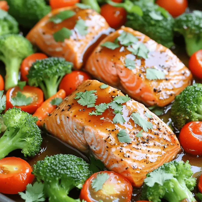 To make this dish, you need some key items. Here’s what you will need: - 4 salmon fillets (about 6 oz each) - 1/4 cup honey - 3 tablespoons low-sodium soy sauce - 2 tablespoons Dijon mustard - 2 cloves garlic, minced - 1 tablespoon fresh ginger, finely grated - 1 tablespoon olive oil - Salt and pepper to taste These ingredients create a sweet and savory glaze that makes the salmon shine. Adding vegetables makes this meal colorful and healthy. For this recipe, include: - 1 cup broccoli florets - 1 cup baby carrots, halved lengthwise - 1 cup cherry tomatoes, halved These vibrant veggies add great flavor and nutrients. They roast well alongside the salmon and soak up some of that yummy glaze. For a fresh touch, consider these garnishes: - Fresh cilantro or parsley, finely chopped These herbs not only add flavor but also make your dish look beautiful. A sprinkle of green on top makes the meal even more appealing! Start by preheating your oven to 400°F (200°C). This temperature helps the salmon cook evenly. While the oven heats, take a large baking sheet and line it with parchment paper. This will make cleanup a breeze later. Place the baking sheet aside for now. In a small mixing bowl, combine the following ingredients: - 1/4 cup honey - 3 tablespoons low-sodium soy sauce - 2 tablespoons Dijon mustard - 2 cloves garlic, minced - 1 tablespoon fresh ginger, finely grated - 1 tablespoon olive oil Whisk these together until smooth. This glaze will give your salmon a sweet and savory flavor. Make sure all the ingredients blend well. Set the glaze aside for later use. Now, let’s get our salmon and veggies ready. Take the salmon fillets and place them skin-side down on one side of the baking sheet. Season them with salt and pepper to boost the taste. Use a brush or spoon to coat the top of the salmon with the honey glaze. Make sure every bit is covered, but save some glaze for later. On the other side of the baking sheet, arrange your veggies. You can use: - 1 cup broccoli florets - 1 cup baby carrots, halved lengthwise - 1 cup cherry tomatoes, halved Drizzle a bit of olive oil over the veggies. Sprinkle them with salt and pepper, then toss to coat. Now, it’s time to bake. Place the baking sheet in the oven and cook for 15-18 minutes. Check that the salmon flakes easily with a fork and the veggies are tender. If you want a nice caramelized finish, broil the salmon for 2-3 minutes at the end. Just watch it closely to avoid burning. Once everything is done, drizzle any leftover honey glaze over the salmon and veggies. This adds extra flavor. For a pop of color, sprinkle fresh chopped cilantro or parsley on top before serving. Enjoy your meal! To save time, prep your ingredients first. Cut the vegetables while the oven heats. This way, you will have everything ready to go. Set a timer for 15-18 minutes. Check the salmon at the 15-minute mark. This helps prevent overcooking. If you like a crispy top, broil for 2-3 minutes. Keep an eye on it during broiling. Make sure to coat the salmon well. A thicker layer of glaze gives more flavor. Use a brush for even coverage. Remember to reserve some glaze for later. Adding this at the end boosts taste. If you want extra sweetness, brush on more glaze right before serving. It adds a nice shine too. Cut the vegetables into similar sizes. This helps them cook evenly. Broccoli, carrots, and tomatoes all work great together. Drizzle olive oil and season before baking. Toss them well to coat. If you want them caramelized, leave them a bit longer in the oven. They should be tender but not mushy. {{image_4}} If you want to switch up the flavor, try different glazes. You can use teriyaki sauce for a sweet twist. A mixture of maple syrup and mustard adds a nice tang. For a spicy kick, mix honey with sriracha. Each glaze gives the salmon a unique taste. You don’t have to stick to just broccoli, carrots, and tomatoes. Feel free to mix in bell peppers, zucchini, or asparagus. These veggies roast well and add color. You can also try sweet potatoes for a hearty addition. Just remember to cut them into small pieces for even cooking. If you don’t have salmon, other fish work great too. Trout or cod are good choices. They cook at similar times and absorb flavors well. For a plant-based option, try tofu or tempeh. They soak up the glaze nicely and add protein. Adjust cooking times as needed for these substitutes. After enjoying your sheet pan honey glazed salmon, you may have some leftovers. To store them, let the dish cool down to room temperature. Place the salmon and vegetables in an airtight container. Make sure to separate the salmon from the veggies if you want them to stay fresh longer. Keep the container in the fridge. It will stay good for up to three days. When you are ready to enjoy the leftovers, reheating is simple. You can use the oven or the microwave. If using the oven, preheat it to 350°F (175°C). Place the salmon and veggies on a baking sheet, cover with foil, and heat for about 10-15 minutes. This helps keep the salmon moist. If using a microwave, heat the salmon on a microwave-safe plate for 1-2 minutes. Check to make sure it is warm all the way through. If you want to save the leftovers for later, freezing is a great option. Wrap the salmon and veggies tightly in plastic wrap or place them in a freezer-safe bag. Make sure to remove as much air as possible. Label the bag with the date. You can freeze them for up to three months. To thaw, place the bag in the fridge overnight before reheating. This keeps the flavors fresh and tasty! Salmon takes about 15 to 18 minutes to cook in the oven at 400°F (200°C). The cooking time can depend on the thickness of the fillets. A thicker cut may need a bit more time. Always check if it flakes easily with a fork. This means it is done and ready to eat. Yes, you can use other types of fish for this recipe. Options like trout or cod work well. Just make sure to adjust the cooking time based on the fish thickness. Each fish has its unique flavor, so be creative and try what you like best! You can serve honey glazed salmon with many sides. I recommend pairing it with rice or quinoa for a hearty meal. You can also add a fresh salad or roasted potatoes. The colorful veggies in the recipe, like broccoli and carrots, are perfect too. They add nice texture and flavor to the dish! This blog post covered how to make tasty honey glazed salmon. We started with key ingredients, like salmon and fresh veggies. Then, we walked through making the glaze and cooking tips. You learned about fun variations and how to store leftovers. Always remember, cooking is about fun and creativity. Whether you stick to the basics or try new things, enjoy every bite. Happy cooking!