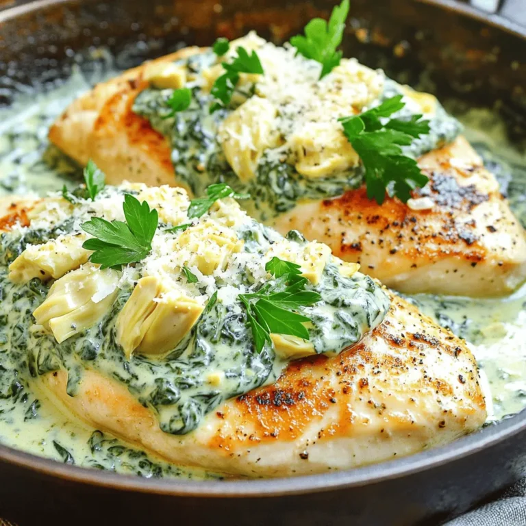 To make Creamy Spinach Artichoke Chicken, you will need a few simple ingredients. Each one plays a key role in creating that rich, creamy flavor. Here’s what you need: - 4 boneless, skinless chicken breasts - 1 cup fresh spinach, thoroughly chopped - 1 cup canned artichoke hearts, rinsed, drained, and chopped into bite-sized pieces - 1 cup cream cheese, softened to room temperature - 1/2 cup sour cream - 1/2 cup grated Parmesan cheese, plus extra for serving - 1 tablespoon extra-virgin olive oil - Salt and freshly cracked black pepper, to taste - 1 teaspoon garlic powder - 1 teaspoon onion powder - 1 teaspoon freshly squeezed lemon juice - 1/2 teaspoon crushed red pepper flakes (optional, for heat) - Fresh parsley, finely chopped, for garnish Gather all these items before you start cooking. This way, you can work smoothly through the recipe. The chicken provides protein, while spinach and artichokes add color and nutrients. Cream cheese and sour cream create that velvety sauce everyone loves. Trust me; this dish will make your taste buds sing! 1. Start by preheating your oven to 375°F (190°C). This is key for even cooking. 2. Heat a large oven-safe skillet over medium-high heat. Add 1 tablespoon of olive oil. 3. Season both sides of the 4 chicken breasts with salt and pepper. 4. Once the oil is hot, carefully add the chicken to the skillet. 5. Sear the chicken for 3-4 minutes on each side. Look for a golden-brown crust. 6. After searing, take the chicken out and set it aside on a plate. 1. Lower the heat to medium in the same skillet. 2. Add 1 cup of chopped spinach and 1 cup of artichoke hearts. 3. Sauté the mixture for about 2-3 minutes. Stir often until the spinach wilts and brightens. 1. In a mixing bowl, combine 1 cup of softened cream cheese, 1/2 cup of sour cream, and 1/2 cup of grated Parmesan cheese. 2. Add 1 teaspoon each of garlic powder and onion powder, along with 1 teaspoon of lemon juice. 3. If you like heat, add 1/2 teaspoon of crushed red pepper flakes. 4. Mix until the mixture is smooth and creamy, with no lumps. 5. Pour this creamy mixture into the skillet with the sautéed spinach and artichokes. 6. Stir well and heat for about 2 minutes to blend the flavors. 1. Nestle the seared chicken breasts back into the skillet. Make sure each piece is well coated with the creamy mixture. 2. Transfer the skillet to your preheated oven. 3. Bake for 20-25 minutes. Check that the chicken reaches an internal temperature of 165°F (75°C). To ensure your chicken is done, use a meat thermometer. The chicken should reach 165°F. This confirms it is safe to eat. If you don't have a thermometer, cut into a piece. It should be white and juicy, not pink. To create a golden crust, start with a hot skillet. After adding oil, wait until it shimmers. Season the chicken well with salt and pepper. Sear the chicken for about 3-4 minutes on each side. This step helps lock in moisture and flavor. For extra flavor, consider adding herbs like thyme or oregano. You can also mix in some smoked paprika for a warm touch. If you love heat, sprinkle more crushed red pepper flakes into the creamy sauce. Garnishing adds a nice touch. Fresh parsley brightens the dish visually and adds freshness. A sprinkle of extra Parmesan cheese on top makes it look gourmet. Pair this dish with simple sides for a balanced meal. Fluffy rice or pasta absorbs the creamy sauce well. You can also serve it with roasted veggies or a crisp salad. For a creative presentation, serve directly from the skillet. This rustic look feels warm and inviting. Alternatively, plate each chicken breast with sauce on top. A drizzle of fresh lemon juice adds a pop of flavor and color. {{image_4}} - Gluten-free option: To make this dish gluten-free, ensure that your cream cheese and other dairy products are labeled gluten-free. They usually are, but always read labels to be sure. You can serve this dish over gluten-free rice or quinoa. - Low-carb version: If you want a low-carb meal, skip the rice or pasta. Instead, serve the chicken with a side of steamed or sautéed non-starchy vegetables like zucchini or broccoli. This way, you keep the meal filling and delicious without the carbs. - Alternative proteins: You can swap the chicken for turkey or even tofu for a vegetarian option. Turkey works well because it cooks similarly and absorbs flavors nicely. Tofu offers a great texture and soaks up the creamy sauce. - Seasonal vegetable options: Use what’s fresh and in season! Try adding asparagus in the spring or butternut squash in the fall. These seasonal veggies add new flavors and textures to the dish, making it even more exciting. - Adding herbs and spices: Get creative! Fresh herbs like basil or thyme can brighten the dish. You can also add spices like smoked paprika or cumin for a unique twist. Just a pinch can really change the whole flavor. - Incorporating additional cheeses: Mix in mozzarella for a gooey texture or feta for a tangy kick. These cheeses melt well and add depth to the creamy sauce, making it even richer and more satisfying. Store any leftover creamy spinach artichoke chicken in an airtight container. Make sure it cools down before sealing. This keeps the chicken fresh for up to three days. When you want to reheat, place it in the microwave. Heat it on medium power for about two to three minutes. Stir halfway through to ensure even warming. You can also reheat it in a skillet over low heat. Add a splash of water for moisture while heating. To freeze this dish, first let it cool completely. Then, place the chicken and sauce in a freezer-safe container. Seal it tightly to prevent freezer burn. You can freeze it for about three months. When you’re ready to eat, take it out of the freezer and thaw in the fridge overnight. To reheat, place it in a baking dish. Cover it with foil and heat at 350°F (175°C) for about 25-30 minutes. Stir occasionally for even cooking. Bake the chicken for 20-25 minutes. The expected internal temperature should reach 165°F (75°C). This ensures the chicken is safe to eat. Use a meat thermometer to check the temperature. It helps to avoid overcooking the chicken. Yes, you can use frozen spinach or artichokes. Just thaw them first and drain any excess water. This will keep your dish from becoming too watery. Fresh vegetables add a nice texture, but frozen ones are still very tasty. This dish pairs well with several sides. Here are a few ideas: - Fluffy rice - Pasta - Quinoa - Garlic bread - Steamed vegetables These options complement the creamy sauce and enhance your meal. You can prepare this dish in advance. Cook the chicken and creamy mixture, then store them in the fridge. When ready to serve, bake it as directed. This saves time during busy weekdays. You can also freeze it for longer storage. Just thaw before reheating. This recipe for Creamy Spinach Artichoke Chicken brings together rich flavors and easy steps. You learned about the main ingredients, how to prepare them, and variations to fit your needs. Remember, cooking at home can be simple and fun. Use this guide to impress yourself and others with tasty meals. Enjoy your time in the kitchen and make this dish your own!