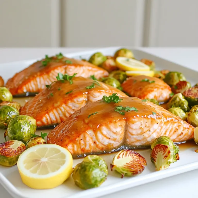 - 4 fresh salmon fillets (about 6 ounces each) - 1 pound Brussels sprouts, trimmed and halved lengthwise - 1/4 cup pure maple syrup (preferably grade A) - 2 tablespoons Dijon mustard (whole grain for added texture) - 2 tablespoons extra virgin olive oil - 3 cloves garlic, finely minced - Salt and freshly cracked black pepper, to taste - 1/2 teaspoon smoked paprika (adds a lovely depth of flavor) - Lemon wedges, for serving (about 1 lemon) - Fresh parsley, chopped, for garnish (flat-leaf parsley for best flavor) Using fresh ingredients makes a big difference. The salmon fillets should be bright and firm. Look for Brussels sprouts that are small, green, and tight. The maple syrup must be pure for the best taste. I always prefer grade A syrup for its rich flavor. Dijon mustard adds a nice kick. Whole grain gives a bit more texture. Olive oil helps everything cook evenly. Minced garlic brings a wonderful aroma that fills your kitchen. When it comes to seasoning, salt and black pepper are key. Smoked paprika gives a warm, smoky flavor. For garnishes, lemon wedges add brightness. Fresh parsley gives a pop of color and taste. You’ll love how it all comes together. First, preheat your oven to 400°F (200°C). This step warms the oven and helps cook the salmon and Brussels sprouts evenly. While the oven heats, grab a large sheet pan. Lightly grease it with cooking spray or a drizzle of olive oil. This will help prevent sticking and make cleanup easy. In a small mixing bowl, whisk together the following ingredients: - 1/4 cup pure maple syrup - 2 tablespoons Dijon mustard - 2 tablespoons extra virgin olive oil - 3 cloves garlic, minced - 1/2 teaspoon smoked paprika - Salt and freshly cracked black pepper to taste Mix until smooth. If the glaze seems thick, add a bit more olive oil to reach the right consistency. You want it pourable but still thick enough to coat the salmon well. Now, let’s arrange everything on the sheet pan. Place the halved Brussels sprouts on one side, cut-side up. Drizzle them with olive oil, sprinkle with salt and pepper, and toss them to coat. Spread them out in a single layer for even cooking. On the other side of the pan, lay the salmon fillets skin-side down. Brush the maple glaze over each fillet. Make sure they are well coated to soak up all that flavor. Put the sheet pan in the preheated oven. Roast everything for about 15-18 minutes. The salmon is done when it flakes easily with a fork, and the Brussels sprouts should look golden and tender. Once cooked, take the sheet pan out of the oven. Let it cool for a couple of minutes before serving. Enjoy the sweet and savory flavors of your meal! To get that perfect glaze, timing is key. Brush the glaze on the salmon fillets right before they go into the oven. This timing lets the glaze caramelize without burning. If you brush it too early, it can burn before the salmon cooks. To prevent burning, watch the cooking time closely. Salmon cooks quickly, and the sugar in the maple syrup can char if you leave it too long. Take it out when the salmon flakes easily with a fork. The Brussels sprouts should be tender and slightly browned for the best flavor. Set your oven to 400°F (200°C) for the best results. This temperature lets the salmon and Brussels sprouts cook evenly. Always preheat your oven. A hot oven ensures they roast perfectly, giving you that nice crispy texture. Using foil can make cleanup a breeze. Line your sheet pan with foil before adding the salmon and Brussels sprouts. This step keeps your pan clean and helps with easy serving. Just lift the foil and toss it away. For side dishes, consider a light salad or some quinoa. These options balance the richness of the salmon. They also add freshness to your meal. When it comes to wine, try a crisp white wine like Sauvignon Blanc. This wine pairs well with salmon and enhances the meal's overall taste. If you prefer something non-alcoholic, a sparkling water with lemon is refreshing. {{image_4}} You can switch up the fish if you want. Try using trout or cod for a new taste. Both can work well with the maple glaze. If you want more veggies, add carrots or sweet potatoes. They roast nicely and add extra flavor. Spices can make a big difference. Consider adding thyme or rosemary for a fresh taste. If you like it spicy, a dash of cayenne pepper can kick things up. You might want less sweetness too. Try cutting the maple syrup in half for a milder flavor. For gluten-free meals, make sure your Dijon mustard is gluten-free. Most brands should be fine, but check the label. If you want a vegan option, swap the salmon for marinated tofu. Use the same glaze for great flavor. You can even try chickpeas for a protein boost. To store your maple-glazed salmon and Brussels sprouts, cool them down first. Place them in an airtight container. This keeps them fresh and prevents odors. You can store them in the fridge for up to three days. When it’s time to enjoy leftovers, I recommend using the oven. Preheat your oven to 350°F (175°C). Place the salmon and Brussels sprouts on a baking sheet. Heat them for about 10-15 minutes. This method keeps the salmon moist and the sprouts crispy. Avoid using the microwave, as it can make the sprouts soggy. You can make this meal ahead and freeze it. Let the food cool, then pack it in freezer-safe containers. It will last for about three months in the freezer. For quick meals, portion the salmon and sprouts into individual servings. This makes it easy to grab and reheat when you are in a hurry. Cook salmon for about 15 to 18 minutes. The exact time can change based on the thickness of the fillets. For fillets around 1 inch thick, start checking at 15 minutes. If they are thicker, you might need a few more minutes. The salmon is ready when it flakes easily with a fork and looks opaque. Yes, you can use frozen salmon. However, you need to thaw it first. The best way to thaw salmon is in the fridge overnight. If you're short on time, you can also place the salmon in a sealed bag and submerge it in cold water for about an hour. Thawing properly helps keep the salmon juicy and tender. Maple glazed salmon pairs well with many side dishes. Roasted Brussels sprouts are a great match, as they share the same cooking time. You can also serve it with rice, quinoa, or a fresh green salad. For extra flavor, add lemon wedges and fresh herbs like parsley. These bright flavors balance the sweetness of the glaze perfectly. This recipe highlights how to create a delicious maple-glazed salmon dish with fresh ingredients. You learned about the main components like salmon and Brussels sprouts, and the key steps to perfect your glaze. I shared tips for cooking and serving, plus fun ways to adapt the dish to your tastes. With these techniques in hand, you can impress friends and family with this easy meal. Enjoy experimenting and making it your own!