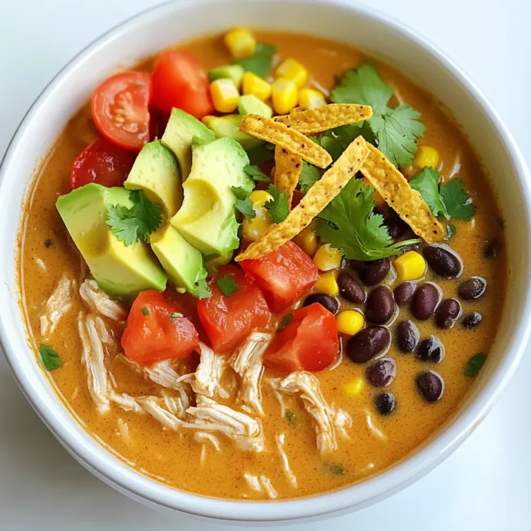 To make this creamy chicken enchilada soup, gather these key items: - 1 lb boneless, skinless chicken breasts - 1 can (15 oz) black beans, drained and rinsed - 1 can (15 oz) sweet corn, drained - 1 can (10 oz) diced tomatoes with green chilies - 1 small onion, finely diced - 3 cloves garlic, minced - 2 cups chicken broth, preferably low-sodium - 1 tablespoon chili powder - 1 teaspoon ground cumin - 1 teaspoon smoked paprika - 1 cup heavy cream - Salt and freshly cracked pepper, to taste These ingredients work together to create a rich, flavorful base for your soup. To elevate your soup, consider these garnishes: - Fresh cilantro leaves - Ripe avocado slices - Crispy tortilla strips These add freshness, creaminess, and crunch to your dish, making it even more enjoyable. For a complete meal, serve your soup with: - Crispy tortilla chips - A simple green salad These pair well with the creamy soup and provide a nice contrast in texture. First, gather all your ingredients. You need: - 1 lb boneless, skinless chicken breasts - 1 can (15 oz) black beans, drained and rinsed - 1 can (15 oz) sweet corn, drained - 1 can (10 oz) diced tomatoes with green chilies - 1 small onion, finely diced - 3 cloves garlic, minced - 2 cups chicken broth, preferably low-sodium - 1 tablespoon chili powder - 1 teaspoon ground cumin - 1 teaspoon smoked paprika - 1 cup heavy cream - Salt and freshly cracked pepper, to taste - Fresh cilantro leaves, for garnish - Ripe avocado slices, for garnish - Crispy tortilla strips, for serving Start by placing the chicken breasts at the bottom of your slow cooker. This helps the chicken soak up all the flavors. Next, add the black beans, sweet corn, diced tomatoes, onion, and garlic on top of the chicken. Spread these ingredients evenly so every bite is loaded with flavor. Now, pour the chicken broth over everything. Make sure all the ingredients are submerged. This step is key for a rich taste. Next, sprinkle the chili powder, cumin, smoked paprika, salt, and pepper over the top. These spices add depth to the soup. Cover your slow cooker and cook on low for 6-8 hours or on high for 3-4 hours. The chicken should be tender and easy to shred. When the time is up, take out the chicken breasts. Use two forks to shred the chicken into small pieces. Return the shredded chicken to the cooker and stir it in. Pour in the heavy cream and mix gently. Let the soup cook on low for another 30 minutes. This will make your soup creamy and delicious. Before serving, taste it and adjust the salt and pepper as needed. For presentation, ladle the soup into bowls. Garnish with fresh cilantro, avocado slices, and crispy tortilla strips. This adds a nice crunch and makes the soup look great. Enjoy your creamy chicken enchilada soup! To get the best creamy texture, use heavy cream. This makes the soup rich and smooth. Add the heavy cream at the end of cooking. Mix it well to combine. If you want even more creaminess, blend a portion of the soup before adding the cream. This blends the beans and corn, adding body to the soup. Cooking time can change based on your slow cooker. If you cook on low, aim for 6 to 8 hours. On high, cook for 3 to 4 hours. Always check the chicken's doneness. It should shred easily with a fork. If you need it faster, use the high setting but keep an eye on it. Adjust the time if you’re cooking more or less chicken. Serve the soup in warm bowls for a great experience. Top with fresh cilantro and ripe avocado slices. Add crispy tortilla strips for crunch. You can also serve it with tortilla chips on the side. This enhances the texture and adds a fun element to your meal. Enjoy your creamy chicken enchilada soup with friends or family for a comforting night in! {{image_4}} To make a spicy version, add more chili powder. You can also include diced jalapeños for heat. If you want more depth, use spicy diced tomatoes instead of regular ones. This will give your soup a nice kick. For a vegetarian soup, swap the chicken for extra beans or lentils. You can use vegetable broth instead of chicken broth. Add more veggies like bell peppers, zucchini, or spinach. This keeps the soup hearty and full of flavor. Feel free to mix up the ingredients. You can use any beans you like, such as pinto or kidney beans. If you don’t have heavy cream, try using coconut milk for a dairy-free option. You can also replace the chicken with tofu or tempeh. These changes help you tailor the soup to your taste. To store your creamy chicken enchilada soup, let it cool first. Once cool, pour it into an airtight container. Make sure to seal it well to keep the flavors fresh. Store it in the fridge for up to three days. Always label the container with the date. This way, you know when to use it. If you want to save the soup for later, freezing is a great option. Pour the cooled soup into freezer-safe bags or containers. Leave some space at the top, as liquids expand when frozen. You can freeze it for up to three months. When you’re ready to eat it, just remember to label your bags with the date! For reheating, you have a few options. You can use the microwave or stovetop. If using the microwave, heat in short bursts, stirring in between. This helps to heat evenly. For the stovetop, pour the soup into a pot. Heat over medium heat, stirring until hot. Add a splash of chicken broth or cream if it seems too thick. Enjoy your soup warm! Yes, you can use frozen chicken breasts. Just add them directly to the slow cooker. Cook on high for 4-5 hours or low for 8-9 hours. This method will keep the chicken moist and tender. Make sure to check that it's fully cooked before shredding. To add spice, consider using more chili powder or diced jalapeños. You could also mix in some hot sauce. Another idea is to use spicy diced tomatoes instead of regular ones. This will give your soup a nice kick without losing its creamy texture. Great toppings include fresh cilantro, ripe avocado slices, and crispy tortilla strips. You could also add shredded cheese or a dollop of sour cream for extra creaminess. These toppings enhance the soup's flavor and texture, making each bite special. Enjoy exploring different combinations! You’ve learned the key ingredients and steps for making delicious chicken enchilada soup. We covered tips for the creamiest texture and how to store leftovers effectively. Remember, you can customize this recipe with tasty variations like spicy or vegetarian options. Experiment with garnishes and pairings to enhance your meal. Enjoy creating a comforting dish that satisfies your taste buds. With these insights, you'll make soup that's both flavorful and enjoyable. Happy cooking!