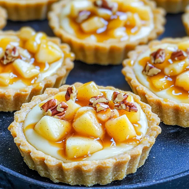 When making caramel apple cheesecake tartlets, gathering the right ingredients is key. Here’s what you need to create these tasty treats: - 1 cup all-purpose flour - 1/4 cup powdered sugar - 1/2 cup unsalted butter, softened - 1/4 teaspoon salt - 2 oz cream cheese, softened - 1/4 cup granulated sugar - 1/2 teaspoon vanilla extract - 1 medium apple (Granny Smith or Honeycrisp) - 1/2 teaspoon ground cinnamon - 1/4 cup caramel sauce - Chopped pecans (optional garnish) Each ingredient plays an important role. The all-purpose flour and powdered sugar form the crust. The butter makes it rich and flaky. Cream cheese lends a creamy texture to the filling, while sugar adds sweetness. Choosing the right apple matters too. Granny Smith apples offer a nice tartness, balancing the sweet caramel. Honeycrisp apples are juicy and sweet, adding a lovely flavor. I love a good drizzle of caramel on top. It adds a fun finish. Finally, chopped pecans add crunch, but they are optional. You can swap them for other nuts or leave them out. Now that you know the ingredients, you’re ready to start creating your own caramel apple cheesecake tartlets! To start, mix the dry ingredients in a bowl. Combine 1 cup of all-purpose flour, 1/4 cup of powdered sugar, and 1/4 teaspoon of salt. This mix will give your crust a sweet and tender base. Next, add 1/2 cup of softened unsalted butter. Use your fingertips or a pastry cutter to blend until it looks like coarse crumbs. Finally, press this mixture firmly into tartlet pans. Make sure to cover the bottom and sides evenly. Now, preheat your oven to 350°F (175°C). This step is key for a good bake. Once hot, place your crusts in the oven. Bake for 10 to 12 minutes. Watch for a light golden color around the edges. When done, take them out and let them cool completely on a wire rack. This cooling step ensures your tartlets hold their shape. In a clean bowl, beat 2 oz of softened cream cheese until smooth. It's important to get rid of any lumps. Gradually add 1/4 cup of granulated sugar and 1/2 teaspoon of vanilla extract. Keep mixing until creamy. Now, gently fold in the diced apple and 1/2 teaspoon of ground cinnamon. Use a spatula to combine without mashing the apples. Now, it’s time to fill the cooled crusts. Spoon the cheesecake filling into each crust. Use the back of a spoon to smooth the tops. This makes for a nice finish. Make sure the filling is level in each tartlet. Chilling is important for the filling to set. Cover the filled tartlets with plastic wrap. Place them in the fridge for at least 30 minutes. After chilling, drizzle caramel sauce over each tartlet. Let it flow down the sides for a lovely look. For an optional touch, sprinkle chopped pecans on top. They add a nice crunch. These tartlets can be served chilled or at room temperature. They are perfect for any occasion or as a sweet treat! To make a delicious crust, avoid common pitfalls. One common mistake is overworking the dough. Mix the flour, sugar, and salt gently. Aim for a crumbly texture. Press it firmly into the tartlet pan without compacting it too much. Butter temperature is key. Use softened butter, not melted. Softened butter creates a tender crust. If it’s too cold, it won’t mix well. If it’s too warm, the crust could become greasy. For a smooth filling, beat the cream cheese until creamy. Gradually add sugar and vanilla while mixing. This helps avoid lumps. Choose the right apple for flavor. Granny Smith or Honeycrisp works best. They add a nice tartness. Avoid overly sweet apples; they won’t balance the cheesecake well. You can serve these tartlets chilled or at room temperature. Chilling the tartlets helps the filling set nicely. At room temperature, the flavors become more pronounced. For storage, keep leftovers in the fridge. Use an airtight container to maintain freshness. Enjoy them within three days for best taste. {{image_4}} You can easily change the cheesecake flavor. Try adding spices like nutmeg or ginger. These spices bring warmth and depth to your tartlets. You can also explore alternative flavors like pumpkin or chocolate. Pumpkin gives a nice fall vibe, while chocolate makes it rich and sweet. Garnishes can make your tartlets stand out. Use different nuts like walnuts or almonds for crunch. They add a lovely texture and flavor boost. You can also top your tartlets with whipped cream or a chocolate drizzle. This adds a fun and sweet touch to each bite. If you’re short on time, store-bought tartlets work great. You can find them at most grocery stores. Look for mini tart shells in the bakery section. To enhance store-bought options, fill them with your cheesecake mix and add your favorite toppings. This makes them taste homemade and special. To keep your caramel apple cheesecake tartlets fresh, store them in the fridge. Place them in an airtight container. This helps to prevent them from drying out or absorbing other smells. Enjoy the tartlets within three days for the best taste. You can freeze the tartlet crusts or the filled tartlets. To freeze the crusts, let them cool completely first. Wrap them tightly in plastic wrap. For filled tartlets, freeze them without the caramel sauce. This keeps them fresh longer. Thaw the filled tartlets in the fridge overnight before serving. Drizzle with caramel sauce just before enjoying. If you have leftover tartlets, you can serve them chilled or at room temperature. For reheating, place them in a preheated oven at 300°F for about 10 minutes. This warms them gently without making them soggy. To make them look nice, add a fresh drizzle of caramel sauce and sprinkle with pecans before serving. This adds a lovely touch! Yes, you can prepare these tartlets in advance. They taste great after chilling. - Preparation timeline: Make the crust and filling a day before serving. - Storage options: Keep the tartlets in the fridge, covered with plastic wrap. Granny Smith and Honeycrisp apples work best. They balance sweetness and tartness. - Recommended varieties: Granny Smith has a crisp and tart flavor. Honeycrisp is sweet with a hint of tartness. You can use mascarpone or ricotta cheese. They offer unique flavors and textures. - Substitutions for cream cheese: Mascarpone adds creaminess, while ricotta gives a lighter texture. - Effects on flavor and texture: The taste changes, so choose based on your preference. To achieve a flaky crust, keep your butter cold. Mix it gently to avoid overworking. - Techniques for achieving a flaky crust: Use a pastry cutter and avoid your hands. - Importance of temperature and mixing: Cold ingredients help create layers in the dough. Yes, you can use gluten-free all-purpose flour. It works well for this recipe. - Recommendations for gluten-free options: Look for blends that include xanthan gum for better texture. - Adjustments in baking times or ratios: You may need to bake a little longer, so keep an eye on them. You now have all the steps to create delicious apple cheesecake tartlets. From mixing the crust to chilling the filling, each process builds great flavor. Remember, choosing the right apple and being careful with your ingredients is key to success. Feel free to explore variations and toppings that fit your taste. With these tips, you can enjoy and share delightful tartlets anytime. Happy baking!