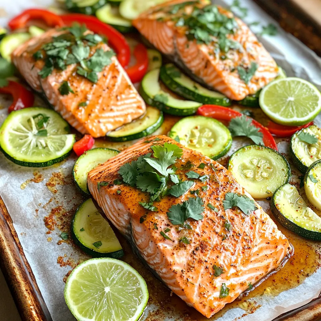 - 4 fresh salmon fillets - 2 medium zucchinis, sliced into half-moons - 1 red bell pepper, sliced into thin strips - 1 tablespoon high-quality olive oil - Juice from 2 ripe limes - Zest from 1 lime - 2 teaspoons chili powder (adjust to your heat preference) - 1 teaspoon smoked paprika for a depth of flavor - 2 cloves of garlic, finely minced - Sea salt and freshly cracked black pepper, to taste - Fresh cilantro leaves, roughly chopped - Lime wedges 1. First, preheat your oven to 425°F (220°C). This high heat helps the salmon cook quickly and evenly. Next, line a large baking sheet with parchment paper. This makes cleanup easier and keeps your food from sticking. 2. In a small bowl, mix together the following ingredients: - 1 tablespoon high-quality olive oil - Juice from 2 ripe limes - Zest from 1 lime - 2 teaspoons chili powder - 1 teaspoon smoked paprika - 2 cloves of minced garlic - Sea salt and freshly cracked black pepper, to taste Whisk these ingredients until they blend well. The mix should smell fresh and spicy. 1. Place 4 salmon fillets in the center of the baking sheet. Drizzle half of your spice mix over the salmon. Make sure each fillet gets a good amount of the mixture. This step is key to having flavorful salmon. 2. In another bowl, take 2 sliced zucchinis and 1 sliced red bell pepper. Pour the rest of your spice mix over these veggies. Toss them well so every piece gets coated. This adds great flavor and color to your dish. 1. Arrange the seasoned zucchini and bell pepper around the salmon on your sheet pan. This colorful layout not only looks nice but helps the veggies roast well. 2. Bake everything in your preheated oven for 15-20 minutes. Check for doneness by ensuring the salmon flakes easily with a fork. The veggies should be tender but still crunchy. 3. Once baked, take the sheet out and let it rest for a few minutes. This lets the flavors blend. Remember to garnish with fresh cilantro before serving. Enjoy your vibrant and tasty Chili Lime Salmon & Zucchini Sheet Pan Delight! To get a flaky texture, cook salmon until it reaches 145°F. Use a fork to test if it flakes easily. If your fillets are thick, you may need more time. A 1-inch thick fillet needs about 15-20 minutes in the oven. Thinner pieces will cook faster, so check them at 12 minutes. To keep zucchini crisp, do not overcook it. Roast it until just tender, around 10-15 minutes. Cut your zucchini in uniform shapes to ensure even cooking. Mixing in red bell pepper adds color and sweetness, and it roasts well with zucchini. You can change the spice level by adjusting the chili powder. For more heat, add extra chili powder or some cayenne pepper. If you prefer sweetness, try adding a touch of honey or a sprinkle of brown sugar to the spice mix. This balance makes the dish exciting and tasty. {{image_4}} You can switch up the salmon for chicken or tofu. Chicken breasts work well, too. Just cut them into equal pieces for even cooking. Use the same seasoning mix to keep flavors strong. If you pick tofu, use firm or extra firm. Cut it into cubes and press out excess water. Marinade the tofu in the spice mix for 30 minutes. This helps it soak in the chili lime flavors. Zucchini and bell peppers are great, but other veggies fit well too. Try adding asparagus, broccoli, or cherry tomatoes. These veggies roast nicely and add color to your meal. Carrots cut into thin sticks also work well. Just remember to cut them small so they cook through in the same time as the salmon. Serve your chili lime salmon with rice or quinoa for a hearty meal. A fresh salad on the side adds a nice crunch. You can also add some black beans for extra protein and fiber. For a fun touch, serve with lime wedges. This lets everyone add extra zing to their plates. Another idea is to pair it with corn on the cob for a summer vibe. To store leftovers, let the dish cool down. Place the salmon and veggies in an airtight container. It’s best to refrigerate them within two hours. This helps keep them fresh. When stored properly, they last for about three days. You can also freeze the leftovers. Wrap them tightly in plastic wrap and place them in a freezer-safe bag. For best quality, use them within three months. When reheating, keep the salmon and veggies flavorful. Preheat your oven to 350°F (175°C). Place the salmon and vegetables on a baking sheet. Cover them with foil to keep moisture in. Heat for about 10-15 minutes, or until warmed through. You can also use a microwave. Place a damp paper towel over the dish. Heat in short bursts of 30 seconds until hot. This method helps prevent drying out. You can prepare parts of this meal ahead of time. Slice the zucchinis and bell peppers a day before. Store them in a container in the fridge. You can also mix the spice blend in advance. Keep it in a small jar. When you are ready to cook, simply season the salmon and veggies. This way, you can enjoy a tasty meal in no time. To check if the salmon is done, look for these signs: - The salmon should be opaque and pink in color. - It should flake easily with a fork. - The internal temperature should reach 145°F (63°C). These signs tell you the salmon is fully cooked. If you follow these tips, you will enjoy a perfectly cooked salmon fillet. Yes, you can use frozen salmon! Here are some best practices: - Thaw the salmon overnight in the fridge for best results. - If you're in a hurry, you can cook it straight from frozen. - Increase your baking time by about 5-10 minutes. Cooking from frozen may require extra care, so check on it often. The salmon will still taste amazing! Absolutely! Here are some tips for a dairy-free version: - Use olive oil instead of butter for cooking. - Avoid any dairy-based sauces or dressings. - Add more lime juice or fresh herbs for extra flavor. This recipe remains full of flavor without dairy. You can enjoy it guilt-free! This blog post covers how to make a tasty baked salmon dish with fresh veggies. You learned about key ingredients like salmon, zucchini, and spices. I shared easy steps for prep, seasoning, and baking. You also got tips for perfecting flavor and texture. Remember, you can swap proteins or veggies to match your taste. Whether you choose to store leftovers or meal prep for the week, this dish offers flexibility. Enjoy creating a delicious and healthy meal that fits your needs.