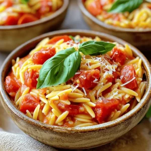 For this creamy tomato basil orzo, you need: - 1 cup orzo pasta - 2 tablespoons olive oil - 1 small onion, finely chopped - 2 cloves garlic, minced - 1 can (14 oz) diced tomatoes, including juices - 1 cup vegetable broth - 1 cup heavy cream - 1 teaspoon dried Italian herbs - Salt and pepper to taste - 1 cup fresh basil leaves, roughly chopped - ½ cup grated Parmesan cheese To enhance the flavor of your dish, consider adding: - A pinch of red pepper flakes for heat - Fresh lemon juice for brightness - Chopped spinach or kale for extra greens - Cooked chicken or shrimp for protein If you need substitutions, here are some ideas: - Use whole wheat orzo for a healthier option. - Swap heavy cream with coconut milk for a dairy-free version. - Use low-sodium vegetable broth for less salt. - Replace Parmesan with nutritional yeast for a vegan twist. These choices help you adapt the recipe to your needs while keeping it tasty! To cook the orzo pasta, start with a medium saucepan. Fill it with salted water and bring it to a rolling boil. Once the water bubbles, add 1 cup of orzo. Cook the pasta per the package instructions until it is al dente. This usually takes about 8-10 minutes. After cooking, drain the orzo well and set it aside. This step ensures that the pasta stays firm and does not become mushy in the final dish. Next, grab a large skillet and pour in 2 tablespoons of olive oil. Heat the oil over medium heat until it shimmers. Add 1 small, finely chopped onion and sauté for about 3-4 minutes. You want the onion to become soft and translucent. Then, add 2 minced garlic cloves. Stir frequently for about one minute until the garlic smells nice but doesn’t burn. Now, pour in a can of diced tomatoes (14 oz) along with the juices. Then, add 1 cup of vegetable broth and stir well. Let this mixture simmer gently for about 5 minutes. This step helps to blend the flavors beautifully. After that, reduce the heat to low and slowly pour in 1 cup of heavy cream. Stir continuously until the sauce becomes creamy and warm, but do not let it boil. Season it with 1 teaspoon of dried Italian herbs, salt, and pepper to taste. With the sauce ready, it’s time to combine everything. Carefully add the cooked orzo pasta to the creamy sauce. Stir it in well to coat each piece of pasta evenly. This ensures every bite is flavorful. Next, gently fold in 1 cup of roughly chopped fresh basil and ½ cup of grated Parmesan cheese. The cheese will melt slightly, adding a rich taste. Now, remove the skillet from heat and taste your dish. You may want to adjust the seasoning based on your taste. This final step allows you to personalize your creamy tomato basil orzo, making it just right for you. To get the best creamy texture in your orzo dish, follow these tips: - Use heavy cream. It gives a rich and smooth feel. - Stir the cream in slowly. This helps blend it well without clumping. - Cook on low heat. High heat can break down the cream and make it less creamy. - Add a little pasta water. If the sauce thickens too much, use some of the water you cooked the orzo in. This keeps the dish velvety and smooth. For a more exciting flavor, consider these suggestions: - Add more herbs. Fresh oregano or thyme works great with the basil. - Try a splash of balsamic vinegar. It adds a nice tang. - Use crushed red pepper flakes. This gives a hint of spice. - Experiment with cheese. Besides Parmesan, try adding mozzarella or goat cheese for a twist. These simple changes can elevate your creamy tomato basil orzo. Having the right tools makes cooking easier. Here’s what you’ll need: - A medium saucepan for cooking orzo. - A large skillet for the sauce. - A wooden spoon or spatula for stirring. - A measuring cup for liquids. - A sharp knife for chopping onions and garlic. With these tools, you will prepare your creamy tomato basil orzo with ease. {{image_4}} You can easily make creamy tomato basil orzo vegetarian. The base is already plant-friendly. Use vegetable broth instead of chicken broth. For extra veggies, add spinach, zucchini, or bell peppers. These options bring color and nutrition. You can also toss in some mushrooms for an earthy flavor. Adding protein can make this dish even heartier. Grilled chicken or shrimp pair well with the creamy sauce. Simply cook the protein separately and mix it in before serving. For chicken, use boneless, skinless breasts. For shrimp, peel and devein them first. Both options cook quickly and add a wonderful taste. If you need a gluten-free option, swap the orzo for gluten-free pasta. There are many brands available that work well. Just be sure to check the cooking time, as it may vary. You can also use rice instead of orzo for a different texture. This way, everyone can enjoy this delicious dish! To store leftover creamy tomato basil orzo, let it cool first. Once cooled, place it in an airtight container. This keeps the pasta fresh for up to three days in the fridge. Make sure to label the container with the date. This way, you’ll know when to eat it. When you’re ready to enjoy your leftovers, reheat them on the stove. Place the orzo in a skillet over low heat. Add a splash of water or broth to help it heat evenly. Stir gently until it’s warm and creamy again. You can also use a microwave. Put the orzo in a microwave-safe bowl. Cover it loosely and heat in short bursts, stirring in between. If you want to freeze your creamy tomato basil orzo, follow these steps. First, let it cool completely. Then, transfer it to a freezer-safe container. You can also use freezer bags. Make sure to squeeze out excess air to prevent freezer burn. Frozen orzo can last up to three months. When you’re ready to eat, thaw it in the fridge overnight before reheating. You can make Creamy Tomato Basil Orzo ahead of time. Prepare the dish fully and let it cool. Store it in an airtight container in the fridge. It stays good for up to three days. When you're ready to eat, reheat it in a skillet. You may need to add a splash of broth or cream to restore creaminess. Yes, you can use dried basil instead of fresh. Use about one teaspoon of dried basil for every cup of fresh. Dried herbs pack a punch, so be careful not to add too much. While fresh basil tastes bright and vibrant, dried basil will still add great flavor. Creamy Tomato Basil Orzo pairs well with many sides. Here are some ideas: - Grilled chicken or shrimp for protein. - A simple green salad with vinaigrette. - Garlic bread for a crunchy side. - Roasted vegetables for added nutrition. These options balance the rich flavors of the orzo and make for a complete meal. This blog post covered how to make Creamy Tomato Basil Orzo. We explored the key ingredients, making a creamy sauce, and combining flavors. You learned tips for texture and flavor, along with cooking variations and storage methods. This dish is easy to customize and perfect for anyone. With simple steps and tasty options, you can impress anyone at your table. Enjoy cooking and savor each bite of your delicious creation.