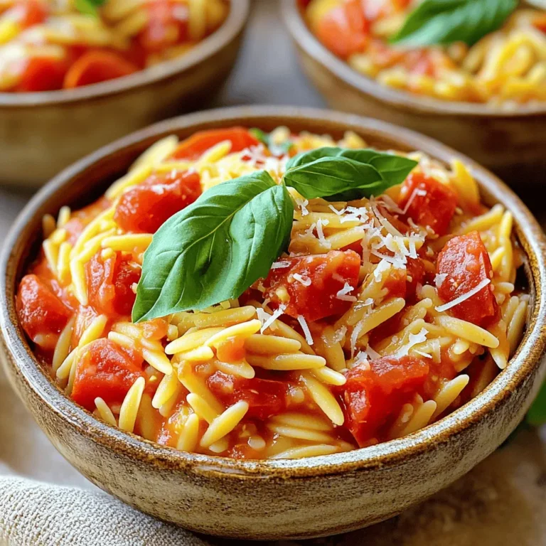 For this creamy tomato basil orzo, you need: - 1 cup orzo pasta - 2 tablespoons olive oil - 1 small onion, finely chopped - 2 cloves garlic, minced - 1 can (14 oz) diced tomatoes, including juices - 1 cup vegetable broth - 1 cup heavy cream - 1 teaspoon dried Italian herbs - Salt and pepper to taste - 1 cup fresh basil leaves, roughly chopped - ½ cup grated Parmesan cheese To enhance the flavor of your dish, consider adding: - A pinch of red pepper flakes for heat - Fresh lemon juice for brightness - Chopped spinach or kale for extra greens - Cooked chicken or shrimp for protein If you need substitutions, here are some ideas: - Use whole wheat orzo for a healthier option. - Swap heavy cream with coconut milk for a dairy-free version. - Use low-sodium vegetable broth for less salt. - Replace Parmesan with nutritional yeast for a vegan twist. These choices help you adapt the recipe to your needs while keeping it tasty! To cook the orzo pasta, start with a medium saucepan. Fill it with salted water and bring it to a rolling boil. Once the water bubbles, add 1 cup of orzo. Cook the pasta per the package instructions until it is al dente. This usually takes about 8-10 minutes. After cooking, drain the orzo well and set it aside. This step ensures that the pasta stays firm and does not become mushy in the final dish. Next, grab a large skillet and pour in 2 tablespoons of olive oil. Heat the oil over medium heat until it shimmers. Add 1 small, finely chopped onion and sauté for about 3-4 minutes. You want the onion to become soft and translucent. Then, add 2 minced garlic cloves. Stir frequently for about one minute until the garlic smells nice but doesn’t burn. Now, pour in a can of diced tomatoes (14 oz) along with the juices. Then, add 1 cup of vegetable broth and stir well. Let this mixture simmer gently for about 5 minutes. This step helps to blend the flavors beautifully. After that, reduce the heat to low and slowly pour in 1 cup of heavy cream. Stir continuously until the sauce becomes creamy and warm, but do not let it boil. Season it with 1 teaspoon of dried Italian herbs, salt, and pepper to taste. With the sauce ready, it’s time to combine everything. Carefully add the cooked orzo pasta to the creamy sauce. Stir it in well to coat each piece of pasta evenly. This ensures every bite is flavorful. Next, gently fold in 1 cup of roughly chopped fresh basil and ½ cup of grated Parmesan cheese. The cheese will melt slightly, adding a rich taste. Now, remove the skillet from heat and taste your dish. You may want to adjust the seasoning based on your taste. This final step allows you to personalize your creamy tomato basil orzo, making it just right for you. To get the best creamy texture in your orzo dish, follow these tips: - Use heavy cream. It gives a rich and smooth feel. - Stir the cream in slowly. This helps blend it well without clumping. - Cook on low heat. High heat can break down the cream and make it less creamy. - Add a little pasta water. If the sauce thickens too much, use some of the water you cooked the orzo in. This keeps the dish velvety and smooth. For a more exciting flavor, consider these suggestions: - Add more herbs. Fresh oregano or thyme works great with the basil. - Try a splash of balsamic vinegar. It adds a nice tang. - Use crushed red pepper flakes. This gives a hint of spice. - Experiment with cheese. Besides Parmesan, try adding mozzarella or goat cheese for a twist. These simple changes can elevate your creamy tomato basil orzo. Having the right tools makes cooking easier. Here’s what you’ll need: - A medium saucepan for cooking orzo. - A large skillet for the sauce. - A wooden spoon or spatula for stirring. - A measuring cup for liquids. - A sharp knife for chopping onions and garlic. With these tools, you will prepare your creamy tomato basil orzo with ease. {{image_4}} You can easily make creamy tomato basil orzo vegetarian. The base is already plant-friendly. Use vegetable broth instead of chicken broth. For extra veggies, add spinach, zucchini, or bell peppers. These options bring color and nutrition. You can also toss in some mushrooms for an earthy flavor. Adding protein can make this dish even heartier. Grilled chicken or shrimp pair well with the creamy sauce. Simply cook the protein separately and mix it in before serving. For chicken, use boneless, skinless breasts. For shrimp, peel and devein them first. Both options cook quickly and add a wonderful taste. If you need a gluten-free option, swap the orzo for gluten-free pasta. There are many brands available that work well. Just be sure to check the cooking time, as it may vary. You can also use rice instead of orzo for a different texture. This way, everyone can enjoy this delicious dish! To store leftover creamy tomato basil orzo, let it cool first. Once cooled, place it in an airtight container. This keeps the pasta fresh for up to three days in the fridge. Make sure to label the container with the date. This way, you’ll know when to eat it. When you’re ready to enjoy your leftovers, reheat them on the stove. Place the orzo in a skillet over low heat. Add a splash of water or broth to help it heat evenly. Stir gently until it’s warm and creamy again. You can also use a microwave. Put the orzo in a microwave-safe bowl. Cover it loosely and heat in short bursts, stirring in between. If you want to freeze your creamy tomato basil orzo, follow these steps. First, let it cool completely. Then, transfer it to a freezer-safe container. You can also use freezer bags. Make sure to squeeze out excess air to prevent freezer burn. Frozen orzo can last up to three months. When you’re ready to eat, thaw it in the fridge overnight before reheating. You can make Creamy Tomato Basil Orzo ahead of time. Prepare the dish fully and let it cool. Store it in an airtight container in the fridge. It stays good for up to three days. When you're ready to eat, reheat it in a skillet. You may need to add a splash of broth or cream to restore creaminess. Yes, you can use dried basil instead of fresh. Use about one teaspoon of dried basil for every cup of fresh. Dried herbs pack a punch, so be careful not to add too much. While fresh basil tastes bright and vibrant, dried basil will still add great flavor. Creamy Tomato Basil Orzo pairs well with many sides. Here are some ideas: - Grilled chicken or shrimp for protein. - A simple green salad with vinaigrette. - Garlic bread for a crunchy side. - Roasted vegetables for added nutrition. These options balance the rich flavors of the orzo and make for a complete meal. This blog post covered how to make Creamy Tomato Basil Orzo. We explored the key ingredients, making a creamy sauce, and combining flavors. You learned tips for texture and flavor, along with cooking variations and storage methods. This dish is easy to customize and perfect for anyone. With simple steps and tasty options, you can impress anyone at your table. Enjoy cooking and savor each bite of your delicious creation.