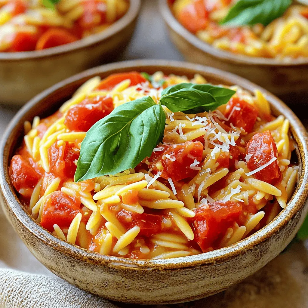 For this creamy tomato basil orzo, you need: - 1 cup orzo pasta - 2 tablespoons olive oil - 1 small onion, finely chopped - 2 cloves garlic, minced - 1 can (14 oz) diced tomatoes, including juices - 1 cup vegetable broth - 1 cup heavy cream - 1 teaspoon dried Italian herbs - Salt and pepper to taste - 1 cup fresh basil leaves, roughly chopped - ½ cup grated Parmesan cheese To enhance the flavor of your dish, consider adding: - A pinch of red pepper flakes for heat - Fresh lemon juice for brightness - Chopped spinach or kale for extra greens - Cooked chicken or shrimp for protein If you need substitutions, here are some ideas: - Use whole wheat orzo for a healthier option. - Swap heavy cream with coconut milk for a dairy-free version. - Use low-sodium vegetable broth for less salt. - Replace Parmesan with nutritional yeast for a vegan twist. These choices help you adapt the recipe to your needs while keeping it tasty! To cook the orzo pasta, start with a medium saucepan. Fill it with salted water and bring it to a rolling boil. Once the water bubbles, add 1 cup of orzo. Cook the pasta per the package instructions until it is al dente. This usually takes about 8-10 minutes. After cooking, drain the orzo well and set it aside. This step ensures that the pasta stays firm and does not become mushy in the final dish. Next, grab a large skillet and pour in 2 tablespoons of olive oil. Heat the oil over medium heat until it shimmers. Add 1 small, finely chopped onion and sauté for about 3-4 minutes. You want the onion to become soft and translucent. Then, add 2 minced garlic cloves. Stir frequently for about one minute until the garlic smells nice but doesn’t burn. Now, pour in a can of diced tomatoes (14 oz) along with the juices. Then, add 1 cup of vegetable broth and stir well. Let this mixture simmer gently for about 5 minutes. This step helps to blend the flavors beautifully. After that, reduce the heat to low and slowly pour in 1 cup of heavy cream. Stir continuously until the sauce becomes creamy and warm, but do not let it boil. Season it with 1 teaspoon of dried Italian herbs, salt, and pepper to taste. With the sauce ready, it’s time to combine everything. Carefully add the cooked orzo pasta to the creamy sauce. Stir it in well to coat each piece of pasta evenly. This ensures every bite is flavorful. Next, gently fold in 1 cup of roughly chopped fresh basil and ½ cup of grated Parmesan cheese. The cheese will melt slightly, adding a rich taste. Now, remove the skillet from heat and taste your dish. You may want to adjust the seasoning based on your taste. This final step allows you to personalize your creamy tomato basil orzo, making it just right for you. To get the best creamy texture in your orzo dish, follow these tips: - Use heavy cream. It gives a rich and smooth feel. - Stir the cream in slowly. This helps blend it well without clumping. - Cook on low heat. High heat can break down the cream and make it less creamy. - Add a little pasta water. If the sauce thickens too much, use some of the water you cooked the orzo in. This keeps the dish velvety and smooth. For a more exciting flavor, consider these suggestions: - Add more herbs. Fresh oregano or thyme works great with the basil. - Try a splash of balsamic vinegar. It adds a nice tang. - Use crushed red pepper flakes. This gives a hint of spice. - Experiment with cheese. Besides Parmesan, try adding mozzarella or goat cheese for a twist. These simple changes can elevate your creamy tomato basil orzo. Having the right tools makes cooking easier. Here’s what you’ll need: - A medium saucepan for cooking orzo. - A large skillet for the sauce. - A wooden spoon or spatula for stirring. - A measuring cup for liquids. - A sharp knife for chopping onions and garlic. With these tools, you will prepare your creamy tomato basil orzo with ease. {{image_4}} You can easily make creamy tomato basil orzo vegetarian. The base is already plant-friendly. Use vegetable broth instead of chicken broth. For extra veggies, add spinach, zucchini, or bell peppers. These options bring color and nutrition. You can also toss in some mushrooms for an earthy flavor. Adding protein can make this dish even heartier. Grilled chicken or shrimp pair well with the creamy sauce. Simply cook the protein separately and mix it in before serving. For chicken, use boneless, skinless breasts. For shrimp, peel and devein them first. Both options cook quickly and add a wonderful taste. If you need a gluten-free option, swap the orzo for gluten-free pasta. There are many brands available that work well. Just be sure to check the cooking time, as it may vary. You can also use rice instead of orzo for a different texture. This way, everyone can enjoy this delicious dish! To store leftover creamy tomato basil orzo, let it cool first. Once cooled, place it in an airtight container. This keeps the pasta fresh for up to three days in the fridge. Make sure to label the container with the date. This way, you’ll know when to eat it. When you’re ready to enjoy your leftovers, reheat them on the stove. Place the orzo in a skillet over low heat. Add a splash of water or broth to help it heat evenly. Stir gently until it’s warm and creamy again. You can also use a microwave. Put the orzo in a microwave-safe bowl. Cover it loosely and heat in short bursts, stirring in between. If you want to freeze your creamy tomato basil orzo, follow these steps. First, let it cool completely. Then, transfer it to a freezer-safe container. You can also use freezer bags. Make sure to squeeze out excess air to prevent freezer burn. Frozen orzo can last up to three months. When you’re ready to eat, thaw it in the fridge overnight before reheating. You can make Creamy Tomato Basil Orzo ahead of time. Prepare the dish fully and let it cool. Store it in an airtight container in the fridge. It stays good for up to three days. When you're ready to eat, reheat it in a skillet. You may need to add a splash of broth or cream to restore creaminess. Yes, you can use dried basil instead of fresh. Use about one teaspoon of dried basil for every cup of fresh. Dried herbs pack a punch, so be careful not to add too much. While fresh basil tastes bright and vibrant, dried basil will still add great flavor. Creamy Tomato Basil Orzo pairs well with many sides. Here are some ideas: - Grilled chicken or shrimp for protein. - A simple green salad with vinaigrette. - Garlic bread for a crunchy side. - Roasted vegetables for added nutrition. These options balance the rich flavors of the orzo and make for a complete meal. This blog post covered how to make Creamy Tomato Basil Orzo. We explored the key ingredients, making a creamy sauce, and combining flavors. You learned tips for texture and flavor, along with cooking variations and storage methods. This dish is easy to customize and perfect for anyone. With simple steps and tasty options, you can impress anyone at your table. Enjoy cooking and savor each bite of your delicious creation.