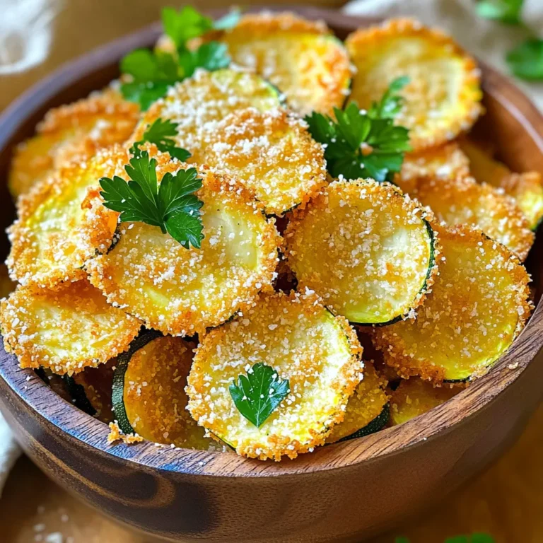 - 2 medium zucchinis - 1 cup freshly grated Parmesan cheese - 1 cup whole wheat breadcrumbs - 1 teaspoon garlic powder - 1 teaspoon onion powder - ½ teaspoon smoked paprika - ½ teaspoon salt - ½ teaspoon freshly ground black pepper - 1 large egg - Olive oil spray To make these tasty air fryer zucchini chips, you need a few simple ingredients. Start with two medium zucchinis. Slice them into thin rounds, about 1/4 inch thick. This thickness helps them crisp up nicely. Next, gather one cup of freshly grated Parmesan cheese. Fresh cheese gives a stronger flavor than pre-shredded cheese. You also need one cup of whole wheat breadcrumbs. They add a nice crunch to the chips. For flavor, you'll want one teaspoon each of garlic powder and onion powder. These spices give your chips a savory taste. Add ½ teaspoon of smoked paprika for a hint of smokiness, along with ½ teaspoon of salt and ½ teaspoon of freshly ground black pepper. You will also need one large egg. Beat it until smooth to use as a binder. Finally, grab some olive oil spray. This will help the chips crisp up without adding too much fat. With these ingredients ready, you can start making your crispy air fryer Parmesan zucchini chips! First, set your air fryer to 375°F (190°C). Let it heat for about 5 minutes. This step is key for crispy chips. Next, grab a large mixing bowl. In it, combine: - 1 cup freshly grated Parmesan cheese - 1 cup whole wheat breadcrumbs - 1 teaspoon garlic powder - 1 teaspoon onion powder - ½ teaspoon smoked paprika - ½ teaspoon salt - ½ teaspoon freshly ground black pepper Stir these until well mixed. This blend adds great flavor and crunch. Now, you need to set up your breading station. Use two bowls: 1. Pour the beaten egg into one bowl. 2. Place the Parmesan mixture in the other bowl. Take a zucchini slice and dip it into the egg. Let the extra egg drip off. Then, move it to the Parmesan mixture. Press it lightly to help the coating stick. Repeat this for all the slices. Lightly spray the air fryer basket with olive oil spray. This helps prevent sticking. Place the coated zucchini chips in a single layer in the basket. Don't crowd them. If needed, cook in batches. For extra crispiness, spritz the tops with olive oil spray. Cook the chips for about 10-12 minutes. Flip them halfway through. They should turn golden brown and crispy. Once cooked, remove the chips and let them cool for a minute. Serve them hot in a wooden bowl or on a parchment-lined platter. For a nice touch, add chopped parsley or more Parmesan on top. Enjoy your tasty, crispy zucchini chips! To make your zucchini chips super crispy, try a few easy steps. First, slice your zucchinis thin, around 1/4 inch. Thin slices cook better and become crispier. Before you air fry, spray a light coat of olive oil on the tops. This helps with browning. If you want an even crunchier bite, use whole wheat breadcrumbs. They add great texture. When slicing zucchini, use a sharp knife or a mandoline for even cuts. Uneven slices cook at different rates, which can lead to some being soggy. A consistent thickness around 1/4 inch ensures even cooking. Handle the zucchini gently to keep the slices intact. This way, each chip stays crispier and holds its shape better. If you want to switch up your oil, there are some tasty options. Avocado oil is a great choice; it adds flavor and has a high smoke point. Coconut oil gives a slight sweetness, making it unique. If you prefer a lighter option, try using cooking spray made from grapeseed oil. Each oil brings its own flavor, so feel free to experiment! {{image_4}} You can tweak the flavor of your zucchini chips with different seasonings. Here are some ideas: - Cajun seasoning: Adds a zesty kick. - Italian herbs: Try oregano or basil for a fresh taste. - Chili powder: For a spicy, bold flavor. - Lemon zest: Brightens the dish with a citrusy note. Mix and match these to find your favorite blend. This way, every batch can taste unique! While Parmesan is great, feel free to explore other cheeses. Here are some tasty alternatives: - Pecorino Romano: Offers a sharper, saltier flavor. - Cheddar: For a rich and creamy taste. - Nutritional yeast: A great vegan option that gives a cheesy flavor. Experimenting with cheese can change the whole vibe of your chips. It’s fun to find new combinations! If you need gluten-free options, no problem! Here’s what you can use instead of breadcrumbs: - Almond flour: Gives a nutty taste and crunch. - Rice flour: A light option that works well. - Crushed gluten-free crackers: Adds flavor and texture. These swaps keep your chips crispy and delicious while being gluten-free. Enjoy your crispy snack without worry! To keep your leftover zucchini chips fresh, place them in an airtight container. Line the bottom with a paper towel to absorb moisture. This will help keep them crispy. Store the container in the fridge for up to three days. Avoid stacking them to prevent sogginess. When you want to enjoy your leftover chips, reheating is key. Preheat your air fryer to 350°F (175°C). Place the zucchini chips in a single layer in the basket. Heat them for about 3-5 minutes. This will help restore their crunch. Avoid using the microwave, as it makes them soft. If you want to save zucchini chips for later, freezing is a great option. First, let them cool completely. Spread the chips in a single layer on a baking sheet. Freeze them for about 1-2 hours until solid. Then, transfer the chips to a freezer-safe bag. Remove excess air before sealing. They can last up to three months in the freezer. When you're ready to eat, just reheat them in the air fryer. To make zucchini chips vegan, swap the egg for a flaxseed egg. Mix 1 tablespoon of ground flaxseed with 2.5 tablespoons of water. Let it sit for five minutes to thicken. Use this mixture instead of the beaten egg for coating. You can also use vegan cheese or nutritional yeast for a cheese-like flavor. Yes, you can use regular breadcrumbs. However, whole wheat breadcrumbs add more texture and flavor. If you have gluten-free needs, use gluten-free breadcrumbs instead. The chips will still be crispy and tasty! Zucchini chips taste great with many dips. Try marinara sauce for a classic touch. Ranch dressing adds a creamy flavor. Hummus works well too, especially a spicy variety. Experiment with your favorite sauces for a fun twist! To keep zucchini chips crispy, slice them evenly, about 1/4 inch thick. After slicing, sprinkle a little salt on them and let them sit for 15 minutes. This draws out excess moisture. Pat them dry with a towel before breading for best results. You can use many vegetables in the air fryer. Try carrots, sweet potatoes, or bell peppers for a tasty crunch. Broccoli and cauliflower also work well. Just adjust the cooking time based on the vegetable size and thickness. Enjoy experimenting! You learned how to make crispy zucchini chips using simple ingredients and easy steps. We covered how to prepare, cook, and store them for later. Remember, variation is key—try different cheeses or seasonings! Don't forget about tips for achieving extra crispiness. Enjoy these tasty snacks knowing they are healthier than traditional chips. Whether you serve them with dips or on their own, they are sure to please. Now, grab your zucchinis and start cooking! Enjoy every crispy bite!