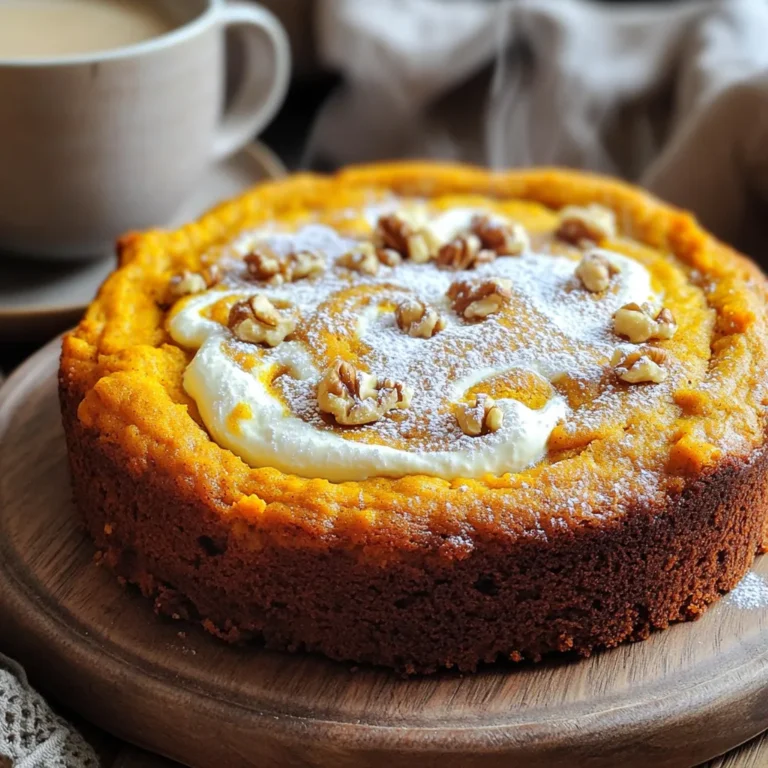 - 1 ½ cups all-purpose flour - 1 teaspoon baking powder - ½ teaspoon baking soda - ½ teaspoon salt - 1 teaspoon ground cinnamon - ½ teaspoon ground nutmeg - ½ cup unsalted butter, softened - 1 cup granulated sugar - 2 large eggs, at room temperature - 1 teaspoon vanilla extract - 1 cup pure pumpkin puree - 8 ounces cream cheese, softened - ½ cup powdered sugar - 1 teaspoon vanilla extract (for cream cheese mixture) - ½ cup chopped walnuts (optional, for garnish) To make this Pumpkin Cream Cheese Coffee Cake, gather these tools: - 9x13 inch baking dish - Mixing bowls - Electric mixer - Whisk - Measuring cups and spoons - Rubber spatula - Knife or skewer for swirling You can swap some ingredients if needed: - Use whole wheat flour instead of all-purpose for more fiber. - Replace unsalted butter with coconut oil for a dairy-free option. - Eggs can be replaced with flax eggs (1 tablespoon ground flaxseed + 3 tablespoons water per egg). - Use a dairy-free cream cheese to make it completely dairy-free. - If you don’t have walnuts, try pecans or leave them out entirely. These simple swaps keep the cake tasty while fitting your needs. Enjoy exploring these options! First, preheat your oven to 350°F (175°C). This step is key for even baking. While the oven heats, take a 9x13 inch baking dish. Lightly grease it with butter or non-stick spray. Then, dust it with flour to stop the cake from sticking later. Grab a medium bowl for this next part. Combine 1 ½ cups of flour, 1 teaspoon baking powder, ½ teaspoon baking soda, ½ teaspoon salt, 1 teaspoon cinnamon, and ½ teaspoon nutmeg. Whisk these dry ingredients until they blend well. Set this bowl aside for later. In a large bowl, cream together ½ cup of softened butter and 1 cup of sugar. Use an electric mixer on medium speed. Mix for about 2-3 minutes until it looks light and fluffy. Next, add 2 large eggs, one at a time. Mix well after each egg. Then stir in 1 teaspoon of vanilla extract and 1 cup of pure pumpkin puree. Make sure it’s all smooth and well combined. In another bowl, beat 8 ounces of softened cream cheese. Use an electric mixer until it’s smooth and creamy. Add ½ cup of powdered sugar and another teaspoon of vanilla extract. Mix until there are no lumps left. This will create a rich and tasty layer for your cake. Now, take the dry mixture and fold it into the pumpkin batter. Mix gently until just combined. Be careful not to overmix or your cake may turn out dense. Pour half of the pumpkin batter into the baking dish, spreading it evenly. Next, drop spoonfuls of the cream cheese mixture over the pumpkin batter. Use a knife to swirl it gently, making a marbled look. Pour the rest of the pumpkin batter on top and smooth it out. If you like, sprinkle some chopped walnuts for extra crunch. Bake your cake in the oven for 35-40 minutes. Check it with a toothpick in the center. If it comes out clean, it’s done. Let the cake cool in the pan for at least 15 minutes before slicing it into 12 equal pieces. This step helps the cake set nicely. Enjoy it warm, maybe with a dusting of powdered sugar on top. It’s perfect with coffee! To get a soft and fluffy cake, use room temperature ingredients. This means your butter, eggs, and pumpkin puree should all be warm. Mix the butter and sugar until fluffy. This adds air to the cake. When you add the dry mix, fold it gently. Overmixing will make the cake dense. Aim for a light touch; this keeps the cake airy. One common mistake is not measuring ingredients correctly. Use measuring cups and spoons for accuracy. Another mistake is overbaking. Check the cake with a toothpick after 35 minutes. If it comes out clean, it is done! Lastly, avoid skipping the cooling time. Letting the cake cool helps it set up nicely. Serve your pumpkin cream cheese coffee cake warm. A light dusting of powdered sugar adds a nice touch. Pair it with a cup of coffee or tea. The flavors complement each other well. For a fun twist, try it with whipped cream or a scoop of vanilla ice cream. You can also sprinkle some chopped walnuts on top for extra crunch. {{image_4}} You can make this pumpkin cream cheese coffee cake even better with flavor boosters. Adding spices like ginger or cloves can add a nice kick. A splash of maple syrup can deepen the sweetness. You could also try using orange zest for a citrusy twist. Extracts like almond or rum can add a unique taste too. These small changes can make a big difference. Experiment with different combinations to find your favorite. If you want a healthier version of this cake, there are easy swaps you can make. Use whole wheat flour instead of all-purpose flour for more fiber. You can cut the sugar by using a sugar substitute like stevia or monk fruit. Applesauce makes a great replacement for some of the butter. If you're gluten-free, use a gluten-free flour blend. These changes help keep the cake tasty and lower in calories. This cake can fit any season with some adjustments. For a Christmas twist, add crushed peppermint or a sprinkle of nutmeg on top. You can also swap the pumpkin for mashed banana or apple butter in the spring. For summer, mix in fresh blueberries or peaches. Each season brings new flavors to explore. Get creative with your ingredients to keep this cake exciting all year long! To keep your pumpkin cream cheese coffee cake fresh, store it in an airtight container. Place it at room temperature if you plan to eat it within a few days. If you need to keep it longer, refrigerate it. The cool air helps preserve the flavors and moisture. Just make sure to cover it well to prevent it from drying out. You can freeze leftover cake for later enjoyment. First, let the cake cool completely. Then, wrap it tightly in plastic wrap. For extra protection, place the wrapped cake in a freezer-safe bag or container. This method can keep your cake safe for up to three months. When you're ready to eat, simply thaw it in the fridge overnight. To reheat the cake, slice it into pieces. Place the slices on a microwave-safe plate. Heat them for about 15-20 seconds until warm. If you prefer a crispier texture, you can reheat slices in an oven at 350°F (175°C) for about 10 minutes. This method revives the cake’s fresh-baked taste. Enjoy it warm with a cup of coffee. Yes, you can use fresh pumpkin. Start by roasting your pumpkin. Cut it in half, scoop out the seeds, and bake it until soft. Then, scoop out the flesh and mash it. This gives a fresh taste and texture. To make this cake dairy-free, swap the butter for coconut oil or a dairy-free butter. Use a dairy-free cream cheese for the filling. Most brands offer great options that taste delicious. If you need a substitute for cream cheese, try using Greek yogurt. It adds creaminess and tang. You can also blend silken tofu with a bit of lemon juice for a vegan option. Check the cake by inserting a toothpick into the center. If it comes out clean or with a few crumbs, it’s ready. The edges should be golden, while the center stays soft. Yes, you can make this cake ahead of time. Bake it, then let it cool completely. Store it in an airtight container at room temperature for up to 3 days. You can also refrigerate it for up to a week. This blog post covered everything you need for a delicious pumpkin cake. We discussed key ingredients, essential tools, and useful substitutions. I walked you through the steps, from mixing the batter to baking the cake. You learned tips to avoid mistakes and how to store leftovers. Plus, we explored tasty variations and answered common questions. In the end, making this cake is fun and simple. Enjoy baking, and share this treat with friends and family!