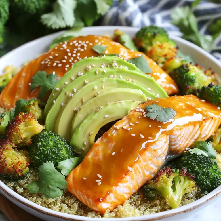 - 4 salmon fillets (approximately 6 oz each) - 1/4 cup honey - 1/4 cup Dijon mustard - 2 tablespoons soy sauce (or tamari for a gluten-free option) - 2 tablespoons extra virgin olive oil - 2 cups broccoli florets, washed and trimmed - 2 cups quinoa, cooked and fluffy - 1 ripe avocado, sliced thin - Toasted sesame seeds for garnish - Fresh cilantro leaves for garnish The main ingredients create a tasty base for the meal. The salmon fillets are the star of this dish. Their rich flavor pairs perfectly with the honey and Dijon mustard. Together, they bring a sweet yet tangy taste. Soy sauce adds depth, while olive oil keeps the salmon moist. The additional ingredients add nutrition and texture. Broccoli florets roast nicely, becoming tender and slightly crisp. Quinoa serves as a hearty base, adding protein and fiber. Avocado brings creaminess, enhancing the bowl. Finally, sesame seeds and cilantro add fresh flavors. These ingredients make every bite satisfying and balanced. To make the glaze just right, mix honey and Dijon mustard well. It should be smooth, not too runny. Adjust cooking times based on your oven. If your oven runs hot, check the salmon at 15 minutes. For cooler ovens, it may need the full 20 minutes. For the best broccoli, cut the florets into even pieces. This helps them roast evenly. Toss them with olive oil, salt, and pepper. Make sure they are spread out on the pan. For quinoa, fluff it with a fork after cooking. Add a pinch of salt for extra flavor. Try different toppings like sesame seeds or crushed nuts. They add a nice crunch. Fresh herbs like cilantro or parsley brighten the dish. You can also drizzle extra honey mustard glaze on top for more flavor. You can switch up the fish in this recipe. Instead of salmon, try trout or cod. Both fish work well with the honey mustard glaze. If you are not a fan of fish, chicken breast is a tasty alternative. For vegetables, broccoli is great, but you can also use asparagus or green beans. These veggies roast well and add crunch. Just remember to adjust the cooking time if using thicker veggies. If you need a gluten-free option, use tamari instead of soy sauce. This swap keeps all the flavors intact. For a vegetarian option, replace salmon with chickpeas. Roasted chickpeas will add protein and a nice texture. You can also use tofu in place of salmon. Just marinate it in the honey mustard glaze before baking. This way, you keep the dish flavorful and satisfying without meat. To keep leftovers fresh, store them in the fridge. Use airtight containers to prevent spoilage. Make sure to separate the salmon, quinoa, and vegetables. This way, they stay fresh longer. You can keep leftovers for up to three days. If you want to save them longer, consider freezing. Just make sure to use freezer-safe containers. When reheating salmon, the best method is in the oven. Set it to 350°F (175°C) and warm for about 10 minutes. This keeps the salmon moist and flaky. For quinoa, you can use the microwave. Just add a splash of water to keep it from drying out. Heat in short bursts, stirring in between, until warm. This method works well for both quinoa and roasted veggies. {{image_4}} To make honey mustard salmon glaze, you will need honey, Dijon mustard, soy sauce, olive oil, garlic powder, dried thyme, salt, and pepper. Start by whisking these ingredients together in a bowl until smooth. This glaze adds a sweet and tangy taste to your salmon. Yes, you can use frozen salmon. Just make sure to thaw it first. Thaw the salmon overnight in the fridge or use the quick method: place it in a sealed bag and submerge it in cold water for about an hour. This way, your salmon will cook evenly. You can serve honey mustard salmon bowls with fluffy quinoa and roasted broccoli. Slices of ripe avocado enhance the meal's creaminess. For extra flavor, add toasted sesame seeds and fresh cilantro on top. These sides make the dish colorful and tasty. To check if the salmon is fully cooked, look for its color and texture. Cooked salmon should be opaque and flake easily with a fork. You can also use a food thermometer; the internal temperature should reach 145°F (63°C). If you see those signs, it’s ready to enjoy! Using simple, fresh ingredients, you can create delicious honey mustard salmon bowls. We walked through the key ingredients and preparation steps, ensuring you coat the salmon well and roast the broccoli perfectly. I shared tips for variations and storage, so you can enjoy this meal later. This recipe is healthy, easy, and fun to make. Try it with your favorite veggies or fish. Experiment and enjoy your meal!