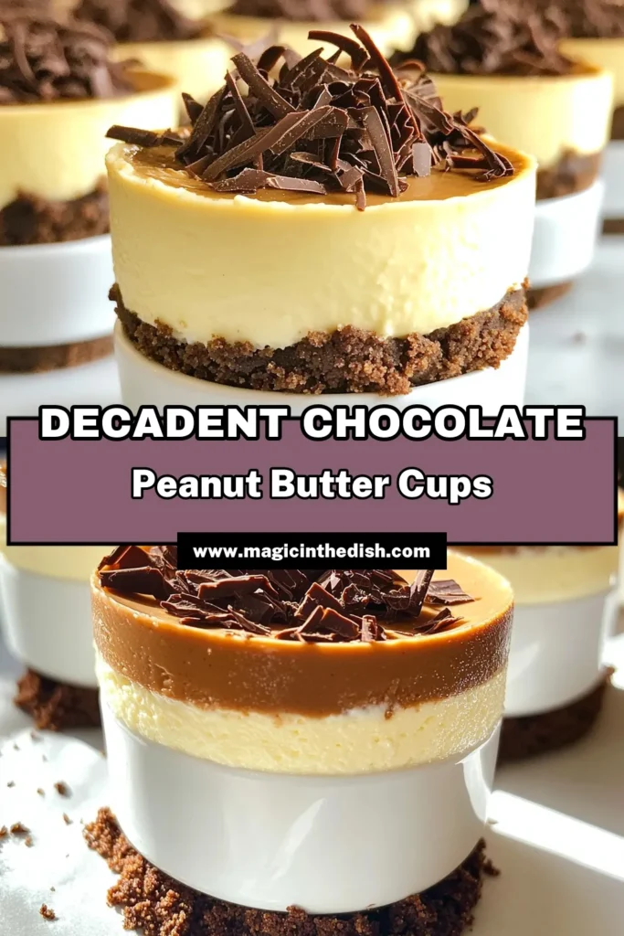 Indulge in the rich and creamy goodness of Chocolate Peanut Butter Cheesecake Cups! These delightful desserts combine a crunchy chocolate cookie crust with a luscious peanut butter filling, topped with whipped cream and a sprinkle of chocolate shavings. Perfect for any occasion, they only take 15 minutes to prep! Click to explore this irresistible recipe and treat yourself and your loved ones today! #ChocolateDesserts #CheesecakeCups #PeanutButterLovers #EasyRecipes