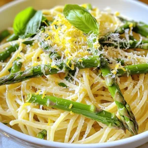 - 8 oz spaghetti or fettuccine - 1 bunch fresh asparagus, trimmed and cut into 2-inch pieces - 4 cloves garlic, finely minced - 3 tablespoons extra virgin olive oil - Zest of 1 fresh lemon - Juice of 1 fresh lemon - 1/4 teaspoon red pepper flakes (optional) - Sea salt and black pepper to taste - 1/2 cup freshly grated Parmesan cheese or dairy-free alternative - Fresh basil leaves, torn for garnish The main ingredients here are simple yet flavorful. Spaghetti or fettuccine serves as the base. Fresh asparagus adds crunch and nutrients. Garlic brings depth, while olive oil ties it all together. For flavor enhancers, lemon zest and juice give a bright kick. Red pepper flakes can add a touch of heat, but they are optional. Use sea salt and black pepper to taste. These ingredients balance each other well. Optional ingredients like Parmesan cheese can make the dish richer. You can also use a dairy-free alternative if you prefer. Fresh basil adds a lovely touch and a pop of color. Gathering these ingredients makes cooking easy and fun. You'll find that they blend well together for a delightful meal. - Bring a large pot of salted water to a rolling boil. - Add 8 oz of spaghetti or fettuccine to the pot. - Cook the pasta until it is al dente, which means it should be firm but not hard. - Reserve 1 cup of the pasta water before draining the rest. - Drain the pasta and set it aside for later. - While the pasta cooks, heat 2 tablespoons of olive oil in a large skillet over medium heat. - Wait until the oil shimmers, then add the asparagus pieces. - Sauté the asparagus for about 4-5 minutes. Stir occasionally to cook evenly. - The asparagus should be tender but still bright green when done. - Add minced garlic and optional red pepper flakes to the skillet. - Sauté for 1-2 minutes until the garlic smells great and turns light golden. - Lower the heat to medium-low and add the drained pasta to the skillet. - Mix in lemon zest, lemon juice, and the last tablespoon of olive oil. - Toss everything together, adding reserved pasta water slowly until you reach your desired sauce thickness. - Season with sea salt and black pepper, then mix in half of the grated Parmesan cheese. - Serve hot, garnished with more Parmesan and fresh basil leaves for extra flavor. To get the perfect al dente texture, cook the pasta until it is firm yet tender. Follow the package instructions carefully. Remember, the pasta will keep cooking after you drain it. So, stop cooking just before it’s fully done. This way, it stays firm when mixed with the sauce. When you drain the pasta, save some of the pasta water. This water is starchy and helps create a creamy sauce. Reserve at least one cup before draining. You can add it later if the dish seems dry. For sautéing, heat the oil on medium heat until it shimmers. This means the oil is hot enough. If the oil is cold, the asparagus won’t cook well. You want it to be bright green and crisp. To avoid burning garlic, add it after the asparagus. Garlic cooks fast, so stir it in for just one to two minutes. Watch it closely. Once it turns golden, it’s perfect. If it burns, it can taste bitter. You can adjust the lemon flavor to your taste. If you want a stronger lemon kick, add more zest or juice. Start with a little, then taste and add more if you like. For a vegan option, swap the Parmesan cheese for a dairy-free alternative. Nutritional yeast also adds a cheesy flavor without dairy. You can find many great vegan cheeses at the store. Choose one that you enjoy! {{image_4}} You can easily boost your Lemon Garlic Asparagus Pasta with protein. Grilled chicken or shrimp adds a nice touch. Just cook them separately, then toss them in with the pasta. For a vegan option, consider using tofu or chickpeas. Tofu absorbs flavors well and chickpeas offer a hearty texture. Feel free to mix in other seasonal vegetables. Bell peppers, cherry tomatoes, or zucchini work great. If you want to switch things up, try using green beans instead of asparagus. They add a nice crunch and vibrant color. Just sauté them for about the same time as the asparagus. If you like some heat, add more spices. A pinch of cayenne pepper or some diced jalapeños can elevate the dish. You can also make this a one-pot meal. Just cook the pasta and veggies together in the same pot. This saves time and makes cleanup a breeze! To store your Lemon Garlic Asparagus Pasta, place it in an airtight container. This helps keep the flavors fresh. I recommend refrigerating it within two hours of making it. It can last for up to three days. To keep pasta fresh longer, avoid adding the cheese until you’re ready to eat. The cheese can get soggy in the fridge. You can reheat leftover pasta in two ways: the microwave or the stove. If using the microwave, cover the pasta with a damp paper towel. This helps it stay moist. Heat it in short bursts, stirring in between. If you prefer the stove, heat a skillet over low heat. Add a splash of water or olive oil to prevent sticking. Stir often to keep the pasta from getting soggy. If you want to freeze the pasta, let it cool completely first. Then, portion it into freezer-safe bags. Squeeze out as much air as you can. This helps prevent freezer burn. The pasta can stay frozen for up to three months. To defrost, place it in the fridge overnight. For a quicker method, use the microwave on the defrost setting. After thawing, reheat it on the stove with a splash of water or oil. You can use gluten-free pasta options. Look for brands like brown rice or quinoa pasta. They work well and taste great. Just cook them according to the package directions. This way, you enjoy the same tasty dish without gluten. Yes, you can use frozen asparagus. Frozen asparagus is often picked at its peak. However, fresh asparagus gives a crisp texture. Frozen may be softer when cooked. If you choose frozen, skip the thawing step. Just add it directly to the skillet. You can serve Lemon Garlic Asparagus Pasta with various sides. A simple green salad pairs well. Garlic bread adds extra flavor and warmth. Grilled chicken or shrimp can also make it heartier. For a light touch, serve with lemon wedges. This blog post covered how to make Lemon Garlic Asparagus Pasta. We discussed key ingredients, step-by-step cooking, and handy tips. You can customize the dish with proteins and veggies. Proper storage and reheating keep your leftovers fresh. By following these steps, you can create a tasty meal that fits your taste. Enjoy experimenting with flavors and make it your own!