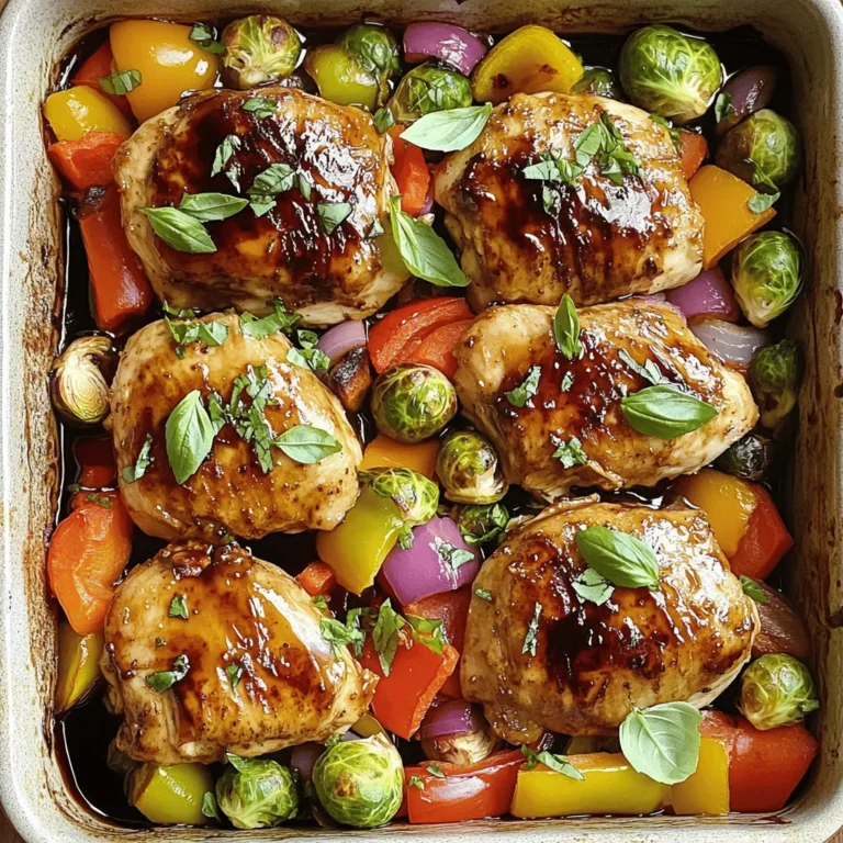 Here’s what you need to make Balsamic Glazed Chicken and Veggies. Gather these fresh ingredients: - 4 boneless, skinless chicken breasts - 2 cups mixed bell peppers (red, yellow, green), sliced into thin strips - 1 medium red onion, sliced into wedges - 2 cups Brussels sprouts, halved for even cooking - 1/2 cup balsamic vinegar - 1/4 cup honey for sweetness - 2 tablespoons olive oil for roasting - 3 cloves garlic, finely minced - Salt and freshly ground pepper to taste - Fresh basil leaves for a pop of color and flavor (optional) These ingredients create a colorful, tasty dish. The chicken gets a lovely glaze, while the veggies add crunch and sweetness. You can find these ingredients easily at your local grocery store. When you choose your veggies, pick the freshest ones. This choice will boost the flavor of your dish. The balsamic vinegar pairs perfectly with honey, giving it a sweet and tangy taste. Don't forget the garlic! It adds a bold flavor you will love. Let your creativity shine! You can mix in other veggies if you like. Think about zucchini or asparagus for extra variety. Enjoy cooking this delightful meal! 1. Preheating the oven Preheat your oven to 400°F (200°C). This helps cook both the chicken and veggies evenly. 2. Whisking the balsamic glaze In a medium bowl, mix 1/2 cup balsamic vinegar, 1/4 cup honey, and 3 minced garlic cloves. Add salt and pepper to taste. Whisk until smooth and thickened. 3. Arranging the chicken in the baking dish Take 4 boneless, skinless chicken breasts and place them in a large baking dish. Pour half of the balsamic glaze over the chicken. Ensure each piece is well coated. 1. Coating the chicken with glaze Use a brush or spoon to cover the chicken with the glaze. This adds flavor and helps keep the chicken juicy. 2. Preparing the vegetable mixture In a separate bowl, mix 2 cups of sliced bell peppers, 1 medium red onion cut into wedges, and 2 cups of halved Brussels sprouts. Drizzle with 2 tablespoons of olive oil and the rest of the balsamic glaze. Toss gently to coat the veggies. 3. Baking instructions Spread the veggie mix around the chicken in the baking dish. Place it in the preheated oven and bake for 25-30 minutes. The chicken should reach 165°F (75°C) when done. The veggies will be tender and caramelized. 1. Resting the chicken Once cooked, take the dish out of the oven. Let it rest for about 5 minutes. This step keeps the chicken moist and flavorful. 2. Serving suggestions Serve the chicken and veggies on a large platter. Drizzle with any remaining glaze from the dish. You can also add lemon wedges for a bright, zesty touch. To make the glaze just right, balance the balsamic vinegar and honey. You want a mix that is both tangy and sweet. If it tastes too sour, add more honey. If it’s too sweet, add a splash of vinegar. The glaze should be thick enough to stick to your chicken. If it’s too runny, cook it on the stove for a few minutes to thicken. To keep your chicken juicy, don’t overcook it. Use a meat thermometer to check the center. Aim for 165°F (75°C) for safe eating. Choose a glass or metal baking dish. These types help with even heat and browning, giving you the best results. For a pretty presentation, serve the chicken and veggies on a large platter. Drizzle some extra glaze over the top for a shiny finish. You can also add lemon wedges on the side. Their bright flavor pairs well with the sweet glaze. Consider serving with rice or a fresh salad to complete your meal. {{image_4}} You can change up the veggies in this dish to match your taste. Here are some great options: - Zucchini, sliced into rounds - Carrots, cut into sticks - Asparagus, trimmed and halved - Broccoli florets for more crunch If you want to switch the protein, try these: - Turkey cutlets for a leaner choice - Tofu for a vegetarian option - Pork tenderloin for a different flavor Want to boost the taste? Here are some fun ideas: - Add fresh herbs like thyme or rosemary for more aroma - Sprinkle crushed red pepper for a spicy kick - Use smoked paprika for a deeper flavor If you prefer a thicker glaze, try this: - Reduce the balsamic vinegar in a pan until it thickens. This creates a rich, syrupy glaze. This dish can fit many diets! Here are some simple swaps: - For gluten-free, ensure your balsamic vinegar is labeled gluten-free. Most are! - Use cauliflower rice or zucchini noodles to keep it low-carb. This way, you enjoy the flavor without the carbs. To keep your Balsamic Glazed Chicken and Veggies fresh, place leftovers in an airtight container. This helps prevent moisture loss and keeps flavors intact. Store the dish in the fridge. It lasts about three to four days. Always check for any signs of spoilage before eating. You can reheat chicken and veggies in several ways. The oven is best. Preheat it to 350°F (175°C). Place the leftovers in a baking dish, cover with foil, and heat for about 15-20 minutes. You can also use the microwave. Heat in 30-second bursts until warm. To keep the chicken moist, add a splash of broth or water. To freeze leftovers, let the dish cool completely. Then, portion it into freezer-safe containers. Leave a little space at the top for expansion. It can stay in the freezer for up to three months. To thaw, place the container in the fridge overnight. Reheat as described above for best results. The internal temperature for cooked chicken should be 165°F (75°C). This ensures the chicken is safe to eat and juicy. Use a meat thermometer to check the thickest part of the chicken. It’s the best way to avoid undercooking or overcooking. Trust me, no one likes dry chicken! Yes, you can make the balsamic glaze in advance. Just mix balsamic vinegar, honey, and garlic in a bowl. Store it in the fridge for up to a week. This saves you time when you’re ready to cook. Just remember to give it a good stir before using. A great side dish is garlic mashed potatoes. They pair well with the chicken and veggies. You can also serve a fresh green salad. The salad adds crunch and balances the flavors. Another option is quinoa, which is healthy and filling. Choose what you love! This recipe combines tasty chicken and colorful veggies for a healthy meal. You learned about preparing ingredients, roasting, and serving. Remember to balance flavors for the best glaze. Storing leftovers properly keeps them fresh. Feel free to experiment with different veggies or proteins. With these tips, your meals can be simple and delicious. Enjoy making this dish, it’s easy to master, and perfect for any dinner night.