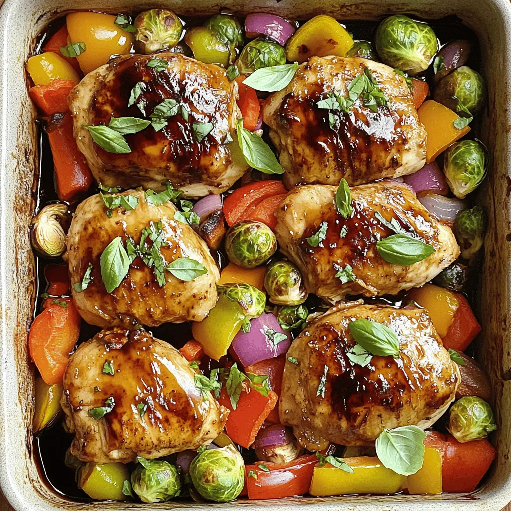 Here’s what you need to make Balsamic Glazed Chicken and Veggies. Gather these fresh ingredients: - 4 boneless, skinless chicken breasts - 2 cups mixed bell peppers (red, yellow, green), sliced into thin strips - 1 medium red onion, sliced into wedges - 2 cups Brussels sprouts, halved for even cooking - 1/2 cup balsamic vinegar - 1/4 cup honey for sweetness - 2 tablespoons olive oil for roasting - 3 cloves garlic, finely minced - Salt and freshly ground pepper to taste - Fresh basil leaves for a pop of color and flavor (optional) These ingredients create a colorful, tasty dish. The chicken gets a lovely glaze, while the veggies add crunch and sweetness. You can find these ingredients easily at your local grocery store. When you choose your veggies, pick the freshest ones. This choice will boost the flavor of your dish. The balsamic vinegar pairs perfectly with honey, giving it a sweet and tangy taste. Don't forget the garlic! It adds a bold flavor you will love. Let your creativity shine! You can mix in other veggies if you like. Think about zucchini or asparagus for extra variety. Enjoy cooking this delightful meal! 1. Preheating the oven Preheat your oven to 400°F (200°C). This helps cook both the chicken and veggies evenly. 2. Whisking the balsamic glaze In a medium bowl, mix 1/2 cup balsamic vinegar, 1/4 cup honey, and 3 minced garlic cloves. Add salt and pepper to taste. Whisk until smooth and thickened. 3. Arranging the chicken in the baking dish Take 4 boneless, skinless chicken breasts and place them in a large baking dish. Pour half of the balsamic glaze over the chicken. Ensure each piece is well coated. 1. Coating the chicken with glaze Use a brush or spoon to cover the chicken with the glaze. This adds flavor and helps keep the chicken juicy. 2. Preparing the vegetable mixture In a separate bowl, mix 2 cups of sliced bell peppers, 1 medium red onion cut into wedges, and 2 cups of halved Brussels sprouts. Drizzle with 2 tablespoons of olive oil and the rest of the balsamic glaze. Toss gently to coat the veggies. 3. Baking instructions Spread the veggie mix around the chicken in the baking dish. Place it in the preheated oven and bake for 25-30 minutes. The chicken should reach 165°F (75°C) when done. The veggies will be tender and caramelized. 1. Resting the chicken Once cooked, take the dish out of the oven. Let it rest for about 5 minutes. This step keeps the chicken moist and flavorful. 2. Serving suggestions Serve the chicken and veggies on a large platter. Drizzle with any remaining glaze from the dish. You can also add lemon wedges for a bright, zesty touch. To make the glaze just right, balance the balsamic vinegar and honey. You want a mix that is both tangy and sweet. If it tastes too sour, add more honey. If it’s too sweet, add a splash of vinegar. The glaze should be thick enough to stick to your chicken. If it’s too runny, cook it on the stove for a few minutes to thicken. To keep your chicken juicy, don’t overcook it. Use a meat thermometer to check the center. Aim for 165°F (75°C) for safe eating. Choose a glass or metal baking dish. These types help with even heat and browning, giving you the best results. For a pretty presentation, serve the chicken and veggies on a large platter. Drizzle some extra glaze over the top for a shiny finish. You can also add lemon wedges on the side. Their bright flavor pairs well with the sweet glaze. Consider serving with rice or a fresh salad to complete your meal. {{image_4}} You can change up the veggies in this dish to match your taste. Here are some great options: - Zucchini, sliced into rounds - Carrots, cut into sticks - Asparagus, trimmed and halved - Broccoli florets for more crunch If you want to switch the protein, try these: - Turkey cutlets for a leaner choice - Tofu for a vegetarian option - Pork tenderloin for a different flavor Want to boost the taste? Here are some fun ideas: - Add fresh herbs like thyme or rosemary for more aroma - Sprinkle crushed red pepper for a spicy kick - Use smoked paprika for a deeper flavor If you prefer a thicker glaze, try this: - Reduce the balsamic vinegar in a pan until it thickens. This creates a rich, syrupy glaze. This dish can fit many diets! Here are some simple swaps: - For gluten-free, ensure your balsamic vinegar is labeled gluten-free. Most are! - Use cauliflower rice or zucchini noodles to keep it low-carb. This way, you enjoy the flavor without the carbs. To keep your Balsamic Glazed Chicken and Veggies fresh, place leftovers in an airtight container. This helps prevent moisture loss and keeps flavors intact. Store the dish in the fridge. It lasts about three to four days. Always check for any signs of spoilage before eating. You can reheat chicken and veggies in several ways. The oven is best. Preheat it to 350°F (175°C). Place the leftovers in a baking dish, cover with foil, and heat for about 15-20 minutes. You can also use the microwave. Heat in 30-second bursts until warm. To keep the chicken moist, add a splash of broth or water. To freeze leftovers, let the dish cool completely. Then, portion it into freezer-safe containers. Leave a little space at the top for expansion. It can stay in the freezer for up to three months. To thaw, place the container in the fridge overnight. Reheat as described above for best results. The internal temperature for cooked chicken should be 165°F (75°C). This ensures the chicken is safe to eat and juicy. Use a meat thermometer to check the thickest part of the chicken. It’s the best way to avoid undercooking or overcooking. Trust me, no one likes dry chicken! Yes, you can make the balsamic glaze in advance. Just mix balsamic vinegar, honey, and garlic in a bowl. Store it in the fridge for up to a week. This saves you time when you’re ready to cook. Just remember to give it a good stir before using. A great side dish is garlic mashed potatoes. They pair well with the chicken and veggies. You can also serve a fresh green salad. The salad adds crunch and balances the flavors. Another option is quinoa, which is healthy and filling. Choose what you love! This recipe combines tasty chicken and colorful veggies for a healthy meal. You learned about preparing ingredients, roasting, and serving. Remember to balance flavors for the best glaze. Storing leftovers properly keeps them fresh. Feel free to experiment with different veggies or proteins. With these tips, your meals can be simple and delicious. Enjoy making this dish, it’s easy to master, and perfect for any dinner night.