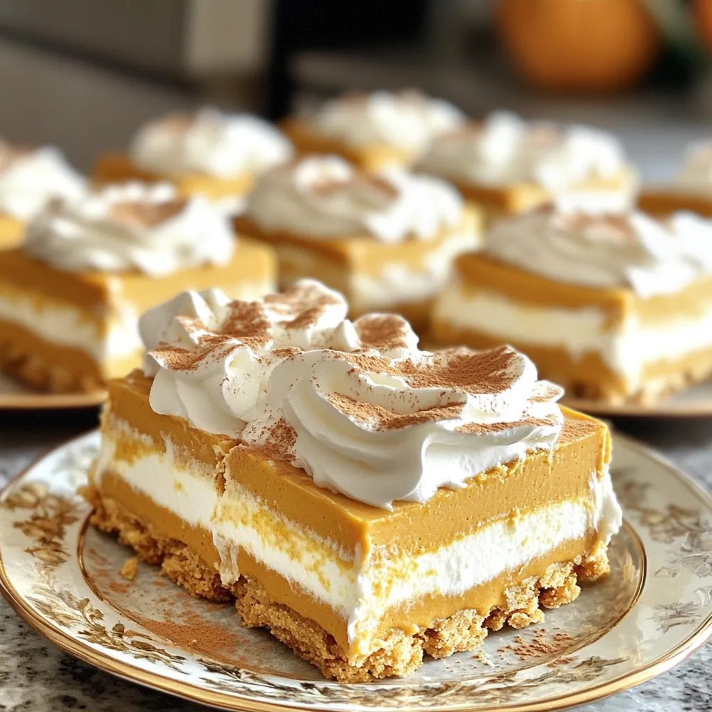 - 2 cups pumpkin puree - 16 oz cream cheese, softened at room temperature - 1 cup powdered sugar - 1 teaspoon vanilla extract - 1 teaspoon ground cinnamon - 1/2 teaspoon ground nutmeg - 1/4 teaspoon ground ginger - 1 cup heavy whipping cream - 1 package (14 oz) graham crackers - Whipped cream, for topping - Ground cinnamon, for garnish The main ingredients create a smooth and creamy texture. Pumpkin puree adds rich flavor. Cream cheese gives it a nice tang. Powdered sugar sweetens the mixture just right. - Pumpkin pie spice - Chopped nuts (like pecans or walnuts) - Dark chocolate shavings - Caramel sauce You can add these for extra flavor. Pumpkin pie spice adds warmth. Nuts give a crunchy texture. Chocolate shavings make it fancy. Caramel sauce adds sweetness too. - 9x13 inch baking dish - Mixing bowls - Electric mixer - Rubber spatula - Plastic wrap These tools help in making the cake. The baking dish holds all the layers. Mixing bowls are for the ingredients. An electric mixer speeds up the mixing process. A rubber spatula helps fold in the whipped cream without losing air. To begin, grab a large mixing bowl. Add 16 oz of softened cream cheese and 1 cup of powdered sugar. Use an electric mixer to beat the mixture on medium speed. Mix until it is smooth and creamy, about 2-3 minutes. Make sure there are no lumps. Now, gradually add in 2 cups of pumpkin puree, 1 teaspoon of vanilla extract, 1 teaspoon of ground cinnamon, 1/2 teaspoon of ground nutmeg, and 1/4 teaspoon of ground ginger. Mix on low speed until everything is well combined. Next, take a clean bowl and pour in 1 cup of heavy whipping cream. Whip the cream on high speed until stiff peaks form. This should take about 3-5 minutes. Gently fold the whipped cream into the pumpkin mixture. Use a rubber spatula for this. Be careful not to deflate the whipped cream too much. You want to keep it light and airy. Now that the mixture is ready, take a 9x13 inch baking dish. Start by laying down a layer of graham crackers at the bottom. Cover the entire surface. Then, spoon one-third of the pumpkin cheesecake mixture over the crackers. Use a spatula to smooth it out evenly. Repeat this layering process. Add more graham crackers, then another layer of the pumpkin mixture. Aim for about 3 layers of graham crackers and 3 layers of the filling. Finish with a top layer of the pumpkin mixture. Once all layers are assembled, cover the dish tightly with plastic wrap. Place it in the refrigerator. Let the icebox cake chill for at least 4 hours. For the best results, let it sit overnight. This will help the flavors blend beautifully. When you’re ready to serve, take the cake out of the fridge. Top each slice with whipped cream. Finish with a sprinkle of ground cinnamon for extra flavor. Enjoy the tasty layers and creamy texture! To get the best texture in your pumpkin cheesecake icebox cake, start by using room temperature cream cheese. Cold cream cheese can cause lumps. Beat the cream cheese and powdered sugar until it’s very smooth. This step is key. When you whip the heavy cream, make sure to whip it until stiff peaks form. This helps add air and lightness to your cake. Gently fold the whipped cream into the pumpkin mixture. Take your time, and don't rush this part. You want to keep that fluffy texture. For a beautiful presentation, cut the cake into squares. Place each square on a plate. Top each piece with a generous dollop of whipped cream. A sprinkle of ground cinnamon adds a nice touch. You can also use pumpkin pie spice for more flavor. If you're feeling fancy, add a few pecans or a drizzle of caramel sauce. This makes each slice look special and taste even better. If you have leftover pumpkin puree, consider making pumpkin muffins or pancakes. You can also blend it into smoothies for a fall twist. For leftover whipped cream, you can use it to top hot chocolate or coffee. It’s a great way to use up what you have. Don't waste those delicious ingredients! {{image_4}} You can make a gluten-free version of this treat easily. Simply swap graham crackers for gluten-free cookies. Look for options made from almonds or coconut. These will add a nice flavor and texture. Also, check the pumpkin puree and spices to ensure they are gluten-free. The rest of the ingredients work well as is. If you want to mix things up, try adding different flavors. You can use chocolate cookies instead of graham crackers for a rich twist. Adding a layer of caramel sauce between the layers is another great idea. You may also use different spices like allspice or cloves for a unique taste. Just make sure to balance the flavors well with the pumpkin. Serving this cake in mini cups is a fun idea. Use small dessert cups or jars. Layer the graham crackers and pumpkin mix just like in the big dish. This makes it easy for guests to grab a serving. You can even top each cup with whipped cream and a sprinkle of cinnamon. These mini servings look cute and are great for parties! To store leftover Pumpkin Cheesecake Icebox Cake, cover it tightly with plastic wrap. This keeps it fresh and prevents it from absorbing other smells in the fridge. You can also transfer slices to an airtight container. Make sure to use wax paper between layers to avoid sticking. The cake needs to stay chilled at all times. You can freeze this cake if you have extra servings. First, slice the cake into portions. Then, wrap each slice tightly in plastic wrap. Place the wrapped slices in a freezer-safe bag or container. Be sure to remove as much air as possible. This helps keep out frost and ice. The cake will freeze well for up to three months. The Pumpkin Cheesecake Icebox Cake lasts about five days in the fridge. After this time, the texture may change. If you freeze it, it can last up to three months. When you thaw it, let it sit in the fridge overnight for best results. This gives it time to regain its creamy texture. Yes, you can make this recipe ahead of time. It needs time to chill. I recommend making it the day before. This allows the flavors to blend well. The icebox cake will taste even better after a night in the fridge. If you want to substitute cream cheese, try using mascarpone cheese. It has a similar texture and taste. You can also use Greek yogurt for a lighter option. Just remember, it may change the flavor a bit. To make the mixture dairy-free, use dairy-free cream cheese. Look for brands that are soy or nut-based. You can also use coconut cream in place of heavy cream. This will give you a nice, rich texture without dairy. Yes, you can switch out graham crackers. Try using vanilla wafers for a sweeter taste. You can also use crushed ginger snaps for a spicy kick. Just ensure the cracker is sturdy enough to hold the layers. This blog post shared a simple guide for making a pumpkin cheesecake icebox cake. You learned the main ingredients, prep steps, and tips for a great texture. We covered fun variations and how to store your cake. Making this dessert is easy, and you can customize it however you like. Remember, it’s all about delicious layers and creativity. Enjoy your pumpkin cheesecake icebox cake with friends and family. It will be a hit at any gathering!