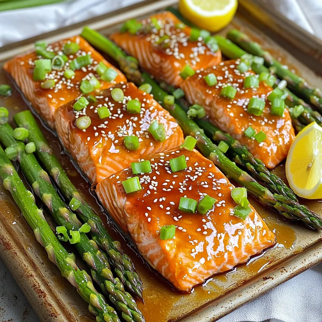 - 4 salmon fillets (about 6 oz each) - 1 bunch of asparagus, ends trimmed - 1/4 cup pure honey - 3 tablespoons soy sauce - 3 cloves garlic, minced - 1 tablespoon fresh ginger, finely grated - 2 tablespoons extra virgin olive oil - Salt and freshly cracked pepper to taste - 1 tablespoon sesame seeds (for garnish) - 2 green onions, thinly sliced (for garnish) - Lemon wedges (for serving) The main ingredients bring together rich flavors. Salmon offers healthy fats and protein. Asparagus adds a fresh crunch. Honey gives a sweet touch, while soy sauce adds depth. Garlic and ginger boost the taste with their warmth. For seasonings, use olive oil to enhance the veggies. Salt and pepper elevate the dish. Sesame seeds and green onions add a lovely finish. Lemon wedges provide a bright zing when served. This mix of ingredients makes a fantastic meal. You get balance from protein and veggies. Plus, the sweet and savory combo makes it a crowd-pleaser. Remember, using fresh ingredients enhances the flavor. - Preheat the oven to 400°F (200°C). - Line a baking sheet with parchment paper. - Whisk together honey, soy sauce, garlic, and ginger. - Place salmon fillets and asparagus on the baking sheet. - Season and coat with marinade. - Bake the salmon and asparagus for 12-15 minutes. - Drizzle remaining sauce and return to oven for finishing. - Rest the dish, garnish, and serve with lemon wedges. Follow these steps to create a bright and tasty meal. This honey garlic salmon and asparagus dish cooks quickly, and the flavors blend perfectly. Enjoy every bite! How to ensure the salmon is perfectly cooked: To cook salmon just right, watch the time closely. Bake it for 12-15 minutes. The fish is ready when it flakes easily with a fork. If you have a meat thermometer, aim for an internal temperature of 145°F (63°C). Avoid overcooking, as it can dry out the fish. Tips for crispy asparagus: For crispy asparagus, make sure to trim the ends for even cooking. Toss it with olive oil, salt, and pepper before baking. Spread the asparagus in a single layer on the baking sheet. Crowding can lead to steaming instead of roasting, which makes it less crispy. Presentation ideas for serving: For a rustic look, serve the salmon and asparagus directly on the sheet pan. If you want a fancier touch, plate each component separately. Garnish with lemon wedges and a sprinkle of sesame seeds for color and flair. Pairing options with side dishes: This dish pairs well with rice or quinoa for a hearty meal. You can also serve it with a light salad to balance the flavors. Roasted potatoes or garlic bread would complement the dish nicely. Alternatives for honey and soy sauce: If you need a substitute for honey, try maple syrup or agave nectar. For soy sauce, you can use tamari for a gluten-free option. Coconut aminos can also work as a milder alternative. Variations for dietary restrictions: For a low-sugar version, use a sugar-free honey substitute. If you are vegan, replace the salmon with tofu or tempeh. You can marinate these just like the fish for great flavor. Adjust the soy sauce to fit your dietary needs, like using low-sodium or gluten-free options. {{image_4}} You can change the honey garlic marinade easily. If you want a different flavor, try using maple syrup instead of honey. This swap adds a nice, rich taste. You can also add spices or herbs. A pinch of chili flakes gives it heat. Fresh thyme adds a lovely aroma. Experiment with what you like best! While asparagus is a star, you can use other veggies too. Broccoli works well and adds crunch. Bell peppers bring color and sweetness. You can mix and match to find your favorite combo. For a complete meal, add more vegetables. Carrots, zucchini, or snap peas can all fit in. They cook well and make your dish more colorful. You can cook this dish in different ways. Grilling adds a nice smoky flavor. It’s perfect for summer cookouts. Just make sure to keep an eye on the salmon. Baking is simple and easy. It keeps the salmon moist and tender. Follow the recipe for perfect results every time. You can also try making it on a stovetop. Just use a skillet. Cook the salmon skin-side down first. Then, add the asparagus and sauce. This method gives you a nice sear. Enjoy the same great flavor in a new way! To store cooked salmon and asparagus, let them cool first. Place them in a container. Use an airtight container to keep them fresh longer. You can also use a glass dish with a lid. This helps keep the flavors locked in. When you reheat salmon, avoid using high heat. Use a microwave at a low setting. You can also reheat in the oven at 300°F (150°C) for about 10 minutes. Cover the salmon with foil to keep it moist. For asparagus, you can steam it lightly. This keeps it crisp. Yes, you can freeze leftovers. First, wrap the salmon and asparagus tightly in plastic wrap. Then, place them in a freezer bag. Remove as much air as you can. To thaw, place them in the fridge overnight. You can also use the microwave's defrost setting. This method helps maintain the taste and texture. The best temperature to cook salmon is 145°F (63°C). At this temperature, the fish is fully cooked and safe to eat. You can check this by using a food thermometer. Insert the thermometer into the thickest part of the salmon. If it reads 145°F, it’s ready to serve! Cooking asparagus takes about 12 to 15 minutes at 400°F (200°C). Thinner stalks may cook faster, while thicker ones may need a bit more time. Look for bright green color and a tender feel to know they are done. If they are too tough, give them a few extra minutes. Yes! You can use other types of fish like trout, cod, or halibut. Each type has a different cooking time. For thicker fish, increase the cooking time by a few minutes. Always check for doneness with a fork; it should flake easily. You can serve honey garlic salmon with rice or quinoa for a complete meal. A fresh salad or roasted potatoes also pairs well. For a veggie side, try steamed broccoli or a simple green salad to balance the meal. This blog post covered a delicious honey garlic salmon recipe. You learned about easy ingredients, baking steps, and tasty tips. You can create variations, substitute ingredients, and even choose different vegetables. Store leftovers properly for the best taste. Remember to try grilling for a unique flavor. This dish is quick and healthy, perfect for busy days. With practice, you’ll master it and impress everyone at your table. Cooking is all about fun, so enjoy every moment.