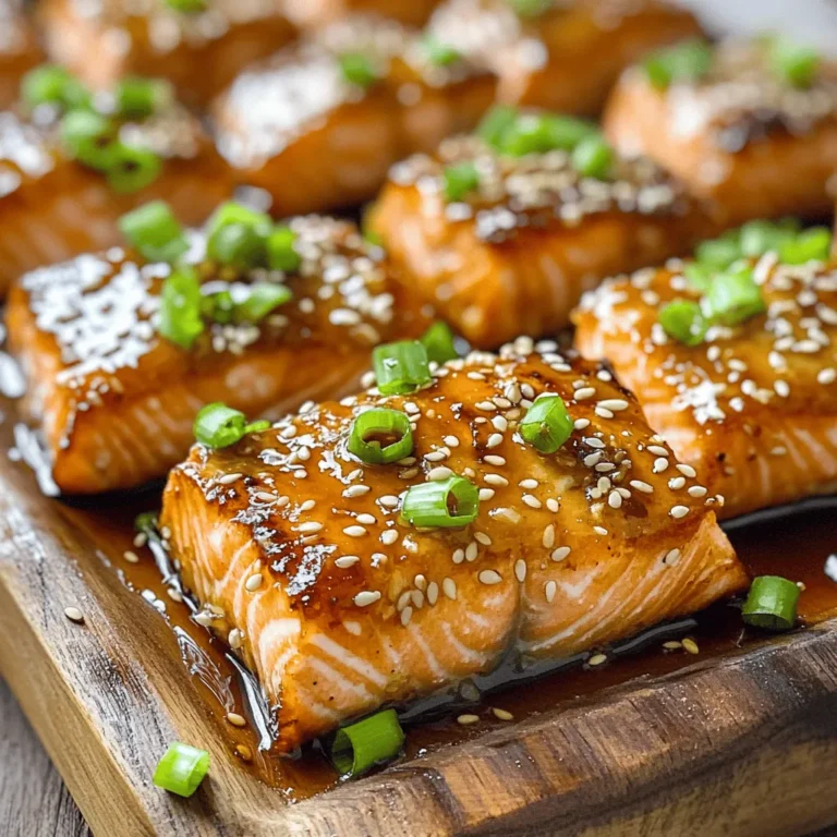 To make honey garlic salmon bites, you need 1 pound of fresh salmon. Choose skinless and boneless fillets for ease. Cut these into small cubes, about 1-inch in size. This size helps the salmon cook quickly and evenly. Fresh salmon has a rich flavor that pairs well with the marinade. The marinade gives these bites their amazing taste. You will need: - 2 tablespoons honey: This adds sweetness and helps caramelize the salmon. - 3 tablespoons low-sodium soy sauce: This gives a savory depth without too much salt. - 2 cloves garlic, finely minced: Garlic adds a bold flavor. - 1 teaspoon fresh ginger, grated: Ginger brings a warm and spicy kick. - 2 tablespoons olive oil: This helps cook the salmon and adds richness. Mix these ingredients together in a bowl. Whisk until smooth to ensure every piece of salmon gets coated well. For the final touch, use: - Salt and pepper to taste: These simple seasonings enhance the salmon's natural flavor. - 1 tablespoon sesame seeds: Sprinkle these on top for a nutty crunch. - 2 green onions, finely chopped: These add fresh flavor and color. These garnishes not only make the dish look pretty but also add layers of taste. Enjoy the balance of sweet, savory, and crunchy in every bite! First, cut the skinless salmon fillet into small cubes. Aim for pieces that are about 1 inch in size. After cutting, pat the salmon gently with a paper towel. This helps remove extra moisture. Lightly sprinkle the cubes with salt and pepper. This simple step boosts the flavor. Next, grab a mixing bowl. In it, combine 2 tablespoons of honey, 3 tablespoons of low-sodium soy sauce, and 2 minced garlic cloves. Add 1 teaspoon of fresh ginger, grated. Use a whisk to blend the ingredients. The goal is a smooth, tasty marinade. Now, it’s time to marinate the salmon. Place the salmon cubes in the bowl of marinade. Make sure each piece is coated well. Cover the bowl with plastic wrap or use a zip-top bag. Refrigerate for at least 30 minutes. For a stronger flavor, let it sit for up to 2 hours. Next, heat 2 tablespoons of olive oil in a large skillet over medium-high heat. Remove the salmon from the marinade. Let any extra marinade drip off. Set aside this marinade for later use. Carefully place the salmon cubes in the hot skillet. Arrange them in a single layer. Cook the salmon for about 2-3 minutes on each side. Look for a golden brown color to know they're done. Adjust the time based on the size of the pieces. In the last minute of cooking, pour the reserved marinade into the skillet. Stir gently. This allows the sauce to thicken a bit and coat the salmon bites. Once the salmon bites are cooked, remove the skillet from heat. Generously sprinkle 1 tablespoon of sesame seeds and 2 chopped green onions on top. This adds flavor and a nice crunch. For a great presentation, serve the salmon on a wooden board or a nice platter. Add more green onions and sesame seeds for extra flair. Pair with steamed rice and a colorful vegetable stir-fry for a complete meal. Enjoy! To get a great sear on your salmon, start with a hot skillet. Heat the olive oil until it shimmers. This step helps create a beautiful brown crust. Place the salmon cubes in a single layer. Avoid overcrowding the pan. If you do, the salmon will steam instead of sear. Cook for 2-3 minutes on each side. You want a golden brown color and cooked through center. Marinating your salmon is key to flavor. I suggest at least 30 minutes. This time allows the salmon to soak in the honey, soy sauce, garlic, and ginger. If you have more time, go for 2 hours. This longer marination gives a deeper flavor. Just remember not to over-marinade. Too long can change the texture of the fish. Honey and soy sauce create a great balance of sweet and salty. To enhance this, taste your marinade before using it. If it’s too sweet, add more soy sauce. If it’s too salty, add a touch more honey. This way, you can customize the flavor to fit your taste. When you cook the salmon, the sauce thickens, adding even more flavor. Enjoy finding your perfect balance! {{image_4}} If you want to change the fish, you can use other options. Firm white fish works well. Try cod, halibut, or even tilapia. These fish stay together when cooked. They will also soak up the honey garlic flavor nicely. For a twist, use shrimp. Shrimp cooks fast and tastes great with this sauce. You can mix up the flavors to match your taste. Add a splash of lime juice for a zesty kick. You can also use different herbs like cilantro or basil. For a spicy touch, add red pepper flakes or sriracha to the marinade. Want a smoky taste? Use smoked soy sauce instead. These changes will make the dish exciting and new. There are various ways to cook these salmon bites. If you prefer grilling, just thread the salmon onto skewers. Grill them for about 2-3 minutes each side. You can also bake them in the oven. Set the oven to 400°F and bake for 12-15 minutes. This method is easy and keeps the salmon moist. Each method gives a unique taste. Choose what suits your style! After you enjoy your honey garlic salmon bites, store any leftovers. Place them in an airtight container. They can stay in the fridge for up to three days. Make sure they cool down first before sealing the container. This helps keep them fresh and tasty. To reheat your salmon bites, use a skillet. Heat it over medium heat. Add a splash of water or oil to keep them moist. Cook for about 3-4 minutes until they are warm. You can also use a microwave. Place the bites on a microwave-safe plate. Heat for 30 seconds, then check. If not warm enough, heat in 15-second intervals. If you want to keep your salmon bites longer, freezing works well. Place the cooled bites in a freezer-safe bag. Make sure to remove as much air as you can to avoid freezer burn. Label the bag with the date. They can last up to three months in the freezer. To enjoy, thaw them overnight in the fridge before reheating. Yes, you can use frozen salmon. Just make sure to thaw it first. Place the salmon in the fridge overnight or submerge it in cold water for quicker thawing. Once thawed, cut it into cubes like fresh salmon. The marinade will still work its magic. To make honey garlic salmon bites keto-friendly, swap honey for a keto-friendly sweetener. You can use erythritol or stevia. Make sure the soy sauce is low-sodium and check for any added sugars. This keeps the carb count low while still giving you that sweet flavor. Honey garlic salmon bites go great with many sides. Try serving them with: - Steamed broccoli - Cauliflower rice - Zucchini noodles - A simple green salad These options add nutrition and balance to your meal while keeping it light and fresh. We explored how to make delicious honey garlic salmon bites. I shared key ingredients, like fresh salmon and marinade components. You learned step-by-step instructions for preparing and cooking the salmon. I provided tips for a perfect sear and ways to vary the recipe. Remember to store leftovers properly and enjoy the dish with tasty sides. These bites are versatile and easy to make. I encourage you to try this recipe and savor the flavors for yourself. Enjoy your cooking journey!