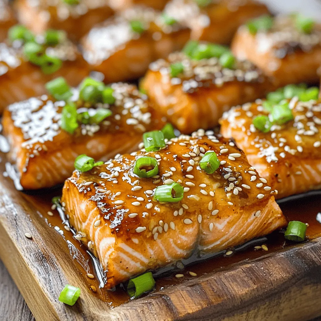 To make honey garlic salmon bites, you need 1 pound of fresh salmon. Choose skinless and boneless fillets for ease. Cut these into small cubes, about 1-inch in size. This size helps the salmon cook quickly and evenly. Fresh salmon has a rich flavor that pairs well with the marinade. The marinade gives these bites their amazing taste. You will need: - 2 tablespoons honey: This adds sweetness and helps caramelize the salmon. - 3 tablespoons low-sodium soy sauce: This gives a savory depth without too much salt. - 2 cloves garlic, finely minced: Garlic adds a bold flavor. - 1 teaspoon fresh ginger, grated: Ginger brings a warm and spicy kick. - 2 tablespoons olive oil: This helps cook the salmon and adds richness. Mix these ingredients together in a bowl. Whisk until smooth to ensure every piece of salmon gets coated well. For the final touch, use: - Salt and pepper to taste: These simple seasonings enhance the salmon's natural flavor. - 1 tablespoon sesame seeds: Sprinkle these on top for a nutty crunch. - 2 green onions, finely chopped: These add fresh flavor and color. These garnishes not only make the dish look pretty but also add layers of taste. Enjoy the balance of sweet, savory, and crunchy in every bite! First, cut the skinless salmon fillet into small cubes. Aim for pieces that are about 1 inch in size. After cutting, pat the salmon gently with a paper towel. This helps remove extra moisture. Lightly sprinkle the cubes with salt and pepper. This simple step boosts the flavor. Next, grab a mixing bowl. In it, combine 2 tablespoons of honey, 3 tablespoons of low-sodium soy sauce, and 2 minced garlic cloves. Add 1 teaspoon of fresh ginger, grated. Use a whisk to blend the ingredients. The goal is a smooth, tasty marinade. Now, it’s time to marinate the salmon. Place the salmon cubes in the bowl of marinade. Make sure each piece is coated well. Cover the bowl with plastic wrap or use a zip-top bag. Refrigerate for at least 30 minutes. For a stronger flavor, let it sit for up to 2 hours. Next, heat 2 tablespoons of olive oil in a large skillet over medium-high heat. Remove the salmon from the marinade. Let any extra marinade drip off. Set aside this marinade for later use. Carefully place the salmon cubes in the hot skillet. Arrange them in a single layer. Cook the salmon for about 2-3 minutes on each side. Look for a golden brown color to know they're done. Adjust the time based on the size of the pieces. In the last minute of cooking, pour the reserved marinade into the skillet. Stir gently. This allows the sauce to thicken a bit and coat the salmon bites. Once the salmon bites are cooked, remove the skillet from heat. Generously sprinkle 1 tablespoon of sesame seeds and 2 chopped green onions on top. This adds flavor and a nice crunch. For a great presentation, serve the salmon on a wooden board or a nice platter. Add more green onions and sesame seeds for extra flair. Pair with steamed rice and a colorful vegetable stir-fry for a complete meal. Enjoy! To get a great sear on your salmon, start with a hot skillet. Heat the olive oil until it shimmers. This step helps create a beautiful brown crust. Place the salmon cubes in a single layer. Avoid overcrowding the pan. If you do, the salmon will steam instead of sear. Cook for 2-3 minutes on each side. You want a golden brown color and cooked through center. Marinating your salmon is key to flavor. I suggest at least 30 minutes. This time allows the salmon to soak in the honey, soy sauce, garlic, and ginger. If you have more time, go for 2 hours. This longer marination gives a deeper flavor. Just remember not to over-marinade. Too long can change the texture of the fish. Honey and soy sauce create a great balance of sweet and salty. To enhance this, taste your marinade before using it. If it’s too sweet, add more soy sauce. If it’s too salty, add a touch more honey. This way, you can customize the flavor to fit your taste. When you cook the salmon, the sauce thickens, adding even more flavor. Enjoy finding your perfect balance! {{image_4}} If you want to change the fish, you can use other options. Firm white fish works well. Try cod, halibut, or even tilapia. These fish stay together when cooked. They will also soak up the honey garlic flavor nicely. For a twist, use shrimp. Shrimp cooks fast and tastes great with this sauce. You can mix up the flavors to match your taste. Add a splash of lime juice for a zesty kick. You can also use different herbs like cilantro or basil. For a spicy touch, add red pepper flakes or sriracha to the marinade. Want a smoky taste? Use smoked soy sauce instead. These changes will make the dish exciting and new. There are various ways to cook these salmon bites. If you prefer grilling, just thread the salmon onto skewers. Grill them for about 2-3 minutes each side. You can also bake them in the oven. Set the oven to 400°F and bake for 12-15 minutes. This method is easy and keeps the salmon moist. Each method gives a unique taste. Choose what suits your style! After you enjoy your honey garlic salmon bites, store any leftovers. Place them in an airtight container. They can stay in the fridge for up to three days. Make sure they cool down first before sealing the container. This helps keep them fresh and tasty. To reheat your salmon bites, use a skillet. Heat it over medium heat. Add a splash of water or oil to keep them moist. Cook for about 3-4 minutes until they are warm. You can also use a microwave. Place the bites on a microwave-safe plate. Heat for 30 seconds, then check. If not warm enough, heat in 15-second intervals. If you want to keep your salmon bites longer, freezing works well. Place the cooled bites in a freezer-safe bag. Make sure to remove as much air as you can to avoid freezer burn. Label the bag with the date. They can last up to three months in the freezer. To enjoy, thaw them overnight in the fridge before reheating. Yes, you can use frozen salmon. Just make sure to thaw it first. Place the salmon in the fridge overnight or submerge it in cold water for quicker thawing. Once thawed, cut it into cubes like fresh salmon. The marinade will still work its magic. To make honey garlic salmon bites keto-friendly, swap honey for a keto-friendly sweetener. You can use erythritol or stevia. Make sure the soy sauce is low-sodium and check for any added sugars. This keeps the carb count low while still giving you that sweet flavor. Honey garlic salmon bites go great with many sides. Try serving them with: - Steamed broccoli - Cauliflower rice - Zucchini noodles - A simple green salad These options add nutrition and balance to your meal while keeping it light and fresh. We explored how to make delicious honey garlic salmon bites. I shared key ingredients, like fresh salmon and marinade components. You learned step-by-step instructions for preparing and cooking the salmon. I provided tips for a perfect sear and ways to vary the recipe. Remember to store leftovers properly and enjoy the dish with tasty sides. These bites are versatile and easy to make. I encourage you to try this recipe and savor the flavors for yourself. Enjoy your cooking journey!