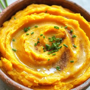 To make buttery mashed sweet potatoes in a slow cooker, gather these items: - 4 large sweet potatoes, peeled and cubed - 1/2 cup unsalted butter, divided (1/4 cup for cooking and 1/4 cup for mashing) - 1/2 cup heavy cream (substitute with milk for a lighter option) - 1/4 cup brown sugar - 1 teaspoon ground cinnamon - 1/2 teaspoon ground nutmeg - Sea salt and freshly cracked black pepper to taste To add a fresh touch to your dish, consider these garnishes: - Chopped fresh chives - Chopped fresh parsley These add color and a hint of flavor that lifts the dish. You can easily swap ingredients to suit your taste or needs: - Use milk instead of heavy cream for a lighter mash. - Swap brown sugar with maple syrup for a unique sweetness. - For a dairy-free option, replace butter with a plant-based alternative. - If you want a spicier flavor, add a pinch of cayenne pepper. These simple swaps ensure you can make this dish your own! Start by peeling and cubing 4 large sweet potatoes. Aim for uniform cubes so they cook evenly. Place the cubed sweet potatoes into your slow cooker. This is where the magic begins. Now, add 1/4 cup of unsalted butter on top. The butter will melt and mix in during cooking. Next, pour in 1/2 cup of heavy cream. If you want a lighter dish, use milk instead. Sprinkle 1/4 cup of brown sugar, 1 teaspoon of ground cinnamon, and 1/2 teaspoon of ground nutmeg over the sweet potatoes. Add sea salt and freshly cracked black pepper to taste. This step is key for flavor. Gently stir everything together with a wooden spoon. Make sure each sweet potato piece gets coated well. Now, cover the slow cooker with its lid. Set it on high for 4 hours or low for 6 to 8 hours. You want the sweet potatoes to be very tender. After cooking, check if the sweet potatoes are tender. Use a potato masher or hand mixer to mash them. Mash until you reach your desired creaminess. Next, add the remaining 1/4 cup of unsalted butter to the mashed sweet potatoes. Mix well until the butter melts and blends in. Taste your mash and add more salt or pepper if needed. For a nice touch, serve the buttery mashed sweet potatoes warm. Garnish with chopped fresh chives or parsley for added color and flavor. Enjoy this creamy delight! To get the right creaminess in your buttery mashed sweet potatoes, start with the right sweet potatoes. Choose large, firm ones. They should be bright orange and free from dark spots. Cut them into even cubes for uniform cooking. When you mash, use a potato masher or hand mixer. This gives you control over the texture. For extra creaminess, add more heavy cream or butter. Mix it in slowly until you reach your desired smoothness. Want to elevate your sweet potato mash? Try adding different spices. A pinch of cayenne pepper adds warmth without too much heat. You can also swap brown sugar for maple syrup for a new twist. Fresh herbs like chives or parsley bring a fresh taste. If you crave a savory note, add garlic powder or roasted garlic. Each of these tweaks can take your dish to the next level. For this recipe, a slow cooker is key. It cooks the sweet potatoes gently, making them tender and easy to mash. A good potato masher is also a must-have. If you prefer a creamier finish, use a hand mixer. Just be careful to not overmix; you want some texture. A large wooden spoon helps to stir all the ingredients well before cooking. Having these tools on hand makes the cooking process easier and more fun. {{image_4}} You can lighten up buttery mashed sweet potatoes easily. Instead of heavy cream, use milk. This swap gives a creamy texture but cuts calories. You can also reduce the butter to 1/4 cup instead of 1/2 cup. For a dairy-free version, try coconut milk. It adds a nice hint of sweetness. Want to mix things up? Add roasted garlic for a deep, savory flavor. You can also try a splash of maple syrup instead of brown sugar. This change gives a nice twist. For a spicy kick, mix in some cayenne pepper. It adds heat and depth to the dish. Buttery mashed sweet potatoes pair well with many dishes. They are great with roasted chicken or grilled pork. The sweetness balances savory flavors nicely. For a vegetarian meal, serve them with sautéed greens and chickpeas. This adds protein and makes a complete dish. Don’t forget to top with fresh chives or parsley for a burst of color! To store your buttery mashed sweet potatoes, first let them cool down. Place them in an airtight container. They will stay fresh in the fridge for up to four days. Make sure to label the container with the date. This way, you will know when to use them. To reheat your mashed sweet potatoes, you can use the microwave or the stove. If using a microwave, place the sweet potatoes in a bowl. Heat them in short bursts, stirring in between. If using the stove, warm them over low heat. Add a splash of cream or milk to keep them creamy. Stir until heated through. You can freeze your mashed sweet potatoes for longer storage. Use freezer-safe bags or containers. Make sure to remove as much air as possible. They can stay good in the freezer for up to three months. When ready to use, thaw them overnight in the fridge. Reheat as mentioned before for best results. Yes, you can make this dish ahead of time. Just cook the sweet potatoes in the slow cooker as directed. Once they are mashed, let them cool and store in the fridge. You can reheat them later. There are many great options to boost flavor. Try adding garlic powder or smoked paprika. You can also mix in some maple syrup for a sweet twist. For a zesty touch, squeeze in some fresh lemon juice. For a vegan version, swap out the butter for vegan butter. Use coconut cream or almond milk instead of heavy cream. You can skip the brown sugar or use maple syrup for sweetness. Leftovers can last up to five days in the fridge. Make sure to store them in an airtight container. If you want to keep them longer, consider freezing them. They can last for up to three months in the freezer. In this post, we covered all you need for making buttery mashed sweet potatoes. I shared a clear list of needed ingredients and suggested optional garnishes. You learned step-by-step cooking methods to create a creamy dish. Tips for perfect texture and flavor were also included. Remember, you can switch up flavors and store leftovers easily. Enjoy cooking this delicious side dish!