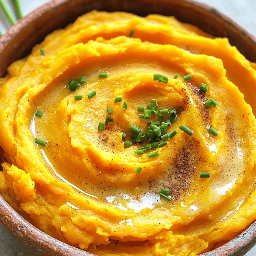 To make buttery mashed sweet potatoes in a slow cooker, gather these items: - 4 large sweet potatoes, peeled and cubed - 1/2 cup unsalted butter, divided (1/4 cup for cooking and 1/4 cup for mashing) - 1/2 cup heavy cream (substitute with milk for a lighter option) - 1/4 cup brown sugar - 1 teaspoon ground cinnamon - 1/2 teaspoon ground nutmeg - Sea salt and freshly cracked black pepper to taste To add a fresh touch to your dish, consider these garnishes: - Chopped fresh chives - Chopped fresh parsley These add color and a hint of flavor that lifts the dish. You can easily swap ingredients to suit your taste or needs: - Use milk instead of heavy cream for a lighter mash. - Swap brown sugar with maple syrup for a unique sweetness. - For a dairy-free option, replace butter with a plant-based alternative. - If you want a spicier flavor, add a pinch of cayenne pepper. These simple swaps ensure you can make this dish your own! Start by peeling and cubing 4 large sweet potatoes. Aim for uniform cubes so they cook evenly. Place the cubed sweet potatoes into your slow cooker. This is where the magic begins. Now, add 1/4 cup of unsalted butter on top. The butter will melt and mix in during cooking. Next, pour in 1/2 cup of heavy cream. If you want a lighter dish, use milk instead. Sprinkle 1/4 cup of brown sugar, 1 teaspoon of ground cinnamon, and 1/2 teaspoon of ground nutmeg over the sweet potatoes. Add sea salt and freshly cracked black pepper to taste. This step is key for flavor. Gently stir everything together with a wooden spoon. Make sure each sweet potato piece gets coated well. Now, cover the slow cooker with its lid. Set it on high for 4 hours or low for 6 to 8 hours. You want the sweet potatoes to be very tender. After cooking, check if the sweet potatoes are tender. Use a potato masher or hand mixer to mash them. Mash until you reach your desired creaminess. Next, add the remaining 1/4 cup of unsalted butter to the mashed sweet potatoes. Mix well until the butter melts and blends in. Taste your mash and add more salt or pepper if needed. For a nice touch, serve the buttery mashed sweet potatoes warm. Garnish with chopped fresh chives or parsley for added color and flavor. Enjoy this creamy delight! To get the right creaminess in your buttery mashed sweet potatoes, start with the right sweet potatoes. Choose large, firm ones. They should be bright orange and free from dark spots. Cut them into even cubes for uniform cooking. When you mash, use a potato masher or hand mixer. This gives you control over the texture. For extra creaminess, add more heavy cream or butter. Mix it in slowly until you reach your desired smoothness. Want to elevate your sweet potato mash? Try adding different spices. A pinch of cayenne pepper adds warmth without too much heat. You can also swap brown sugar for maple syrup for a new twist. Fresh herbs like chives or parsley bring a fresh taste. If you crave a savory note, add garlic powder or roasted garlic. Each of these tweaks can take your dish to the next level. For this recipe, a slow cooker is key. It cooks the sweet potatoes gently, making them tender and easy to mash. A good potato masher is also a must-have. If you prefer a creamier finish, use a hand mixer. Just be careful to not overmix; you want some texture. A large wooden spoon helps to stir all the ingredients well before cooking. Having these tools on hand makes the cooking process easier and more fun. {{image_4}} You can lighten up buttery mashed sweet potatoes easily. Instead of heavy cream, use milk. This swap gives a creamy texture but cuts calories. You can also reduce the butter to 1/4 cup instead of 1/2 cup. For a dairy-free version, try coconut milk. It adds a nice hint of sweetness. Want to mix things up? Add roasted garlic for a deep, savory flavor. You can also try a splash of maple syrup instead of brown sugar. This change gives a nice twist. For a spicy kick, mix in some cayenne pepper. It adds heat and depth to the dish. Buttery mashed sweet potatoes pair well with many dishes. They are great with roasted chicken or grilled pork. The sweetness balances savory flavors nicely. For a vegetarian meal, serve them with sautéed greens and chickpeas. This adds protein and makes a complete dish. Don’t forget to top with fresh chives or parsley for a burst of color! To store your buttery mashed sweet potatoes, first let them cool down. Place them in an airtight container. They will stay fresh in the fridge for up to four days. Make sure to label the container with the date. This way, you will know when to use them. To reheat your mashed sweet potatoes, you can use the microwave or the stove. If using a microwave, place the sweet potatoes in a bowl. Heat them in short bursts, stirring in between. If using the stove, warm them over low heat. Add a splash of cream or milk to keep them creamy. Stir until heated through. You can freeze your mashed sweet potatoes for longer storage. Use freezer-safe bags or containers. Make sure to remove as much air as possible. They can stay good in the freezer for up to three months. When ready to use, thaw them overnight in the fridge. Reheat as mentioned before for best results. Yes, you can make this dish ahead of time. Just cook the sweet potatoes in the slow cooker as directed. Once they are mashed, let them cool and store in the fridge. You can reheat them later. There are many great options to boost flavor. Try adding garlic powder or smoked paprika. You can also mix in some maple syrup for a sweet twist. For a zesty touch, squeeze in some fresh lemon juice. For a vegan version, swap out the butter for vegan butter. Use coconut cream or almond milk instead of heavy cream. You can skip the brown sugar or use maple syrup for sweetness. Leftovers can last up to five days in the fridge. Make sure to store them in an airtight container. If you want to keep them longer, consider freezing them. They can last for up to three months in the freezer. In this post, we covered all you need for making buttery mashed sweet potatoes. I shared a clear list of needed ingredients and suggested optional garnishes. You learned step-by-step cooking methods to create a creamy dish. Tips for perfect texture and flavor were also included. Remember, you can switch up flavors and store leftovers easily. Enjoy cooking this delicious side dish!