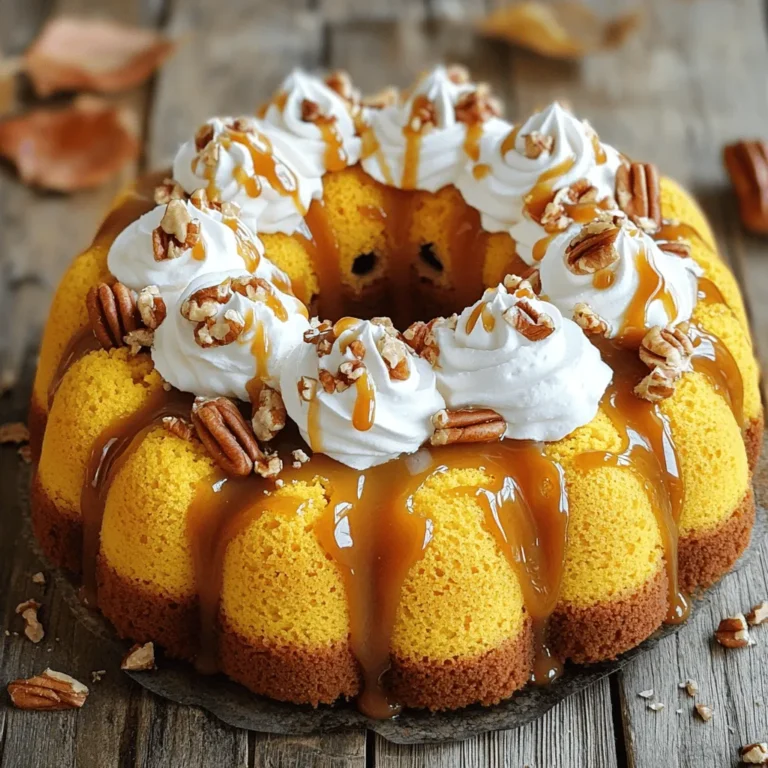 - 1 box yellow cake mix - 1 cup canned pumpkin puree - 1 teaspoon ground cinnamon - 1 teaspoon ground nutmeg - 1/2 teaspoon ground ginger - 3 large eggs - 1/2 cup vegetable oil - 1 cup water - 1 cup caramel sauce, plus extra for drizzling - 1 cup heavy whipping cream - 2 tablespoons powdered sugar - 1 teaspoon vanilla extract - Crushed pecans (for garnish, optional) To create this tasty cake, you need specific amounts of each ingredient. Start with the yellow cake mix. This is the base. Add one cup of canned pumpkin puree for a rich flavor. For spices, you will need one teaspoon of cinnamon and nutmeg, plus half a teaspoon of ginger. These spices make the cake taste warm and cozy. You will also need three large eggs and half a cup of vegetable oil. Add one cup of water to keep the cake moist. You must not forget about the caramel sauce. You will drizzle one cup over the cake. Save some for extra drizzling before serving. Finally, whip up one cup of heavy whipping cream, two tablespoons of powdered sugar, and one teaspoon of vanilla extract for the light topping. For a bit of crunch, consider crushed pecans. They add nice texture and flavor. You can sprinkle them on top before serving. If you want an extra sweet touch, drizzle more caramel sauce over the whipped cream. This makes each slice even more special. Now you have all the ingredients to make this delightful Pumpkin Caramel Poke Cake. Get ready to enjoy a slice of autumn goodness! First, set your oven to 350°F (175°C). This step is key for a good bake. While the oven warms up, grab a 9x13 inch baking pan. Grease it well with butter or oil. Then, dust it with a light coat of flour. This helps the cake release easily after baking. In a large bowl, mix together the following: - 1 box yellow cake mix - 1 cup canned pumpkin puree - 1 teaspoon ground cinnamon - 1 teaspoon ground nutmeg - 1/2 teaspoon ground ginger - 3 large eggs - 1/2 cup vegetable oil - 1 cup water I like to use an electric mixer for this. Mix until the batter is smooth. Make sure there are no lumps left. This step is important for a nice texture. Now, pour the batter into your prepared pan. Spread it evenly. Place it in the oven and bake for 25-30 minutes. To check if it's done, stick a toothpick in the center. If it comes out clean, your cake is ready! After baking, let the cake cool for a few minutes. While it’s still warm, use the handle of a wooden spoon to poke holes all over the top. Space the holes about 1 inch apart. This lets the caramel sauce soak in nicely. To keep your cake moist, use canned pumpkin puree. It adds flavor and moisture. Make sure not to overmix your batter. Mix just until combined. Also, poke the holes in the warm cake. This lets the caramel soak in better. Let the cake cool completely before adding the whipped cream. This helps keep it from melting. For great whipped cream, start with cold heavy whipping cream. Use a chilled bowl and beaters for best results. Add powdered sugar and vanilla extract for flavor. Whip until soft peaks form. Be careful not to overwhip, or it will turn into butter. If that happens, just add a bit more cream and mix gently. Warm the caramel sauce slightly before using. This helps it flow better over the cake. Drizzle it over the top, letting it seep into the holes. This creates a sweet surprise in every bite. If you have extra caramel, save it for drizzling on servings. It makes a lovely touch. {{image_4}} You can change the frosting for this cake to match your taste. Try cream cheese frosting for a tangy twist. Just mix cream cheese with powdered sugar and a splash of vanilla. You can also use chocolate ganache for a rich layer. Melt dark chocolate with cream, then pour it over the cooled cake. Each option adds a unique flavor to the pumpkin caramel poke cake. For a spice cake version, start with a spice cake mix instead of yellow cake. This adds more warmth and flavor with spices like cloves and allspice. Mix in pumpkin puree, cinnamon, and nutmeg as before. Bake and poke holes as usual. The spice cake pairs perfectly with the caramel sauce, adding depth to each bite. For a gluten-free version, choose a gluten-free yellow cake mix. Follow the same steps but check the labels to ensure all ingredients are gluten-free. You can also use almond flour or coconut flour for a homemade version. This way, you can enjoy the rich flavors without gluten. Just be sure to adjust baking times as needed, as gluten-free mixes can vary. To keep your leftover pumpkin caramel poke cake fresh, place it in an airtight container. This will help maintain its moisture. If you don’t have a container, wrap it tightly in plastic wrap. Store it in the fridge for up to five days. The cold will help keep the flavors bright and the cake moist. You can freeze this cake for later enjoyment. First, allow the cake to cool completely. Then, cut it into individual portions. Wrap each piece in plastic wrap and then foil. This double layer prevents freezer burn. The cake can last up to three months in the freezer. When you're ready to eat, just thaw it in the fridge overnight. To reheat your cake, preheat your oven to 350°F (175°C). Place the cake in an oven-safe dish. Cover it loosely with foil to prevent drying out. Heat for about 10-15 minutes. You can also use the microwave. Heat a slice on medium power for about 30 seconds, or until warm. This keeps the cake soft and the caramel gooey, enhancing your dessert experience. Yes, you can use homemade caramel sauce! Making it is simple and fun. Just cook sugar until it melts, then add butter and cream. Stir until smooth. This gives the cake a fresh, rich flavor. Homemade sauce can be thicker than store-bought. Adjust the recipe to your liking for the best texture. If you need a substitute for heavy whipping cream, you have options. You can use coconut cream for a dairy-free choice. Another option is whole milk mixed with butter. For every cup of cream, mix 3/4 cup of milk with 1/4 cup of melted butter. This will give you a similar richness for your cake. The cake stays fresh in the fridge for about 3 to 5 days. Make sure to cover it well. Use plastic wrap or a cake container to keep it moist. If you want to keep it longer, consider freezing slices. Just wrap each piece tightly before freezing. This blog post covered how to make a delicious Pumpkin Caramel Poke Cake. You learned about the key ingredients, step-by-step baking, helpful tips, and tasty variations. Each part is crucial for getting the best flavor and texture. Remember to store any leftovers properly so you can enjoy them later. Baking is about having fun, so don't hesitate to try new ideas. I hope you enjoy making and sharing this cake with others!