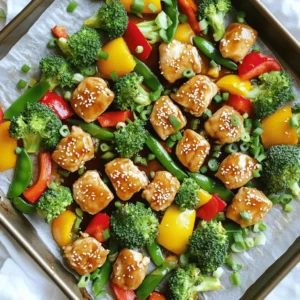 For this dish, you need: - 1.5 lbs chicken breast, cut into bite-sized pieces This chicken is the star of your meal. Choose fresh, high-quality chicken for the best flavor. Cut it into small pieces to ensure even cooking. Gather these colorful veggies: - 1 cup broccoli florets - 1 cup bell peppers, sliced (mix of red, yellow, and green) - 1 cup snap peas Using a mix of vegetables adds color and nutrients. Broccoli gives crunch, while bell peppers add sweetness. Snap peas are crisp and delicious. For the teriyaki sauce, you will need: - 2 tablespoons olive oil - 1 tablespoon sesame oil - 1 tablespoon minced ginger - 3 cloves garlic, minced - 1/2 cup low-sodium soy sauce - 1/4 cup honey - 2 tablespoons rice vinegar - 1 tablespoon cornstarch mixed with 2 tablespoons water This sauce brings the dish together. The soy sauce adds saltiness, while honey adds sweetness. Ginger and garlic provide warmth and aroma. The cornstarch thickens the sauce at the end for a glossy finish. Garnish with sesame seeds and chopped green onions for extra flavor. Enjoy this vibrant dish! Start by preheating your oven to 400°F (200°C). This temperature helps cook the chicken and veggies just right. Next, take a baking sheet and line it with parchment paper. This makes cleanup easy and helps keep food from sticking. In a medium bowl, whisk together the following ingredients: - 1/2 cup low-sodium soy sauce - 1/4 cup honey - 2 tablespoons rice vinegar - 1 tablespoon minced ginger - 3 cloves garlic, minced Mix well until you get a smooth blend. This sauce will add great flavor to your dish. In a large bowl, add 1.5 lbs of chicken breast cut into bite-sized pieces. Drizzle 2 tablespoons of olive oil over the chicken. Pour half of the teriyaki sauce you just made over it. Toss the chicken to coat every piece well. Let it sit for a few minutes for better flavor. Spread the marinated chicken on one side of the baking sheet. This keeps it separate from the veggies. In the same bowl, add: - 1 cup broccoli florets - 1 cup bell peppers, sliced - 1 cup snap peas Drizzle 1 tablespoon of sesame oil over the vegetables. Pour the remaining teriyaki sauce on top. Toss until well combined. Now, arrange these veggies on the other side of the baking sheet. Once everything is arranged, place the baking sheet in the oven. Bake for about 20-25 minutes. Keep an eye on it until the chicken reaches 165°F (74°C) and the veggies are tender but still crisp. After baking, take the sheet out carefully. Mix 1 tablespoon of cornstarch with 2 tablespoons of water to make a slurry. Stir this mixture into the chicken and veggie mix to thicken the sauce. Return it to the oven for another 5 minutes. This step makes the sauce glossy and rich. To get juicy chicken, always cut it into bite-sized pieces. This helps it cook evenly. Marinate the chicken for at least 30 minutes. This adds flavor and keeps it moist. Use low-sodium soy sauce to control saltiness without losing taste. Always check the chicken's internal temperature. It should reach 165°F (74°C) for safety. Choose fresh vegetables for the best taste. Broccoli, bell peppers, and snap peas work great. You can mix colors for a vibrant dish. Cut veggies into similar sizes to ensure even cooking. Bake them with the chicken to keep their crunch. Cook for 20-25 minutes, but check for tenderness. You want them soft but not mushy. Garnish your dish for a beautiful finish. Sprinkle sesame seeds on top for crunch. Chopped green onions add freshness and color. For extra flavor, drizzle some teriyaki sauce over the finished dish. Serve it family-style on a large platter for a fun presentation. Enjoy the vibrant colors and delicious aroma! {{image_4}} You can easily switch the chicken for other proteins. Try using shrimp for a quick meal. Salmon offers a rich taste and is healthy too. If you want a plant-based option, use tofu. Make sure to press the tofu first to remove extra moisture. This helps it absorb the sauce better. Each protein gives a unique flavor to your dish. Feel free to mix up the veggies. Carrots add a nice crunch and a sweet taste. Zucchini slices are soft and soak up the sauce well. You can also use asparagus for a fresh twist. Just remember to cut your veggies into similar sizes. This ensures they cook evenly, keeping them tender yet crisp. If you want to try something different, change the sauce. A sweet chili sauce can add a spicy kick. Teriyaki can also be blended with orange juice for a citrus flavor. For a tangy twist, use hoisin sauce instead. Each sauce creates a new experience while cooking. Enjoy experimenting with these variations! After you finish your meal, let the dish cool. Place leftovers in an airtight container. This keeps the chicken and veggies fresh. You can store it in the fridge for up to three days. Make sure to seal it well. This way, you avoid any spills or odors in your fridge. To reheat, you have a few options. The best way is to use the oven. Preheat it to 350°F (175°C). Place the leftovers on a baking sheet. Heat for about 10-15 minutes until everything is warm. You can also use the microwave. Just put your meal in a microwave-safe bowl. Cover it with a lid or microwave-safe wrap. Heat for one to two minutes. Stir halfway for even warming. If you want to save some for later, freezing works well. Place the cooled leftovers in a freezer-safe container. You can use a zip-top bag, too. Make sure to remove as much air as possible. Label the bag with the date. You can freeze the dish for up to three months. When you are ready to eat, thaw it overnight in the fridge. Then reheat using the oven or microwave. Yes, you can use frozen vegetables. They work well in this dish. Just keep in mind that they may release extra moisture. This can affect the sauce's thickness. If using frozen veggies, reduce the baking time by a few minutes. Check for doneness before serving. To make this dish gluten-free, switch to gluten-free soy sauce. Many brands offer great taste without gluten. Also, check other sauces and ingredients for hidden gluten. This way, you can enjoy a fantastic meal without worry. You can serve this dish with rice or quinoa. Both pair nicely with the teriyaki flavor. Noodles are another tasty option. If you want a lighter meal, serve it with a fresh salad. These sides add variety and balance to your plate. To thicken the teriyaki sauce, use cornstarch. Mix one tablespoon of cornstarch with two tablespoons of water. Stir this mixture into the sauce near the end of cooking. This will help create a glossy, thicker sauce that clings to the chicken and veggies. In this article, we explored the key ingredients for teriyaki chicken and veggies. We went through step-by-step instructions, from prepping the oven to thickening your sauce. I shared tips to ensure your chicken stays tender and vegetables cook perfectly. We also discussed variations and how to store leftovers. Remember, with simple adjustments, you can customize this dish to your liking. Enjoy making your teriyaki chicken and veggies, and don’t hesitate to experiment! Cooking should be fun and tasty.