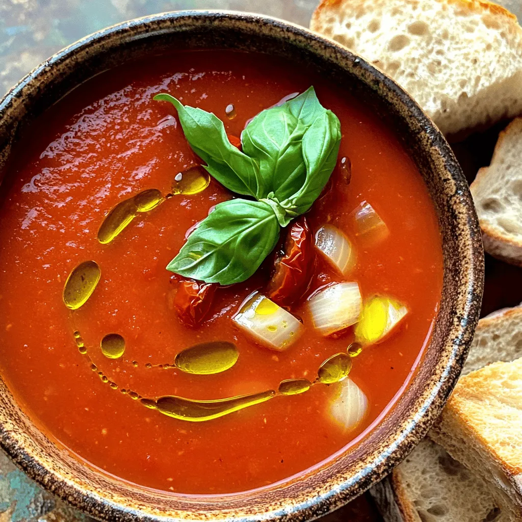 - 2 lbs ripe tomatoes - 1 medium onion - 4 cloves garlic - 2 tablespoons extra virgin olive oil - 2 cups vegetable broth - Spices: basil, oregano, granulated sugar, sea salt, black pepper - Optional: ¼ cup heavy cream, fresh basil for garnish When making slow cooker roasted tomato soup, fresh ingredients are key. I love using 2 pounds of ripe tomatoes. Their sweetness brings the soup to life. I also add one medium onion for depth. It adds a nice flavor that blends well with the tomatoes. Four cloves of garlic, unpeeled, add a rich taste to the mix too. For seasonings, I use two tablespoons of extra virgin olive oil. It helps to roast the veggies and adds healthy fat. Two cups of vegetable broth make the soup rich and flavorful. I like to include dried basil and oregano for aroma. A teaspoon of granulated sugar balances the acidity of the tomatoes. Finally, I add sea salt and cracked black pepper to taste. If you want a creamy finish, you can stir in a quarter cup of heavy cream. Fresh basil leaves make a beautiful garnish. They add color and a fresh taste. Enjoy these fresh ingredients to create a comforting bowl of soup! 1. Preheat your oven to 400°F (200°C). This step is key for great roasting. 2. Take a large baking sheet. Arrange 2 lbs of halved tomatoes, 1 quartered onion, and 4 unpeeled garlic cloves in one layer. 3. Drizzle the vegetables with 2 tablespoons of extra virgin olive oil. Season with sea salt and black pepper to taste. 1. Place the baking sheet in the oven. Roast the vegetables for 25-30 minutes. Watch for the tomatoes to caramelize and soften. 2. The aroma will fill your kitchen, making it hard to wait. 1. Once roasted, take the baking sheet out of the oven. Remove the garlic from its skin and put it in the slow cooker. 2. Add the roasted tomatoes and onion to the slow cooker. Pour in 2 cups of rich vegetable broth. 3. Add 1 teaspoon of dried basil, 1 teaspoon of dried oregano, and 1 teaspoon of granulated sugar. Stir well. 4. Cover your slow cooker and set it to cook on low for 4-6 hours or high for 2-3 hours. 1. After cooking, use an immersion blender to purée the soup. If you don't have one, carefully transfer the soup in batches to a countertop blender. 2. For a creamier texture, stir in ¼ cup of heavy cream. Heat until warm. 3. Taste the soup and adjust the seasoning with more sea salt and black pepper as needed. To boost the taste of your soup, start with salt and pepper. Add more if needed. If you want a fresh kick, try using fresh herbs. For dried herbs, use a smaller amount since they are stronger. I suggest one tablespoon of fresh basil or oregano for every teaspoon of dried. This change makes a big difference in flavor. For a smooth soup, blend until you reach a velvety texture. If you don’t have an immersion blender, you can use a regular blender. Just be careful when pouring hot soup. Blend in small batches to avoid spills. If you want a chunkier soup, blend less. You can even mix in some whole tomatoes after blending for a nice texture. To serve the soup beautifully, use warm bowls. Drizzle with extra virgin olive oil for a glossy finish. Top with fresh basil leaves for color. For a hearty meal, pair it with crusty bread. This adds a satisfying crunch and makes every bite delightful. Enjoy the warmth of this soup with your favorite side! {{image_4}} To make a vegan version of this soup, you can easily swap out a few ingredients. Instead of heavy cream, use coconut milk or cashew cream. Both options add a rich texture while keeping things plant-based. For broth, choose a vegetable broth that is low in sodium. This choice keeps the soup light and fresh without the extra salt. You can enhance the soup by adding more vegetables or proteins. Consider adding carrots, bell peppers, or zucchini for extra flavor and nutrients. If you want protein, try adding cooked lentils or chickpeas. They mix well and make the soup heartier. You can also swap spices for personalization. Try adding smoked paprika for a smoky taste or a dash of red pepper flakes for heat. Traditionally, serve the soup warm in bowls. For a modern twist, pour it into mugs for a cozy feel. Drizzle some extra virgin olive oil on top for added richness. Fresh basil leaves make a lovely garnish. You can also top the soup with croutons or a sprinkle of nutritional yeast. These toppings add crunch and flavor, making your bowl even more delicious. To cool the soup, let it sit at room temperature for about 30 minutes. This helps it cool evenly. After that, transfer it to a container. Use airtight containers made of glass or plastic. These keep the soup fresh. They also make it easy to reheat later. When reheating, always use low heat. You can use a pot on the stove or the microwave. Stir the soup often to keep it warm. This helps the flavors mix well. For the best taste, add a splash of water or broth. This keeps the soup from drying out. To freeze the soup, let it cool completely first. Then, pour it into freezer-safe bags or containers. Leave some space at the top. This allows the soup to expand as it freezes. When you are ready to eat, take it out of the freezer. Thaw it in the fridge overnight. To reheat, warm it on the stove or in the microwave. Enjoy this cozy soup any time! You can keep Slow Cooker Roasted Tomato Soup in the fridge for about 4 to 5 days. Make sure to store it in a tight container. If you want to keep it longer, freeze the soup. It can stay fresh in the freezer for up to 3 months. Just remember to let it cool before putting it in the freezer. Yes, you can make this soup ahead of time. I often prepare it the day before serving. After cooking, let it cool down and store it in the fridge. When you are ready to eat, just reheat it on the stove. This way, the flavors have even more time to blend. You can use canned tomatoes instead of fresh ones. Canned tomatoes are great for saving time. Just choose high-quality tomatoes for the best taste. When using canned tomatoes, drain them before adding them to the slow cooker. This helps keep your soup from getting too watery. This blog post guides you through making a delicious slow cooker roasted tomato soup. We discussed fresh ingredients, the roasting process, and tips for great flavor and texture. You also learned variations and storage tips to keep your soup fresh. Making this soup is rewarding and simple. Experiment with flavors and enjoy each bowl. Your loved ones will appreciate your effort and creativity. Dive in and enjoy warming your soul with this comforting dish!