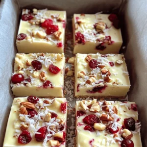 - 1 ½ cups graham cracker crumbs - ½ cup unsweetened shredded coconut - 1 cup white chocolate chips - ½ cup sweetened condensed milk - 1 cup dried cranberries - ½ cup chopped nuts (almonds or walnuts) - 1 teaspoon vanilla extract - A pinch of salt Gathering the right ingredients is key to making these bars tasty. The graham cracker crumbs give a nice base. The shredded coconut adds a fun texture. White chocolate chips provide sweetness and creaminess. Sweetened condensed milk brings it all together. Dried cranberries offer a tart bite. Chopped nuts add crunch and flavor. A pinch of salt enhances all the sweet notes. This mix of flavors works well. Each ingredient plays a part in making the bars delicious. You can switch the nuts if you prefer. Almonds or walnuts both work well. This recipe is simple, yet the taste is rich. You will love how easy it is to make these bars. Enjoy the process of gathering and using these fresh ingredients! Start by lining an 8x8 inch baking dish with parchment paper. Make sure to leave some overhang on the sides. This helps you lift the bars out easily after they set. In a large mixing bowl, combine 1 ½ cups of graham cracker crumbs, ½ cup of unsweetened shredded coconut, and a pinch of salt. Stir these dry ingredients together well until they blend nicely. To melt the white chocolate chips, use a small microwave-safe bowl. Heat the chips in 30-second intervals. Stir after each interval until the chocolate is smooth and fully melted. Once the chocolate melts, pour it into the bowl with the graham cracker mixture. Add ½ cup of sweetened condensed milk, 1 teaspoon of vanilla extract, 1 cup of dried cranberries, and ½ cup of chopped nuts. Stir everything together until well mixed. Transfer the mixture to your prepared baking dish. Use a spatula or your hands to press the mixture firmly into the dish. Make sure it is evenly flattened and compacted. Place the baking dish in the fridge and chill for at least 2 hours or until the bars are firm. To get the best texture, mix your dry ingredients well. Combine the graham cracker crumbs, coconut, and salt until they are evenly blended. This step helps every bite taste great. When melting chocolate, be careful. Heat it slowly in the microwave. Stir it often. This keeps it smooth and prevents burning. Once melted, mix it well with the dry ingredients. You want a nice, thick batter that holds together. These bars look great on a platter! Cut them into squares and place them on a colorful plate. Add fresh cranberries on top for a pop of color. You can also drizzle some melted chocolate on top for extra flair. For a fun twist, serve them with a scoop of vanilla ice cream. This adds a creamy touch to the sweet bars. Avoid rushing the mixing process. If you don’t mix well, the bars may crumble. Be sure to press the mixture firmly into the dish. If it is loose, the bars won’t hold their shape. Also, don’t skip the chilling time. If you take them out too soon, they will be too soft to cut. Lastly, always use parchment paper. This helps you lift the bars out easily. {{image_4}} You can switch up the nuts in these bars. Pecans or pistachios work great. Nuts add crunch and flavor. Try roasting them for extra taste. Choose what you love best. You can even mix different kinds for fun. If you want a different sweet taste, try using alternative sweeteners. You can use honey or maple syrup instead of sweetened condensed milk. This change can make the bars less sweet or add a new flavor. Just adjust the amount to keep the right texture. Want to add more flavor? You can mix in spices or extracts. A dash of cinnamon or nutmeg adds warmth. Almond or orange extract gives a unique twist. Get creative! These small additions can make your bars stand out. To keep your No Bake White Chocolate Cranberry Bars fresh, store them in an airtight container. Place parchment paper between layers to avoid sticking. Store them in the fridge for the best taste. These bars stay good for up to one week in the fridge. After a week, they may lose their freshness. Check for any signs of spoilage before eating. You can freeze these bars for later enjoyment! Cut the bars into squares and wrap each piece tightly in plastic wrap. Then, place them in a freezer-safe bag. They can last up to three months in the freezer. To thaw, simply move them to the fridge overnight. Enjoy them chilled or at room temperature! Yes, you can use dark or milk chocolate. Each type adds a unique taste. Dark chocolate will give a rich flavor. Milk chocolate will add sweetness and creaminess. You could even mix chocolates for a fun twist! These bars need at least two hours to set. I recommend chilling them longer for a firmer texture. If you’re in a hurry, check them after two hours. They should feel firm to the touch. Yes, these bars can be gluten-free! Simply use gluten-free graham cracker crumbs. Many brands offer great options. Always check the labels to ensure they are safe for you. You can make these bars vegan with a few swaps. Use dairy-free chocolate chips and coconut milk. Instead of sweetened condensed milk, use coconut cream or a vegan substitute. Your bars will still taste amazing and creamy! You learned how to make delicious bars using simple ingredients. We covered each step, from preparing the dish to mixing and pressing the ingredients. Remember, small changes, like using different nuts or sweeteners, can create unique flavors. Store your bars properly to keep them fresh longer. Following these tips will help you avoid common mistakes. With the right techniques, you can enjoy tasty treats anytime. Happy baking!