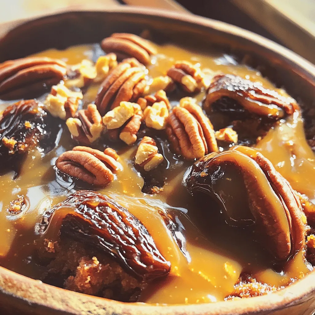 To make this dessert, you need these key ingredients: - 1 cup Medjool dates, pitted and chopped - 1 cup boiling water - 1 teaspoon baking soda - 1/2 cup unsalted butter, softened - 1 cup packed brown sugar - 2 large eggs, at room temperature - 1 teaspoon pure vanilla extract - 1 cup all-purpose flour - 1 teaspoon baking powder - 1/4 teaspoon salt - 1/2 cup pecans, chopped These ingredients create a rich, moist pudding that bursts with flavor. The Medjool dates add natural sweetness and a unique texture. The pecans bring a lovely crunch. For the toffee sauce, gather these items: - 1 cup heavy cream - 1 cup packed brown sugar - 1/4 cup unsalted butter - 1 teaspoon pure vanilla extract This sauce is the star of the dish. It’s creamy, sweet, and perfect for drizzling over your pudding. The combination of sugar and cream creates a luscious, rich sauce. You can enhance your dessert with some fun toppings: - Additional chopped pecans - Vanilla ice cream or whipped cream These toppings add flavor and texture. The ice cream’s coldness contrasts nicely with the warm pudding. A sprinkle of pecans on top gives a nice crunch and looks great, too. First, gather your dates and chop them. You will need one cup of Medjool dates. Place them in a medium bowl. Next, boil one cup of water and pour it over the chopped dates. Add one teaspoon of baking soda into the mix. Stir well and then let it sit for 15 minutes. This helps the dates get soft. After the time is up, use a fork to mash the dates into a chunky paste. This will give our pudding a rich texture. In a large mixing bowl, add half a cup of softened unsalted butter and one cup of packed brown sugar. Use an electric mixer to beat these together on medium speed. Mix until it becomes light and fluffy, about 3 to 5 minutes. This step is key for a great texture. Next, add in two large eggs, one at a time, mixing well after each. Finally, stir in one teaspoon of pure vanilla extract for flavor. Now, it’s time to combine the wet and dry ingredients. In a separate bowl, mix one cup of all-purpose flour, one teaspoon of baking powder, and a quarter teaspoon of salt. Gradually add this dry mix into the butter and sugar mix. Use a spatula to fold it in gently. Make sure not to overmix. Now, gently fold in the mashed date mixture and half a cup of chopped pecans. This adds a nice crunch to your pudding. - Pouring Batter and Baking Once your batter is ready, pour it into a greased 9-inch square baking dish. Smooth the top with a spatula for an even surface. Preheat your oven to 350°F (175°C) and bake for 30 to 35 minutes. To check if it's done, insert a toothpick into the center. If it comes out clean, your pudding is ready! The top should look golden brown. Let it cool for about 5 minutes before poking holes in the top with a skewer. This helps the sauce soak in later. To get the right texture in your Caramel Pecan Sticky Toffee Pudding, focus on your date mixture. Letting the chopped dates soak in boiling water softens them. This step helps create a moist pudding. After mashing the dates, they should form a chunky paste. This paste keeps the pudding rich and gooey. When mixing the wet and dry ingredients, do not overmix. This keeps the pudding light and fluffy. One common mistake is using cold eggs. Always use room temperature eggs for a smooth batter. Another mistake is not creaming the butter and sugar well enough. Creaming introduces air, making your pudding light. Also, be careful with baking time. Pull the pudding out when a toothpick comes out clean. Overbaking can dry it out, ruining that sticky texture. To boost flavor, consider adding a pinch of cinnamon or nutmeg to the batter. These spices add warmth and depth. You can also enhance the toffee sauce by adding a splash of bourbon or rum. This adds a unique twist that pairs well with the sweet sauce. For extra crunch, toast the pecans lightly before folding them in. This simple step brings out their natural oils and flavor. {{image_4}} You can easily make a nut-free version of this pudding. Simply leave out the pecans. The pudding still tastes amazing without them. You can add a bit more flour to keep the texture. This way, everyone can enjoy this rich delight! Want to add some chocolate? You can mix in chocolate chips instead of nuts. Use about 1/2 cup of semi-sweet chocolate chips. They will melt slightly while baking. This adds a nice, sweet twist to the sticky toffee pudding. Serving your pudding with ice cream is a great idea. Vanilla ice cream pairs nicely with the warm pudding. The cold ice cream melts slightly, making it creamy. You can also use whipped cream for a lighter option. Drizzle some extra toffee sauce on top for a tasty treat! To keep your leftover pudding fresh, place it in an airtight container. If you have a slice left, wrap it tightly in plastic wrap before storing. Store it in the fridge for up to four days. The pudding will stay moist and delicious this way. When you want to enjoy your pudding again, take it out of the fridge. You can reheat it in the microwave for about 20-30 seconds. If you prefer, you can warm it in the oven at 350°F (175°C) for around 10-15 minutes. Just cover it with foil to prevent it from drying out. If you want to save some pudding for later, freezing is a good option. Cut the pudding into portions and wrap each piece in plastic wrap. Then, place the wrapped pieces in a freezer bag or container. It can last in the freezer for up to three months. When you're ready to eat it, thaw it in the fridge overnight before reheating. Sticky toffee pudding is a moist dessert made from dates and brown sugar. It's soft, rich, and usually served warm with a sweet toffee sauce. This dish has roots in British cuisine and is a favorite at many restaurants. The combination of flavors and textures makes it a delightful treat. Yes, you can use other nuts like walnuts or almonds. Each nut adds a different flavor to the pudding. If you prefer, you can also omit the nuts entirely for a nut-free version. Just ensure to keep the texture in mind when making these changes. To make the pudding ahead, prepare it and bake it as usual. Allow it to cool completely. Once cooled, wrap it tightly in plastic wrap and store it in the fridge for up to three days. When ready to serve, reheat it in the oven until warm. Drizzle with toffee sauce before serving for the best result. Yes, you can create a vegan version. Substitute eggs with flaxseed meal or applesauce. Use vegan butter and plant-based cream for the sauce. These swaps keep the pudding rich and tasty without any animal products. To adjust sweetness, reduce the brown sugar in the batter or the toffee sauce. You might also use a sugar substitute if desired. Remember, the dates naturally add sweetness, so taste as you go to find your perfect balance. In this post, we explored how to make Caramel Pecan Sticky Toffee Pudding. We talked about the main ingredients, the toffee sauce, and optional toppings. The step-by-step instructions guide you in preparing, baking, and serving this dish. I shared tips for a perfect texture and common mistakes to avoid. Don’t forget the fun variations and storage tips to keep this dessert fresh. With these insights, you can master this treat and enjoy it with friends. Now it’s time to get baking and impress your loved ones!