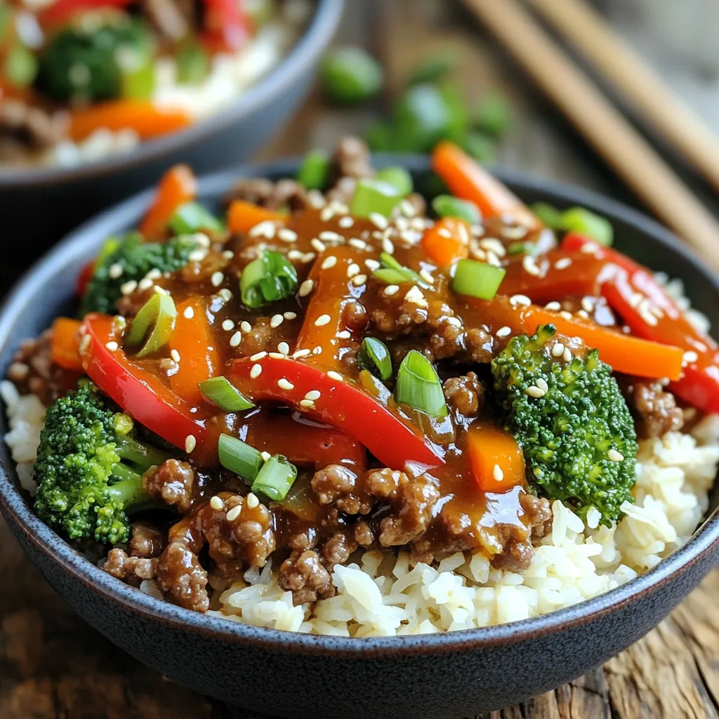For this tasty dish, you will need: - 1 lb (450g) ground beef - 1 cup cooked jasmine rice (or your preferred rice) These two ingredients form the heart of your meal. The ground beef gives a rich flavor, while the rice provides a soft base. Adding fresh veggies makes your meal bright and healthy. You should include: - 1 red bell pepper, diced - 1 cup broccoli florets - 1 carrot, thinly sliced - 3 green onions, sliced These vegetables add color and crunch. They also boost nutrition, making your dish more balanced. The right sauces bring life to your Sweet Chili Beef Bowls. Here are the key flavor boosters: - 2 cloves garlic, minced - 1 tablespoon fresh ginger, minced - 1/4 cup sweet chili sauce - 2 tablespoons soy sauce (or tamari for gluten-free option) - 1 tablespoon sesame oil - Salt and pepper to taste - Toasted sesame seeds for garnish Garlic and ginger add warmth and zest. The sweet chili and soy sauces provide a nice balance of sweet and salty. Don't forget the sesame seeds for a final touch! First, you need to cook the jasmine rice. Measure 1 cup of rice and rinse it under cold water. This helps remove excess starch. Cook it according to the package instructions. When it's fluffy, set it aside. Keeping it warm is key for serving. Next, grab a large skillet and put it on medium heat. Add 1 tablespoon of sesame oil. Once hot, toss in 2 cloves of minced garlic and 1 tablespoon of minced ginger. Stir them for about 30 seconds. You want to smell that wonderful aroma and see them turn light golden. Now, increase the heat to medium-high. Add 1 pound of ground beef to the skillet. Use a wooden spoon to break it apart. Cook until it’s browned and no longer pink. This should take about 5 to 7 minutes. Season with salt and pepper while it cooks. Once the beef is browned, it’s time for the veggies! Add 1 diced red bell pepper, 1 cup of broccoli florets, and 1 thinly sliced carrot to the skillet. Stir everything together. Cook for about 5 minutes. This helps the vegetables soften but keep their bright color and crunch. Now, pour in 1/4 cup of sweet chili sauce and 2 tablespoons of soy sauce. Stir it all together. You want every piece of beef and veggie coated in the sauce. Cook for another 2 to 3 minutes to let the flavors mix well. To serve, take a bowl and fill it with a good amount of the cooked jasmine rice. This rice makes a cozy base for your dish. Top it with a hearty scoop of the sweet chili beef and vegetable mix. Finally, let’s make it look great! Sprinkle sliced green onions and some toasted sesame seeds on top. This adds flavor and a nice crunch. Your sweet chili beef bowls are now ready to enjoy! When picking ground beef, look for a bright red color. This shows freshness. Aim for 80% lean beef. It has enough fat for flavor without being greasy. Check the packaging date to ensure it is fresh. If possible, buy from a local butcher for the best quality. To cook veggies just right, cut them evenly. This helps them cook at the same time. Start with hard vegetables like carrots. Add softer ones, like bell peppers, later. Stir often to keep them from burning. Cook until they are bright in color but still crisp. This keeps the nutrients and flavor alive. If you want your dish spicier, add more chili sauce or a pinch of red pepper flakes. For more sweetness, drizzle in some honey or extra sweet chili sauce. Taste as you cook. This way, you can find the perfect balance for your taste buds. To save time, prepare your ingredients ahead. Chop the veggies and store them in airtight containers. You can also cook the rice a day before. When you are ready to eat, it will come together fast. This makes busy weeknights much easier. {{image_4}} You can swap the ground beef for other proteins. Chicken, turkey, or pork work well. If you prefer seafood, shrimp is a tasty option. Just ensure the protein is cooked properly. Season as needed. Each choice brings new flavors to your dish. For a vegetarian or vegan sweet chili bowl, try using tofu or tempeh. Both options absorb flavors well. You can also use chickpeas for added protein. Make sure to add the same sauces for that sweet, spicy taste. This way, you keep the dish flavorful and satisfying. Jasmine rice is a great base, but there are many other options. Brown rice adds a nutty flavor and more fiber. Quinoa is another healthy choice, packed with protein. You can even use cauliflower rice for a low-carb version. For serving, try adding sliced avocado or fresh herbs. They can enhance the dish's appearance and taste. After enjoying your Sweet Chili Beef Bowls, store any leftovers in airtight containers. Make sure the bowls cool down before sealing them. This keeps the food fresh and stops moisture from building up. You can store the leftovers in the fridge for up to four days. If you want to keep them longer, consider freezing. When reheating, you can use a microwave or a skillet. If using a microwave, place the food in a microwave-safe bowl. Cover it with a damp paper towel to keep it moist. Heat for about 2-3 minutes, stirring halfway through. For a skillet, add a splash of water and heat over medium until warm. This helps keep the beef and veggies tender. To freeze Sweet Chili Beef Bowls, first, let them cool completely. Divide the bowls into portions and place them in freezer-safe bags or containers. Remove as much air as you can to prevent freezer burn. They can stay in the freezer for up to three months. When ready to eat, thaw overnight in the fridge before reheating. You can use ground turkey or chicken. Both options keep the dish light. If you want a vegetarian choice, try crumbled tofu or tempeh. These work well with the sweet chili sauce. They soak up flavors just like beef. Yes, you can add heat! Mix in some red pepper flakes or sliced jalapeños. These will make the dish spicy without losing flavor. You can also use a spicy chili sauce instead of sweet chili sauce. Adjust to your taste for the right kick. Sweet Chili Beef Bowls last about 3-4 days in the fridge. Store them in an airtight container. Make sure to keep the rice and beef mixture separate if you can. This helps keep the rice from getting soggy. Fresh salad or steamed vegetables make great sides. You can also serve it with crispy egg rolls. Another option is a light cucumber salad for crunch. Pairing these dishes adds balance and keeps your meal fun. Sweet Chili Beef Bowls are easy and fun to make. We covered the main ingredients, step-by-step cooking, and tips for great results. You can even explore variations for different tastes. Remember to store leftovers right and reheat them safely. These bowls are tasty and simple for any meal. Enjoy making your flavorful creation with the whole family!