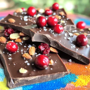 - 2 cups dark chocolate chips - 1 cup dried cranberries, roughly chopped - 1 cup roasted almonds, coarsely chopped - ½ teaspoon flaky sea salt - 1 tablespoon coconut oil (for extra sheen) - ½ teaspoon pure vanilla extract - Baking sheet - Parchment paper - Microwave-safe bowl - Spatula - Refrigerator To create No-Bake Cranberry Almond Chocolate Bark, you need a few simple ingredients. The dark chocolate chips form the base. They melt down into a rich and creamy layer. The dried cranberries add a sweet and tart flavor. Roasted almonds give a nice crunch and nutty taste. You may want to include coconut oil for extra shine. It makes your chocolate look glossy and professional. Adding pure vanilla extract can boost the flavor. It brings warmth and depth to the bark. For tools, have a baking sheet ready. Line it with parchment paper to prevent sticking. A microwave-safe bowl is essential for melting chocolate. You will also need a spatula to spread the chocolate evenly. Finally, don’t forget the refrigerator. It cools and sets your bark perfectly. With these ingredients and tools, you are ready to start your sweet adventure! First, get your work area ready. Take a baking sheet and line it with parchment paper. Make sure it is big enough for the bark to spread. This step keeps the chocolate from sticking to the pan. It makes cleanup easy too! Now, let’s melt the chocolate. In a microwave-safe bowl, add the dark chocolate chips. If you want a shiny look, add the coconut oil. Heat the bowl in the microwave. Set it for 30 seconds at a time. Stir the chocolate each time you check it. Keep heating until the chocolate is smooth and melted. Be careful not to burn it! If you like, add pure vanilla extract after it melts. This will boost the flavor. Once the chocolate is ready, pour it onto the lined baking sheet. Use a spatula to spread it evenly. Aim for about a ¼ inch thick layer. Next, sprinkle the chopped almonds and dried cranberries over the warm chocolate. Press them down gently. This helps them stick better. Finally, add a light sprinkle of flaky sea salt on top. It adds a nice taste contrast. Place the baking sheet in the fridge for about an hour. This will help it harden. When it’s set, break the bark into pieces or cut squares. Enjoy your tasty treat! Melting chocolate can be tricky. First, use a microwave-safe bowl. Add your dark chocolate chips and coconut oil if you want. Heat the chocolate in short bursts. Start with 30 seconds, then stir. Repeat until the chocolate is smooth. This helps prevent burning. If you see small lumps, keep stirring. The heat will melt them away. Avoid using high heat. It can cause the chocolate to seize. For a shiny look, add a tablespoon of coconut oil. This makes the chocolate smooth and glossy. You can also add a bit of vanilla extract for flavor. Mix it in with the melted chocolate. Spread the chocolate evenly on your baking sheet. The smoother the layer, the shinier your bark will be. Remember to sprinkle the flaky sea salt while the chocolate is still warm. This helps it stick and adds a nice touch. Serve your bark in fun ways. Cut it into squares or break it into pieces. Arrange the pieces on a colorful platter. For gifts, wrap the bark in clear bags. Tie them with a ribbon for a nice finish. You can also serve it with fresh fruit or nuts. This adds to the flavor and makes a great presentation. Enjoy it as a sweet treat or share with friends! {{image_4}} You can switch up the nuts and fruits in this bark. Try cashews or pecans for a new twist. Walnuts add a rich flavor that pairs well with chocolate. For fruits, use dried cherries or apricots. Mix and match to find your favorite combo. Each change brings a fresh taste to your bark. The type of chocolate you use can change the flavor a lot. Dark chocolate is rich and bold. Milk chocolate gives a creamier, sweeter taste. White chocolate adds a sweet and light flavor. You can even mix two types for a fun surprise. Just remember to melt them carefully to avoid burning. Want to jazz up your bark? Add a pinch of cinnamon or a dash of cayenne. These spices can enhance the chocolate's depth. A sprinkle of sea salt gives a nice contrast to sweetness. You could also add a splash of orange or coffee flavor to the mix. Explore these ideas and make your bark unique! To keep your no-bake cranberry almond chocolate bark fresh, place it in an airtight container. You can layer pieces with parchment paper to prevent sticking. Store it in a cool, dry place away from heat and sunlight. This method helps maintain its texture and flavor. If you want to keep the bark longer, freezing is a great option. Wrap the bark tightly in plastic wrap, then place it in a freezer bag. This will help avoid freezer burn. When you’re ready to enjoy it, let the bark thaw in the fridge or at room temperature for about 30 minutes. When stored properly, the no-bake bark lasts about two weeks at room temperature. In the fridge, it can stay fresh for up to a month. If you freeze it, aim to eat it within three months for the best taste and texture. Enjoy every bite! Yes, you can use white chocolate. White chocolate gives a different taste. It will taste sweeter and creamier. Keep in mind that it will not have the same rich flavor as dark chocolate. If you like white chocolate, go for it! The bark takes about 1 hour to set in the fridge. Make sure to check it after an hour. You want it to be hard and not sticky. If it is still soft, let it chill for a little longer. You can use butter instead of coconut oil. It will add a nice flavor. You can also skip it if you want. Just note that it may not shine as much without oil. You can make delicious no-bake chocolate bark with simple ingredients and tools. We covered everything from main and optional ingredients to essential tools needed. After melting the chocolate and assembling your bark, you can enhance it with tips for a glossy finish and creative variations. Store it correctly to keep it fresh. These easy steps can give you tasty treats that impress. Enjoy your chocolate bark adventure and let your creativity shine!