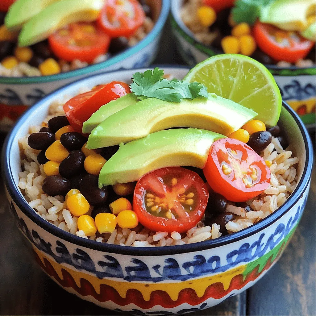 To make Chipotle Black Bean Burrito Bowls, you need: - 1 cup brown rice - 2 cups vegetable broth - 1 can (15 oz) black beans, rinsed and drained - 1 cup corn kernels (fresh or frozen) - 1 red bell pepper, diced - 1 avocado, sliced - 1/2 cup cherry tomatoes, halved - 1/2 red onion, finely chopped - 1 teaspoon ground cumin - 1 teaspoon chili powder - 1 tablespoon extra virgin olive oil - Juice of 1 lime - Salt and freshly ground pepper to taste - Fresh cilantro leaves for garnish You can use fresh or frozen corn for this recipe. Fresh corn tastes sweet and bright. Frozen corn is easy and quick to use without losing flavor. Both options work well in your burrito bowl. I often choose frozen corn for its convenience. Each serving of this burrito bowl is packed with nutrients. It provides a good source of fiber and protein from the black beans and rice. The bowl has healthy fats from the avocado. It is low in saturated fat and offers vitamins from the veggies. Overall, this dish is a balanced meal that satisfies your hunger while keeping health in mind. Start by rinsing the brown rice. Use cold water until it runs clear. This helps remove extra starch. In a medium pot, mix the rinsed rice and vegetable broth. Bring it to a boil over medium-high heat. Once it boils, lower the heat. Cover the pot and let it simmer for 35-40 minutes. The rice is done when it is tender and all the broth is absorbed. Fluff it gently with a fork to separate the grains. While the rice cooks, heat olive oil in a large skillet over medium heat. Add the diced red bell pepper and finely chopped red onion. Sauté for about 5 minutes. Stir occasionally to soften the veggies. They should smell good and look bright. Next, add the rinsed black beans and corn. Sprinkle in ground cumin and chili powder. Add salt and freshly ground pepper to taste. Stir well and cook for another 5 minutes. Ensure everything is heated through and well mixed. Once the rice is ready, divide it among four bowls. This rice serves as a hearty base. Top each bowl with the black bean and corn mixture. Arrange the toppings nicely for a colorful look. Add a few slices of avocado and halved cherry tomatoes. Squeeze fresh lime juice over everything for brightness. Just before serving, garnish with fresh cilantro leaves. This adds a nice aroma and flavor. Enjoy your tasty creation! To get the best rice, rinse it well. Rinse until the water runs clear. This step helps remove extra starch. Use vegetable broth for flavor, not just water. Cook the rice on low heat after boiling. This keeps it fluffy. If the rice feels sticky, it may need more rinsing next time. Add spices to boost taste. Ground cumin and chili powder are great choices. They give warmth and depth. Fresh lime juice adds brightness and zing. You can also try garlic powder or smoked paprika for more layers. If you love heat, add jalapeños or hot sauce. Serve your burrito bowls in colorful dishes. This makes the meal pop. Arrange toppings in neat sections for a fun look. Start with the rice, then add the black bean mix. Top with avocado, tomatoes, and cilantro. Drizzle extra lime juice over everything for a fresh touch. For creaminess, you can add sour cream or yogurt. Enjoy your beautiful creation! {{image_4}} You can switch out black beans for other proteins. Try grilled chicken or shrimp for more flavor. Tofu is a great choice for a plant-based option. Lentils also add protein and a nice texture. Choose what you love most! Want more heat? Add chopped jalapeños or a dash of hot sauce. You can also use spicy chili powder. If you prefer mild flavors, skip the spicy ingredients. Adjust the heat to suit your taste! Toppings make your burrito bowl exciting! Consider adding shredded cheese, sour cream, or guacamole. Fresh lime juice brightens the dish, too. Try adding pickled onions for a zingy twist. Get creative and mix your favorite toppings! To keep your Chipotle black bean burrito bowls fresh, use airtight containers. Divide the bowls into portions for easy access. Make sure to store the rice and toppings separately. This keeps the rice from getting mushy. Place the bowls in the fridge if you plan to eat them within a week. When you want to enjoy your leftovers, reheat the rice and black bean mixture. Use the microwave or a skillet. If using a microwave, heat in short bursts. Stir often to ensure even heating. For a skillet, add a splash of water to keep it moist. Heat on medium until warm, about 5 to 7 minutes. Meal prepping makes life easier. Cook a larger batch of rice and the bean mixture. Store in separate containers for quick meals. You can also chop veggies ahead of time. Keep them in the fridge for up to three days. This way, you can build your burrito bowls in minutes! You can use white rice, quinoa, or cauliflower rice instead of brown rice. Each option brings a unique taste and texture. White rice cooks faster and is softer. Quinoa adds a nutty flavor and more protein. Cauliflower rice is low in carbs and great for a light meal. Choose what fits your taste or diet best. Yes, this bowl is easy to make vegan. The main ingredients are already plant-based. Just skip any dairy toppings, like sour cream or cheese. You can also add more veggies or plant-based proteins. Consider using tofu or tempeh for added texture and flavor. This way, you keep it delicious and vegan-friendly! You can swap out ingredients based on your needs. Here are some ideas: - Gluten-Free: Ensure the broth is gluten-free. - Nut-Free: Avoid toppings with nuts. - Low-Carb: Use cauliflower rice instead of brown rice. - Low-Sodium: Use low-sodium broth and limit added salt. Customizing helps you enjoy your meal while staying within your diet! This post explored the essential ingredients and clear steps for creating a delicious dish. I covered how to cook brown rice, sauté veggies, and combine flavors. You learned tips for perfect texture, boosting taste, and an appealing look. I shared variations for proteins and spices to suit your taste. Lastly, I provided storage tips and answered common questions. Now, you can confidently prepare, enjoy, and share this meal in your kitchen.