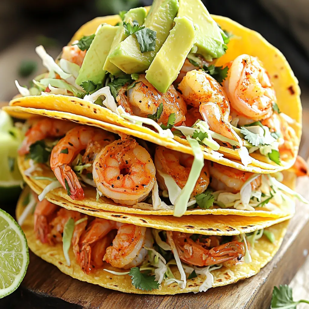 - 1 lb (450g) large shrimp, peeled and deveined - 4 tablespoons unsalted butter - 4 cloves garlic, minced - 1 teaspoon red chili flakes (adjust for your heat preference) - 1 teaspoon smoked paprika - Juice of 1 fresh lime - Salt and pepper to taste - 8 small corn or flour tortillas - 1 cup shredded cabbage (green or purple for color) - 1 ripe avocado, sliced - Fresh cilantro leaves for garnish - Lime wedges for serving You can use frozen shrimp if fresh ones are hard to find. Just thaw them first. If you don't have butter, try olive oil for cooking. Instead of fresh garlic, you can use garlic powder. For lime juice, lemon juice works too. If you want a crunch, use lettuce instead of cabbage. You can use any tortilla you like, such as whole wheat or spinach. This dish serves four. Each taco provides a good mix of protein and healthy fats. The shrimp gives you lean protein, while the avocado adds good fats. The cabbage adds fiber and crunch. Each taco has around 250 calories. It is low in carbs if you use corn tortillas. Adjust the toppings for your dietary needs. Start by mixing the shrimp in a bowl. Add a pinch of salt and pepper. Then, sprinkle in the smoked paprika and squeeze in the lime juice. Toss everything well, so the shrimp are covered. This step helps the shrimp soak up all the tasty flavors. Let them sit for about 10 minutes. This marination time is key for great taste. Next, heat a large skillet over medium heat. Add the unsalted butter and let it melt fully. After the butter melts, add minced garlic and red chili flakes. Cook this mix for 1-2 minutes. Stir often to keep the garlic from burning. You want it to be fragrant and just right. Now, raise the heat to medium-high. Carefully add the marinated shrimp to the skillet. Cook them for about 2-3 minutes on each side. Watch closely as they turn from gray to pink and opaque. If you cook too long, the shrimp can become tough. While your shrimp cooks, take another skillet. Set it over low heat to warm the tortillas. Each tortilla needs about 30 seconds on one side, then flip it. Heat the other side for another 30 seconds. This step makes them soft and easy to fold. Keep them warm by wrapping them in a clean kitchen towel. Grab a warm tortilla and lay it flat. Start by adding a good layer of shredded cabbage. Next, place a few pieces of the cooked shrimp on top. Add slices of ripe avocado for creaminess. Finally, sprinkle fresh cilantro over everything for a burst of flavor. Drizzle a bit of lime juice over your tacos for extra zest. Serve them right away with lime wedges on the side. This helps to keep the tacos fresh and bright. For a nice touch, stack the tacos on a wooden board and arrange lime wedges around them. This makes for an attractive presentation! To cook shrimp just right, focus on timing. Shrimp cook fast. Only 2-3 minutes per side is best. Look for that lovely pink color. If they curl up tightly, they are overcooked. Always start with fresh shrimp. Frozen shrimp work, but thaw them fully first. You can adjust the heat to fit your taste. Start with 1 teaspoon of red chili flakes. If you want more heat, add more flakes. You can also use hot sauce or diced jalapeños for a kick. Remember, taste as you go to find your perfect level. If you have leftovers, store them separately. Keep the shrimp, tortillas, and toppings apart. Use airtight containers for the shrimp and toppings. Wrap tortillas in foil or place them in a bag. They will stay fresh for up to two days. To reheat, warm the shrimp in a pan and tortillas in a skillet. Enjoy your tasty tacos again! {{image_4}} You can switch out shrimp for chicken or tofu. Chicken thighs work best for flavor. Just chop it into bite-sized pieces. For tofu, use firm or extra-firm. Press it to remove excess water, then cube it. Season and cook just like the shrimp. Both options absorb flavors well and make tasty tacos. Tortillas can change your taco game. Corn tortillas add a nice, earthy flavor. They are gluten-free, which suits many diets. Flour tortillas are soft and chewy. They hold more filling. You can choose based on your taste or dietary needs. Either way, warm them up for a better texture. Add exciting flavors with salsas and sauces. A fresh mango salsa gives sweetness and brightness. Try a spicy chipotle sauce for heat. You can also use a creamy avocado sauce to balance the spice. Don't forget to add fresh lime juice for a zesty kick. Mix and match these additions for endless fun! To keep leftover ingredients fresh, store shrimp and toppings separately. Place the cooked shrimp in an airtight container. Add a small piece of parchment paper to absorb moisture. For the avocado, squeeze lime juice on it to prevent browning. Store shredded cabbage in another container. This will keep it crunchy. Use glass or BPA-free plastic containers. These are safe and easy to clean. Make sure the containers have tight lids. This helps keep air out, which can spoil your food. You can freeze the tacos for a quick meal later. Wrap each taco in plastic wrap tightly. Then place them in a freezer bag. Remove as much air as possible. They can last up to three months. When ready to eat, just thaw in the fridge overnight and reheat. You can prepare some parts ahead of time. The shrimp is best fresh. You can marinate the shrimp up to 30 minutes before cooking. The garlic butter sauce can also be made ahead. Just reheat it before adding the shrimp. Keep the tortillas warm in a towel until ready to serve. These tacos pair well with various sides. I love serving them with: - Mexican rice - Refried beans - Fresh salsa - Guacamole - A side salad These add flavor and balance to the meal. To make these tacos gluten-free, use corn tortillas. They are naturally gluten-free. If you want, you can make your own tortillas with corn flour. Always check labels on store-bought items. Some may have gluten or cross-contamination. Marinating shrimp is not strictly necessary. However, it adds flavor and enhances the dish. Even 10 minutes helps the shrimp soak up the spices and lime juice. If you're in a rush, you can skip this step, but I don’t recommend it. Cooking shrimp is quick and easy. It usually takes about 4 to 6 minutes total. Cook them for 2 to 3 minutes on each side. You want the shrimp to be pink and opaque. Overcooking can make them tough, so keep an eye on them! In this post, we explored everything about spicy garlic butter shrimp tacos. You learned about key ingredients, simple steps, and helpful tips. Each section provided ways to customize and store your tacos for later enjoyment. Remember, you can switch proteins or enjoy different tortillas. No matter how you make them, these tacos offer flavor and fun. Now, get cooking and enjoy your tasty creation!