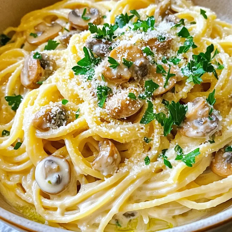 - 200g spaghetti or your choice of pasta - 250g mushrooms, thinly sliced (button or cremini recommended) - 3 cloves garlic, finely minced - 1 cup heavy cream - 1 tablespoon extra virgin olive oil - 1 tablespoon unsalted butter - 1/2 teaspoon dried Italian herbs - Salt and freshly ground black pepper to taste - Fresh parsley, chopped (for garnish) - Grated Parmesan cheese, for serving The heart of this dish lies in its simple yet flavorful ingredients. The mushrooms give it an earthy flavor, while the cream adds richness. Garlic brings a great aroma, making the dish irresistible. You can use various types of pasta for this recipe. Spaghetti is a classic choice. Other great options include fettuccine, penne, or even gluten-free varieties. Each type brings its own texture and character to the dish. Choose what you love best! To elevate the dish, consider adding fresh herbs like basil or thyme. A pinch of red pepper flakes adds heat. For garnishing, fresh parsley adds color and a fresh taste. Grated Parmesan gives a salty, nutty finish that ties everything together. Start by filling a large pot with water. Add a generous amount of salt to enhance the flavor. Bring the water to a rolling boil. Add 200g of spaghetti or your choice of pasta. Cook according to the package instructions until it is al dente. Before draining, reserve about 1/2 cup of the starchy pasta water. Once cooked, drain the pasta and set it aside in a large bowl. In a spacious skillet, heat 1 tablespoon of extra virgin olive oil and 1 tablespoon of unsalted butter over medium heat. When the butter melts and bubbles, add 250g of thinly sliced mushrooms. Sauté them for about 5 minutes. Stir occasionally until they turn golden brown and tender. Next, reduce the heat to medium-low. Add 3 cloves of finely minced garlic to the skillet. Sauté for an additional 1-2 minutes. Stir frequently until the garlic becomes fragrant. Be careful not to let it burn. Now, pour in 1 cup of heavy cream and mix it well with the mushrooms and garlic. Add 1/2 teaspoon of dried Italian herbs. Season with salt and freshly ground black pepper to taste. Let the sauce simmer for 2-3 minutes, stirring occasionally until it thickens and becomes creamy. Now it’s time to combine! Add the drained spaghetti to the creamy mushroom sauce in the skillet. Toss everything gently. Ensure each strand of pasta is well-coated in the sauce. If the sauce is too thick, gradually add the reserved pasta water. Do this a little at a time until you reach your desired consistency. Remove the skillet from heat. Serve the pasta immediately. Garnish with chopped fresh parsley and a shower of grated Parmesan cheese for a delightful finish. For an elegant touch, consider drizzling a bit of high-quality olive oil over the dish before serving. Enjoy your creamy garlic mushroom pasta! To achieve a creamier sauce, use heavy cream. It gives the sauce a rich taste. You can also add a splash of pasta water to adjust the thickness. This starchy water helps the sauce cling to the pasta. If you want a tangy twist, mix in some cream cheese or sour cream. These will make your dish even more delicious. Start with a hot skillet for sautéing mushrooms. This helps them brown better. Use enough oil and butter to coat the pan. Don't overcrowd the mushrooms; this keeps them from steaming. Cook them until they turn golden brown and tender. Stir them often for even cooking. This enhances their flavor and texture. Serve your pasta in wide, shallow bowls for an elegant look. Before adding cheese and parsley, drizzle olive oil on top. This adds flavor and makes the dish shine. Use freshly chopped parsley for color and freshness. A sprinkle of grated Parmesan cheese adds a nice touch. Remember, we eat with our eyes first! {{image_4}} You can make this dish heartier by adding protein. Chicken or shrimp work great. For chicken, use cooked, diced breast and add it during the sauce step. For shrimp, sauté them with the mushrooms. They only need a few minutes to cook. This adds flavor and a satisfying texture. If you want a vegetarian option, skip the meat and focus on the mushrooms. For a vegan version, replace the heavy cream with coconut milk or cashew cream. Use vegan butter and omit Parmesan or use a vegan cheese. You still get a creamy, delicious pasta that everyone will love. You can boost the flavor with spices. Try adding red pepper flakes for heat or smoked paprika for depth. Other vegetables, like spinach or sun-dried tomatoes, can add color and taste. Just sauté them with the mushrooms. This makes the dish more vibrant and exciting. To keep your creamy garlic mushroom pasta fresh, let it cool first. Place the pasta in an airtight container. Make sure to seal it well. Store it in the fridge for up to three days. If you want to keep it longer, consider freezing. When reheating, add a splash of water or milk. This helps keep the pasta moist. Use a skillet over low heat. Stir gently until heated through. You can also use a microwave, but cover it to avoid drying out the pasta. You can freeze the creamy sauce alone. Let it cool, then pour it into a freezer-safe bag. Remove excess air before sealing. This sauce can last up to three months. When ready to use, thaw it overnight in the fridge or warm it gently on the stove. Yes, you can use many types of pasta. Spaghetti works well, but feel free to get creative. Fettuccine, penne, or even gluten-free pasta are great options. Each type brings its own texture and fun to the dish. Just keep an eye on the cooking time, as it may vary. If you don't have heavy cream, there are good substitutes. You can use half-and-half for a lighter version. Alternatively, try coconut milk for a dairy-free option. Just remember that these swaps might change the flavor a bit. Al dente means "to the tooth." The pasta should be firm but not hard. To check, taste a piece a minute or two before the package time ends. If it has a slight bite, it's just right for this creamy garlic mushroom pasta. Yes, you can prep some parts in advance. Cook the pasta and sauté the mushrooms ahead of time. Just store them separately in the fridge. When you're ready to eat, heat the sauce and mix everything together. This makes for a quick and easy meal later on. This blog post covered everything you need for creamy garlic mushroom pasta. We looked at the key ingredients, pasta types, and ways to elevate your dish with extra seasonings and garnishes. You now have step-by-step instructions and helpful tips to make it perfect. We also explored tasty variations and storage methods. In short, this dish is versatile and easy to make. Enjoy experimenting with it to find your favorite style. Cooking can be fun, so get creative in your kitchen!