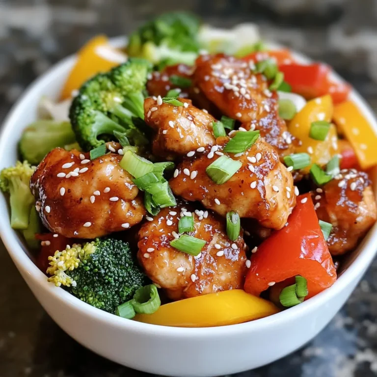 - 1 pound boneless, skinless chicken thighs, thinly sliced into strips - 2 cups mixed bell peppers (red, yellow, green), sliced into strips - 2 cups broccoli florets, cut into bite-sized pieces - 2 tablespoons sesame oil, divided - 1/4 cup low-sodium soy sauce - 1 tablespoon honey - 2 cloves garlic, minced - 1 tablespoon fresh ginger, finely grated - 2 green onions, chopped - Sesame seeds {{ingredient_image_2}} Start by taking a mixing bowl. Add the sliced chicken thighs. Pour in half the sesame oil. Then, add the soy sauce, honey, minced garlic, and grated ginger. Mix well to coat all the chicken. Let it sit for 15 to 20 minutes. This step is key. It allows the flavors to soak in. Next, heat a large wok or skillet over medium-high heat. Add the remaining sesame oil. When the oil shimmers, place the marinated chicken in a single layer. Stir-fry for 5 to 7 minutes. Cook until the chicken turns brown and is no longer pink inside. Remove the chicken and set it aside on a plate. Cover it to keep warm. Now, in the same skillet, add the sliced bell peppers, onion, and broccoli florets. Stir-fry these vegetables for about 4 to 5 minutes. You want them tender but still crisp. Keeping their bright color is important for both taste and look. Return the cooked chicken to the skillet with the veggies. Pour in the reserved marinade. Bring it to a gentle simmer. Stir in the cornstarch mixture. This will thicken the sauce. Cook for an extra 1 to 2 minutes, until the sauce coats everything well. Finally, remove from heat. Garnish with chopped green onions and sesame seeds for a tasty finish. To get the best flavor, marinate the chicken longer. A good marination time is 30 minutes to an hour. This lets the chicken soak up all the tasty flavors. You can even marinate it overnight. Just keep it in the fridge. The longer it sits, the more the garlic, ginger, and soy sauce will mix into the meat. For even cooking, cut the chicken and veggies into similar sizes. This way, everything cooks at the same rate. Start with the chicken first. Make sure your skillet is hot before adding the chicken. This helps it brown nicely. Stir the chicken often. It helps prevent it from sticking and ensures even cooking. When you add the veggies, don’t overcrowd the pan. Cook them in batches if needed. Serve your Sesame Ginger Chicken Stir Fry with fluffy steamed rice or noodles. These sides soak up the sauce and balance the meal. You can also add a side of fresh salad or spring rolls for crunch. For an extra touch, drizzle with more sesame oil before serving. Enjoy this dish family-style in a big bowl. It looks great and invites everyone to dig in! Pro Tips Marinate for Maximum Flavor: Allow the chicken to marinate for at least 20 minutes to enhance the flavor. For even better results, marinate it overnight in the refrigerator. High Heat is Key: Ensure your skillet or wok is hot enough before adding the chicken. This helps achieve a nice sear and keeps the chicken juicy. Use Fresh Ingredients: Fresh ginger and garlic make a significant difference in flavor. Try to use freshly minced garlic and finely grated ginger for the best taste. Customize Your Veggies: Feel free to swap in your favorite vegetables based on what's in season or what you have on hand. Snap peas, carrots, and snow peas are great alternatives. {{image_4}} You can swap the chicken for shrimp or tofu. Shrimp cooks fast and adds a nice flavor. Use about 1 pound of shrimp, peeled and deveined. Stir-fry the shrimp for 3 to 4 minutes until pink. For tofu, use firm or extra-firm tofu. Press it to remove extra water, then cut it into cubes. Stir-fry the tofu until golden brown, about 5 to 7 minutes. Both options keep the dish fresh and tasty. Feel free to change up the vegetables based on what you have. Seasonal veggies like snap peas, carrots, or zucchini work great. You can add mushrooms for a meaty texture or bok choy for a nice crunch. Just remember to keep the colors bright for a beautiful dish. Aim for 4 cups of mixed vegetables to keep it balanced and healthy. To make the stir fry even better, add spices or sauces. A pinch of red pepper flakes can spice things up. You can also drizzle in some sriracha for a kick. If you love sweetness, add a bit more honey or even some orange juice for a citrus touch. These small changes can really elevate the taste of your dish. Experiment to find your perfect blend! To store your leftover Sesame Ginger Chicken Stir Fry, place it in an airtight container. Make sure to cool it to room temperature before sealing. This helps prevent moisture buildup. Refrigerate the stir fry within two hours to keep it safe to eat. It’s best to enjoy it within three to four days. If you want to save the stir fry for later, freezing is a great option. Divide it into smaller portions and use freezer-safe containers or bags. Remove as much air as possible to avoid freezer burn. For best quality, eat it within three months. When ready to eat, thaw it in the fridge overnight. Reheat it in a pan over medium heat until hot. In the fridge, Sesame Ginger Chicken Stir Fry lasts about three to four days. If you freeze it, aim to eat it within three months for the best flavor. Always check for any signs of spoilage before eating, like off smells or changes in texture. Yes, you can use chicken breasts instead of thighs. Chicken breasts are leaner and cook faster. They can work well in this recipe. However, chicken thighs provide more flavor and stay moist. If you prefer a tender bite, stick with thighs. If you want a gluten-free option, try tamari sauce. It tastes similar but lacks gluten. For a low-sodium choice, use reduced-sodium soy sauce. Coconut aminos is also a great option. It’s sweet and less salty, making it a nice alternative. To add heat, include red pepper flakes while cooking. Start with a small amount and adjust to taste. You can also use sriracha or chili oil for extra spice. For a fresh kick, slice up fresh jalapeños and toss them in during the stir-fry. You can now cook a tasty Sesame Ginger Chicken Stir Fry with ease. We covered the main ingredients, like chicken thighs and colorful veggies. Together, they make a great meal. Marinating adds flavor, while stir-frying keeps everything crisp. Feel free to try different proteins and vegetables to match your taste. Remember to store leftovers properly for later enjoyment. This dish is not just easy; it’s also versatile. You now have the tools to create a wonderful meal at home. Enjoy your cooking!