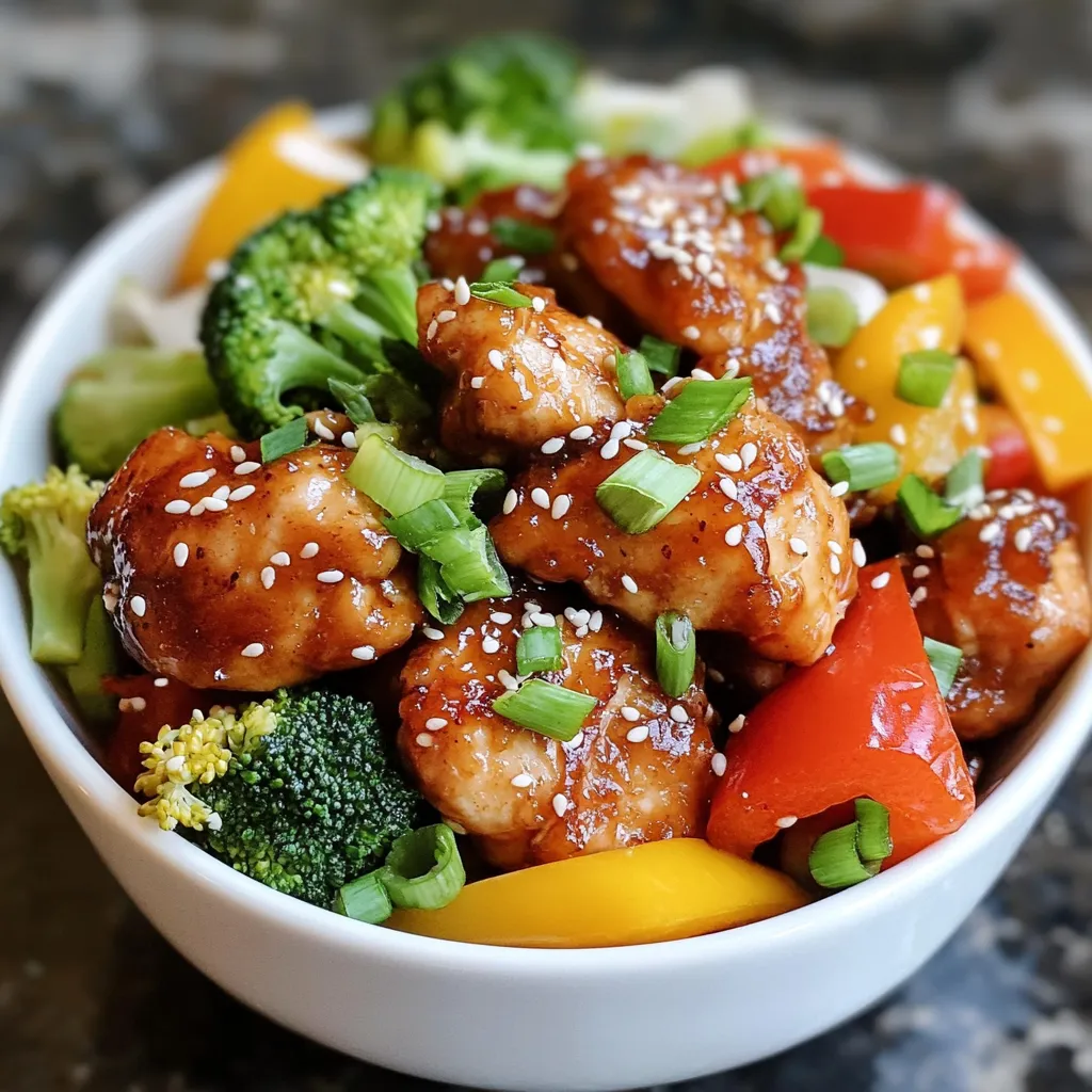 - 1 pound boneless, skinless chicken thighs, thinly sliced into strips - 2 cups mixed bell peppers (red, yellow, green), sliced into strips - 2 cups broccoli florets, cut into bite-sized pieces - 2 tablespoons sesame oil, divided - 1/4 cup low-sodium soy sauce - 1 tablespoon honey - 2 cloves garlic, minced - 1 tablespoon fresh ginger, finely grated - 2 green onions, chopped - Sesame seeds {{ingredient_image_2}} Start by taking a mixing bowl. Add the sliced chicken thighs. Pour in half the sesame oil. Then, add the soy sauce, honey, minced garlic, and grated ginger. Mix well to coat all the chicken. Let it sit for 15 to 20 minutes. This step is key. It allows the flavors to soak in. Next, heat a large wok or skillet over medium-high heat. Add the remaining sesame oil. When the oil shimmers, place the marinated chicken in a single layer. Stir-fry for 5 to 7 minutes. Cook until the chicken turns brown and is no longer pink inside. Remove the chicken and set it aside on a plate. Cover it to keep warm. Now, in the same skillet, add the sliced bell peppers, onion, and broccoli florets. Stir-fry these vegetables for about 4 to 5 minutes. You want them tender but still crisp. Keeping their bright color is important for both taste and look. Return the cooked chicken to the skillet with the veggies. Pour in the reserved marinade. Bring it to a gentle simmer. Stir in the cornstarch mixture. This will thicken the sauce. Cook for an extra 1 to 2 minutes, until the sauce coats everything well. Finally, remove from heat. Garnish with chopped green onions and sesame seeds for a tasty finish. To get the best flavor, marinate the chicken longer. A good marination time is 30 minutes to an hour. This lets the chicken soak up all the tasty flavors. You can even marinate it overnight. Just keep it in the fridge. The longer it sits, the more the garlic, ginger, and soy sauce will mix into the meat. For even cooking, cut the chicken and veggies into similar sizes. This way, everything cooks at the same rate. Start with the chicken first. Make sure your skillet is hot before adding the chicken. This helps it brown nicely. Stir the chicken often. It helps prevent it from sticking and ensures even cooking. When you add the veggies, don’t overcrowd the pan. Cook them in batches if needed. Serve your Sesame Ginger Chicken Stir Fry with fluffy steamed rice or noodles. These sides soak up the sauce and balance the meal. You can also add a side of fresh salad or spring rolls for crunch. For an extra touch, drizzle with more sesame oil before serving. Enjoy this dish family-style in a big bowl. It looks great and invites everyone to dig in! Pro Tips Marinate for Maximum Flavor: Allow the chicken to marinate for at least 20 minutes to enhance the flavor. For even better results, marinate it overnight in the refrigerator. High Heat is Key: Ensure your skillet or wok is hot enough before adding the chicken. This helps achieve a nice sear and keeps the chicken juicy. Use Fresh Ingredients: Fresh ginger and garlic make a significant difference in flavor. Try to use freshly minced garlic and finely grated ginger for the best taste. Customize Your Veggies: Feel free to swap in your favorite vegetables based on what's in season or what you have on hand. Snap peas, carrots, and snow peas are great alternatives. {{image_4}} You can swap the chicken for shrimp or tofu. Shrimp cooks fast and adds a nice flavor. Use about 1 pound of shrimp, peeled and deveined. Stir-fry the shrimp for 3 to 4 minutes until pink. For tofu, use firm or extra-firm tofu. Press it to remove extra water, then cut it into cubes. Stir-fry the tofu until golden brown, about 5 to 7 minutes. Both options keep the dish fresh and tasty. Feel free to change up the vegetables based on what you have. Seasonal veggies like snap peas, carrots, or zucchini work great. You can add mushrooms for a meaty texture or bok choy for a nice crunch. Just remember to keep the colors bright for a beautiful dish. Aim for 4 cups of mixed vegetables to keep it balanced and healthy. To make the stir fry even better, add spices or sauces. A pinch of red pepper flakes can spice things up. You can also drizzle in some sriracha for a kick. If you love sweetness, add a bit more honey or even some orange juice for a citrus touch. These small changes can really elevate the taste of your dish. Experiment to find your perfect blend! To store your leftover Sesame Ginger Chicken Stir Fry, place it in an airtight container. Make sure to cool it to room temperature before sealing. This helps prevent moisture buildup. Refrigerate the stir fry within two hours to keep it safe to eat. It’s best to enjoy it within three to four days. If you want to save the stir fry for later, freezing is a great option. Divide it into smaller portions and use freezer-safe containers or bags. Remove as much air as possible to avoid freezer burn. For best quality, eat it within three months. When ready to eat, thaw it in the fridge overnight. Reheat it in a pan over medium heat until hot. In the fridge, Sesame Ginger Chicken Stir Fry lasts about three to four days. If you freeze it, aim to eat it within three months for the best flavor. Always check for any signs of spoilage before eating, like off smells or changes in texture. Yes, you can use chicken breasts instead of thighs. Chicken breasts are leaner and cook faster. They can work well in this recipe. However, chicken thighs provide more flavor and stay moist. If you prefer a tender bite, stick with thighs. If you want a gluten-free option, try tamari sauce. It tastes similar but lacks gluten. For a low-sodium choice, use reduced-sodium soy sauce. Coconut aminos is also a great option. It’s sweet and less salty, making it a nice alternative. To add heat, include red pepper flakes while cooking. Start with a small amount and adjust to taste. You can also use sriracha or chili oil for extra spice. For a fresh kick, slice up fresh jalapeños and toss them in during the stir-fry. You can now cook a tasty Sesame Ginger Chicken Stir Fry with ease. We covered the main ingredients, like chicken thighs and colorful veggies. Together, they make a great meal. Marinating adds flavor, while stir-frying keeps everything crisp. Feel free to try different proteins and vegetables to match your taste. Remember to store leftovers properly for later enjoyment. This dish is not just easy; it’s also versatile. You now have the tools to create a wonderful meal at home. Enjoy your cooking!
