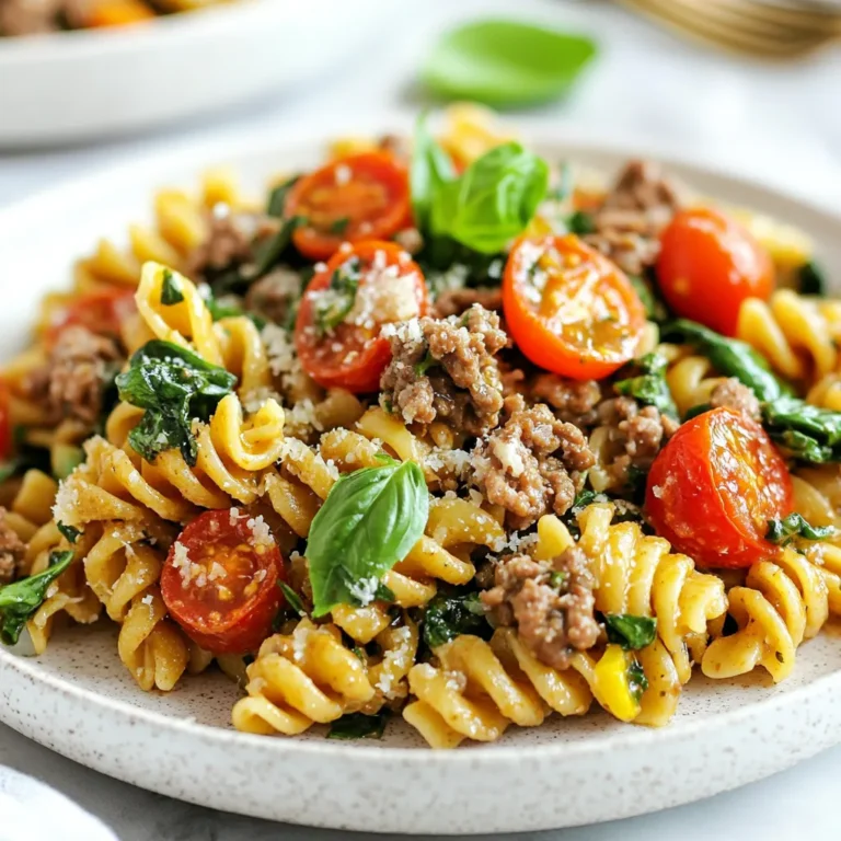 To make High Protein Beef Pasta, gather these simple ingredients: - 8 oz whole wheat pasta - 1 lb lean ground beef - 1 cup cottage cheese - 1 cup spinach, chopped - 1 cup cherry tomatoes, halved - 2 cloves garlic, minced - 1 tablespoon olive oil - 2 teaspoons Italian seasoning - Salt and pepper to taste - Fresh basil leaves, for garnish These ingredients come together to create a hearty meal that is both filling and nutritious. You can easily modify this recipe to fit your needs: - Pasta: Use gluten-free pasta if needed. - Beef: Substitute lean ground turkey or chicken for a lighter option. - Cottage cheese: Swap with ricotta or vegan cheese for dairy-free. - Spinach: Kale or Swiss chard work well instead. - Tomatoes: Any fresh vegetable can add flavor, like bell peppers or zucchini. These substitutions keep your dish tasty while meeting your dietary goals. This recipe serves four. Here’s what you get per serving: - Calories: Approximately 400 - Protein: About 30 grams - Fat: Roughly 10 grams - Carbohydrates: Around 50 grams - Fiber: About 7 grams This meal is packed with protein, making it great for muscle repair and energy. {{ingredient_image_2}} Start by boiling water in a large pot. Add a pinch of salt to the water. Once it boils, add 8 oz of whole wheat pasta. Cook it according to the package directions. You want the pasta to be al dente, which means firm but not hard. This usually takes about 8-10 minutes. When done, drain the pasta and set it aside. In a big skillet, heat 1 tablespoon of olive oil over medium heat. Add 2 minced garlic cloves and cook for about 30 seconds. You want the garlic to smell good but not burn. Next, add 1 lb of lean ground beef. Use a spatula to break it up as it cooks. Cook it for 5-7 minutes until the beef is browned and fully cooked. If there’s extra fat, drain it off to keep the dish healthy. Now, it’s time to mix everything! Add 1 cup of halved cherry tomatoes and 1 cup of chopped spinach to the beef. Sprinkle in 2 teaspoons of Italian seasoning. Stir everything together and let it cook for another 3-5 minutes. This will help the spinach wilt and the tomatoes soften. After that, add the cooked pasta to the skillet. Mix well to combine all the flavors. Finally, remove the skillet from the heat and gently fold in 1 cup of cottage cheese. This makes the dish creamy and adds protein. Season with salt and pepper to taste. Serve the pasta on plates and top with fresh basil leaves for a burst of flavor! To boost protein in your beef pasta, use lean ground beef. This meat has less fat and more protein. You can also add cottage cheese for creaminess and extra protein. Mixing in beans or lentils can help too. These options keep the dish tasty and nutritious. Cook your pasta just right. Use salted water and aim for al dente. This means it should be firm but cooked through. For the beef, brown it well for flavor. Don't rush this step. Add garlic early to infuse its nice aroma. Mix in the spinach last to keep it bright and fresh. Store leftovers in airtight containers. This keeps them fresh for up to three days. Reheat gently on the stove or in the microwave. Add a splash of water to avoid dryness. If you want to freeze, portion the pasta. Use freezer bags to save space and keep them fresh. Pro Tips Cook the Pasta Al Dente: This ensures that the pasta holds its shape and provides a nice texture in the dish. Use Lean Ground Beef: Opt for at least 90% lean ground beef to reduce excess fat and calories without sacrificing flavor. Add More Veggies: Feel free to include additional vegetables like bell peppers or zucchini for extra nutrition and flavor. Customize Your Seasoning: Adjust the Italian seasoning according to your taste; adding a pinch of red pepper flakes can give it a nice kick. {{image_4}} You can enjoy this dish while being gluten-free. Simply swap the whole wheat pasta for gluten-free pasta. Many brands offer great options made from rice, quinoa, or chickpeas. These alternatives keep the meal tasty and healthy. Just make sure to check the cooking time on the package, as it may differ. If you prefer a vegetarian meal, you can replace the beef with plant-based protein. Try using lentils, chickpeas, or a meat substitute made from soy. These options add protein and fiber. You can also use ricotta cheese instead of cottage cheese for a creamy texture and added flavor. Adding more vegetables can enhance the nutrition of your dish. Consider mixing in bell peppers, zucchini, or carrots. These veggies add color, crunch, and flavor. You can sauté them with garlic and olive oil before adding to the pasta. This keeps your meal fresh and vibrant. You can also toss in some broccoli or peas for a pop of green. Enjoy exploring different combos to keep your meals exciting! To keep your high protein beef pasta fresh, store it in an airtight container. Make sure to cool the pasta to room temperature first. This helps prevent moisture build-up. Place the container in the fridge. It will stay good for about 3 to 4 days. If you want to enjoy it later, freezing is a great option. When reheating, you can use a microwave or stovetop. If using a microwave, place a portion in a bowl. Add a splash of water to keep it moist. Heat it in 30-second bursts, stirring in between. If you prefer the stovetop, put the pasta in a pan over low heat. Stir often until it’s heated through. If you decide to freeze your beef pasta, make sure it’s in a freezer-safe container. This helps avoid freezer burn. It can last up to 3 months in the freezer. When you're ready to eat, thaw it in the fridge overnight. Then, reheat as described above. Enjoy your meal without wasting any leftovers! For high protein recipes, I recommend using whole wheat pasta. It has more fiber and protein than regular pasta. Other great options include chickpea or lentil pasta. These types boost the protein content even more. You can also try high-protein egg noodles. They taste great and help you feel full longer. Yes, you can use other types of meat. Ground turkey or chicken works well in this dish. They are lean and still provide good protein. If you want a different flavor, try ground pork. For a vegetarian option, use plant-based meat or mushrooms. Both add a nice texture and flavor. To make this dish lower in calories, reduce the amount of olive oil. You can also use a smaller amount of cottage cheese. Try substituting low-fat cottage cheese for a lighter option. Add more vegetables like zucchini or bell peppers to bulk it up. This adds nutrients without many calories. Plus, you’ll enjoy a colorful meal! This blog post covered how to make a high-protein beef pasta dish. We looked at ingredients, step-by-step instructions, tips to improve the meal, and variations to suit different diets. I also shared storage info and answered common questions. Cooking this dish can be fun and rewarding. With these tips, you can enjoy a tasty meal that's perfect for your needs. Find the best choices for your diet, and remember, cooking is all about experimentation and enjoyment!