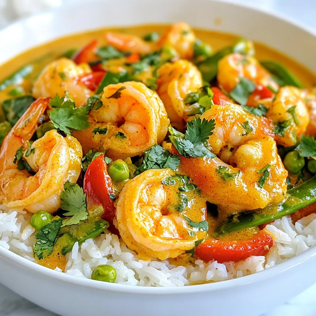 - 1 pound large shrimp, peeled and deveined - 1 can (14 oz) coconut milk - 2 tablespoons red curry paste - 1 tablespoon ginger, freshly grated - 2 garlic cloves, minced - 1 medium onion, finely chopped - 1 bell pepper (red or yellow), sliced into thin strips - 1 cup snap peas, trimmed and cleaned - 1 tablespoon freshly squeezed lime juice - 1 tablespoon fish sauce (substitute with soy sauce for vegetarian option) - 2 tablespoons vegetable oil (such as canola or sunflower) - Fresh cilantro, for garnish - Salt and pepper to taste You can switch ingredients based on your taste. For a vegetarian dish, use tofu or chickpeas instead of shrimp. You can also swap fish sauce with soy sauce for a vegan option. If you don't have red curry paste, use green curry paste. Coconut milk can be replaced with almond milk, but the flavor will change. For a spicier dish, add more curry paste or some chili flakes. This recipe serves four people. Each serving has around: - Calories: 350 - Protein: 24g - Carbohydrates: 15g - Fat: 22g - Fiber: 3g - Sugar: 4g This dish is rich in protein from the shrimp. It also has healthy fats from the coconut milk and offers vitamins from the veggies. Enjoy this meal as part of a balanced diet! {{ingredient_image_2}} Before you start cooking, gather all your ingredients. This will make the process smooth and easy. You need: - 1 pound large shrimp, peeled and deveined - 1 can (14 oz) coconut milk - 2 tablespoons red curry paste - 1 tablespoon ginger, freshly grated - 2 garlic cloves, minced - 1 medium onion, finely chopped - 1 bell pepper (red or yellow), sliced into thin strips - 1 cup snap peas, trimmed and cleaned - 1 tablespoon freshly squeezed lime juice - 1 tablespoon fish sauce (or soy sauce) - 2 tablespoons vegetable oil - Fresh cilantro for garnish - Salt and pepper to taste 1. Heat the vegetable oil in a large skillet over medium heat. Wait until it shimmers. 2. Add the chopped onion and sliced bell pepper. Cook for 4-5 minutes until soft and the onion is clear. 3. Stir in the minced garlic and grated ginger. Cook for one more minute until fragrant. 4. Mix in the red curry paste. Let it cook for 2 minutes to deepen the flavor. 5. Pour in the coconut milk slowly. Stir well to mix in the curry paste. Bring to a gentle simmer. 6. Add the shrimp to the skillet. Cook for 3-4 minutes until the shrimp turns pink and opaque. 7. Toss in the snap peas, lime juice, and fish sauce or soy sauce. Cook for 2-3 minutes until the peas are tender yet bright. 8. Season with salt and pepper to taste. Adjust as needed. Remove from heat. 9. Serve over rice or noodles. Garnish with fresh cilantro for added flavor and color. - Use fresh shrimp for the best taste. Frozen shrimp works too; just thaw it first. - Adjust the curry paste amount for your spice preference. Add more for extra heat! - Serve hot for the best flavor. It tastes great with lime wedges on the side. - For a fun twist, add vegetables like broccoli or carrots. They add crunch and color. To make your curry shine, balance is key. Use the right amount of salt to enhance flavors. A splash of lime juice adds brightness. If it tastes too spicy, add more coconut milk to cool it down. Taste as you go. Adjust to your liking. Garnishes make your dish more appealing. Fresh cilantro adds color and freshness. Lime wedges offer an extra tang. You can also add sliced red chili for a pop of color. Serve in a deep bowl for a stunning look. Store leftovers in an airtight container. Keep in the fridge for up to three days. To reheat, use a skillet over low heat. Stir gently until warm. Avoid microwaving, as it can overcook the shrimp. Enjoy your delicious curry again! Pro Tips Use Fresh Ingredients: Fresh shrimp, ginger, and vegetables will elevate the flavor of your curry and enhance the overall dish. Adjust Spice Levels: If you prefer a milder curry, reduce the amount of red curry paste or add more coconut milk to tone down the heat. Perfectly Cook Shrimp: Cook the shrimp just until they turn pink and opaque; overcooking can make them tough and rubbery. Garnish with Purpose: Fresh cilantro not only adds color but also a burst of flavor; consider adding lime wedges for an extra zesty finish. {{image_4}} You can easily make this dish vegetarian or vegan. Simply swap the shrimp for firm tofu or chickpeas. Use soy sauce instead of fish sauce for a plant-based option. The coconut milk and red curry paste still give great flavor. You can add more vegetables like mushrooms, zucchini, or spinach. These will add texture and taste without losing the essence of the curry. If you like heat, add more red curry paste. A pinch of red pepper flakes can also spice things up. For a milder dish, use less curry paste and some coconut cream. You can also add a bit of sugar to balance the heat. Taste as you go to find the perfect level for you. Serve your spicy coconut curry shrimp over warm rice or noodles. Jasmine rice or rice noodles work well. You can add fresh cilantro on top for a burst of flavor. Lime wedges on the side add a zesty touch. Consider pairing it with a simple salad or some steamed veggies for a complete meal. Enjoy experimenting with these variations! To store leftovers, let the curry cool down first. Then, place it in an airtight container. You can keep it in the fridge for up to three days. Make sure to seal it well to prevent any strong smells in your fridge. If you want to freeze your spicy coconut curry shrimp, use a freezer-safe container. Divide the curry into portions for easy use later. It can last in the freezer for up to two months. When you're ready to eat, thaw it overnight in the fridge before reheating. To reheat the curry, place it in a skillet over low heat. Stir it often to warm it evenly. You can add a splash of coconut milk if it seems too thick. Another option is to microwave it in a bowl. Cover the bowl loosely and heat for one to two minutes. Stir halfway to ensure it heats through. Always check the temperature before serving to make sure it’s hot. Red curry paste is a mix of spices and herbs. It usually has chili, garlic, lemongrass, and ginger. This paste gives your dish a rich, spicy flavor. To use it, simply stir it into your sautéed veggies. Let it cook for a few minutes to release its aroma. Then, add coconut milk for a creamy sauce. Yes, you can use frozen shrimp. Just make sure to thaw it first. You can thaw shrimp by placing it in cold water for about 15 minutes. After thawing, peel and devein if needed. Then, you can follow the recipe as usual. This dish pairs well with rice or noodles. Fluffy jasmine rice is a great choice. You can also serve it with crusty bread to soak up the sauce. For a fresh touch, add a side salad or steamed veggies. To reduce the spice, use less red curry paste. Start with one tablespoon instead of two. You can also add more coconut milk to balance the heat. Adding sugar or honey can help, too. These adjustments will make the dish milder while keeping it tasty. In this blog post, I covered the key ingredients for Spicy Coconut Curry Shrimp, including substitutions and nutritional info. I shared a step-by-step guide for cooking and tips to balance flavors. We also explored vegetarian options, spice adjustments, and serving ideas. Remember, storing and reheating properly can keep this dish tasty. Enjoy experimenting with the recipe and making it your own. Happy cooking!